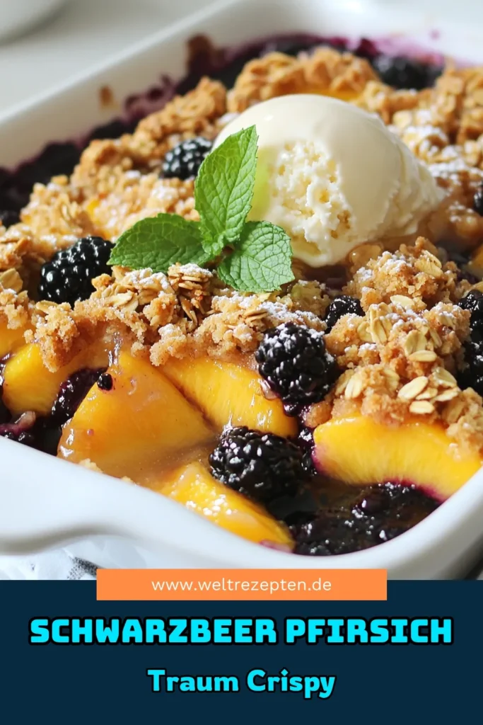 Genießen Sie unseren köstlichen Schwarzbeer-Pfirsich-Crisp! Dieses einfache Pfirsich-Crisp Rezept vereint süße Schwarzbeeren und saftige Pfirsiche in einem fruchtigen Auflauf, der mit knusprigen Haferflocken belegt ist. Perfekt für jedes Dessert-Liebhaber, dieser Haferflocken Crisp ist ein Genuss, den Sie nicht verpassen sollten. Probieren Sie es jetzt aus und teilen Sie Ihre Kreationen! #SchwarzbeerPfirsichCrisp #DessertRezepte #Haferflocken #fruchtigerAuflauf