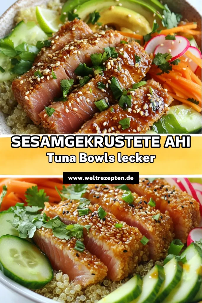 Entdecken Sie die köstliche Welt der Ahi Thunfisch Bowls! Unser Rezept für Sesam Crusted Thunfisch kombiniert zarten Thunfisch mit nahrhaftem Quinoa für eine perfekte gesunde Thunfischgerichte. Diese asiatische Bowl Rezepte sind nicht nur einfach zuzubereiten, sondern auch reich an Aromen. Lassen Sie sich inspirieren und probieren Sie es aus! Speichern Sie es für später! #AhiThunfischBowl #GesundeThunfischgerichte #QuinoaBowlRezept #AsiatischeBowlRezepte