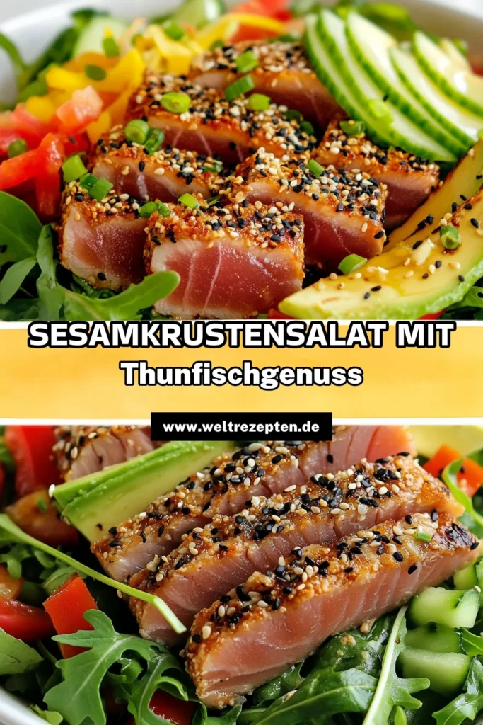 Entdecken Sie unser köstliches Ahi-Thunfisch Rezept für einen frischen Sesamkrustensalat! Dieser gesunde Salat mit Thunfisch und Avocado ist perfekt für ein leichtes Mittagessen oder als elegante Vorspeise. Mit aromatischen asiatischen Salaten Rezepten bringen Sie Abwechslung auf den Tisch. Probiere es aus und genieße die Kombination aus zartem Thunfisch und knackigem Gemüse. Speichern Sie dieses Rezept für Ihren nächsten Kochabend! #Sesamkrustensalat #Thunfischsalat #GesundeRezepte #AsiatischeKüche