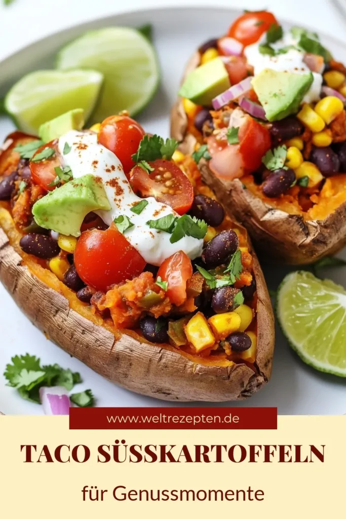 Entdecke dieses köstliche Rezept für Süßkartoffel Tacos! Diese gefüllten Süßkartoffeln sind eine perfekte Mischung aus gesunden Taco Rezepten und mexikanischen Rezepten mit Süßkartoffeln. Mit einer vegetarischen Taco-Füllung aus schwarzen Bohnen und Mais sind sie nicht nur nährstoffreich, sondern auch einfach zuzubereiten. Lass dich inspirieren und probiere es aus! Speichere dieses Rezept für später! #SüßkartoffelTacos #gesundeTacoRezepte #gefüllteSüßkartoffeln #vegetarischeRezepte
