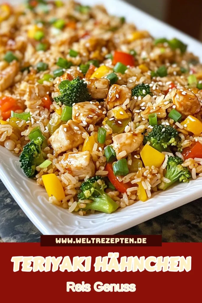 Entdecken Sie dieses köstliche Teriyaki Hähnchen Bratreis Rezept, perfekt für eine schnelle Mahlzeit. Mit Jasminreis, frischem Gemüse und magerem Hähnchen ist dieser asiatische Reis mit Gemüse nicht nur gesund, sondern auch einfach zuzubereiten. Genießen Sie den unverwechselbaren Geschmack von Bratreis mit Teriyakisauce in nur 20 Minuten. Probieren Sie es aus und bringen Sie Freude in Ihre Küche! #TeriyakiHähnchenBratreis #JasminreisRezept #schnellesHähnchenRezept #asiatischerReis
