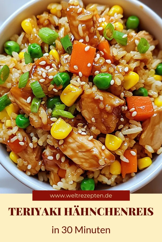 Lust auf ein einfaches und köstliches asiatisches Hähnchen Gericht? Dieses Teriyaki Hähnchen Rezept mit gebratenem Reis wird schnell zubereitet und ist perfekt für ein schnelles Abendessen. Genießen Sie cremigen Teriyaki gebratenen Reis, der mit zartem Hähnchen und buntem Gemüse gefüllt ist. Perfekt für die ganze Familie! Speichern Sie dieses Rezept für Ihr nächstes Essen. #TeriyakiHähnchen #AsiatischeKüche #Rezeptideen #SchnelleGerichte