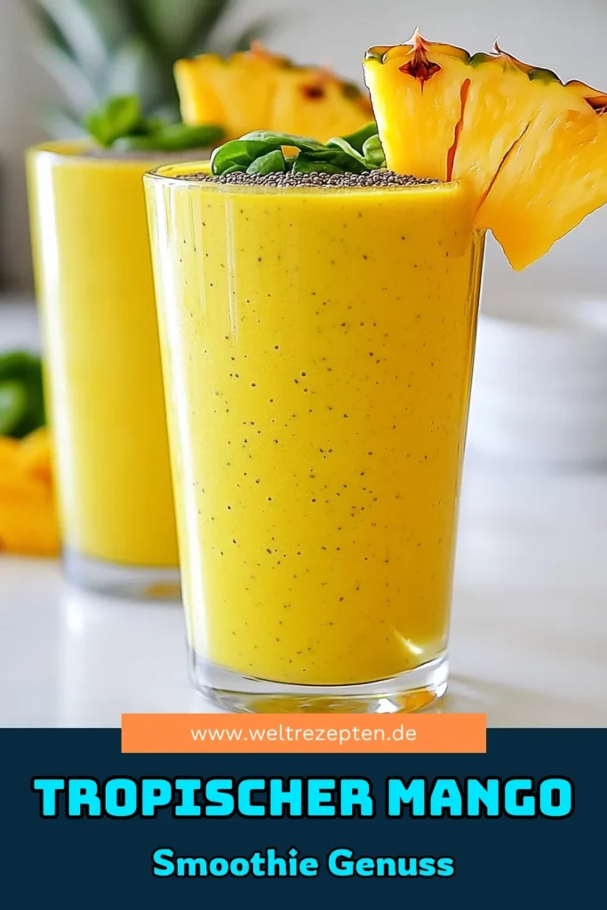 Entdecke den tropischen Mango Ananas Smoothie für eine erfrischende Sommerpause! Dieses gesunde Smoothie Rezept kombiniert die süßen Aromen von Mango und Ananas mit cremigem Babyspinat für einen köstlichen vegetarischen Smoothie. Perfekt als leichter Snack oder Frühstück. Mixe jetzt deinen eigenen cremigen Smoothie mit Spinat und genieße den Sommer! Speichern und ausprobieren! #MangoSmoothie #GesundeRezepte #VegetarischeSmoothies #SommerGetränke