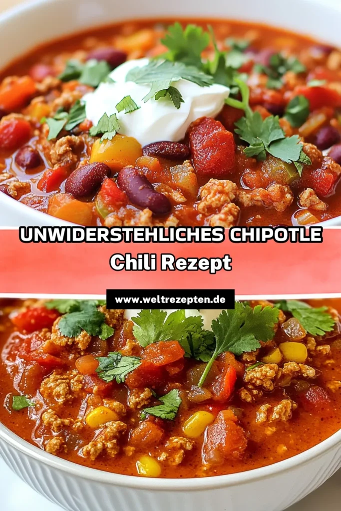 Schmecken Sie die Würze mit unserem Rezept für Chipotle-Puten-Chili! Dieses würzige Chili-Rezept kombiniert zartes Putenfleisch, gesunde Bohnen und aromatische Gewürze zu einem perfekten Genuss. Ideal für eine herzliche Mahlzeit, bietet unser Chili mit Bohnen nicht nur Geschmack, sondern auch Nährstoffe. Probieren Sie dieses einfache Puten-Chili und lassen Sie sich von den Aromen begeistern. Speichern Sie es für Ihr nächstes Kochen! #ChipotlePutenChili #WürzigesChiliRezept #GesundeChiliRezepte #EinfachesPutenChili