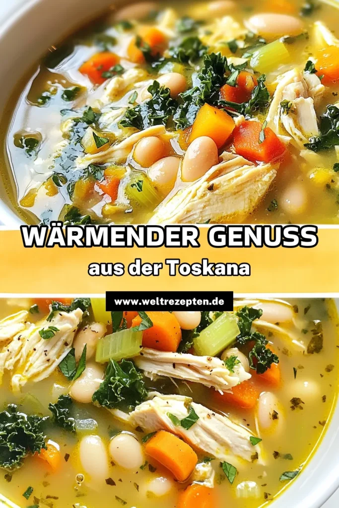 Entdecke dieses köstliche Rezept für Toskanische Hühnersuppe mit weißen Bohnen! Diese gesunde Hühnersuppe kombiniert zartes Hähnchen mit Cannellini Bohnen, frischem Grünkohl und einer aromatischen Brühe. Perfekt für kühlere Tage, bringt diese Weiße Bohnen Rezept Wärme und Geschmack auf den Tisch. Probiere es jetzt aus und genieße eine nahrhafte und leckere Mahlzeit. Speichere dieses Rezept für später! #ToskanischeHühnersuppe #GesundeHühnersuppe #WeißeBohnenRezept #CannelliniBohnenSuppe
