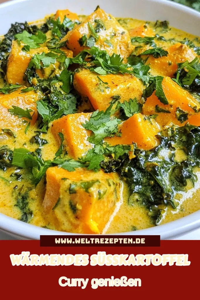 Entdecke unser leckeres Süßkartoffel Curry, das reich an Aromen und Nährstoffen ist! Dieses vegane Curry mit Grünkohl ist nicht nur gesund, sondern auch einfach zuzubereiten. Mit Kokosmilch, Gewürzen und viel Gemüse bietet dieses Kale Curry Rezept eine perfekte Mischung aus Geschmack und Gesundheit. Probiere es aus und bringe abwechslung in deine Küche! Jetzt pinnen! #SüßkartoffelCurry #KaleCurryRezept #VeganesCurry #GesundeRezepteMitGrünkohl
