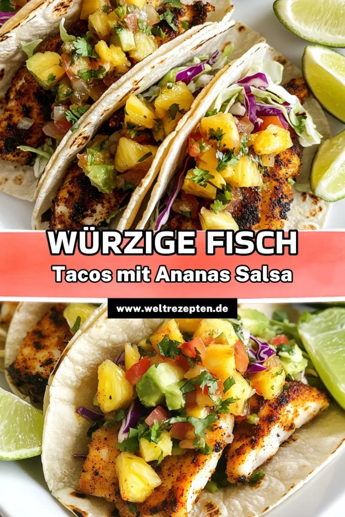 Entdecke das köstliche Fisch-Tacos Rezept mit würzigen Schwarzgebratenen Fisch-Tacos und einer erfrischenden tropischen Salsa für Tacos! Diese schnellen Fischgerichte sind perfekt für ein einfaches Abendessen oder ein BBQ. Lerne, wie du die perfekten würzigen Tacos mit Ananas zubereitest. Probiere es aus und erfreue deine Gäste! Teile dein Ergebnis und speichere das Rezept! #FischTacos #SchnelleFischgerichte #TropischeSalsa #WürzigeTacos