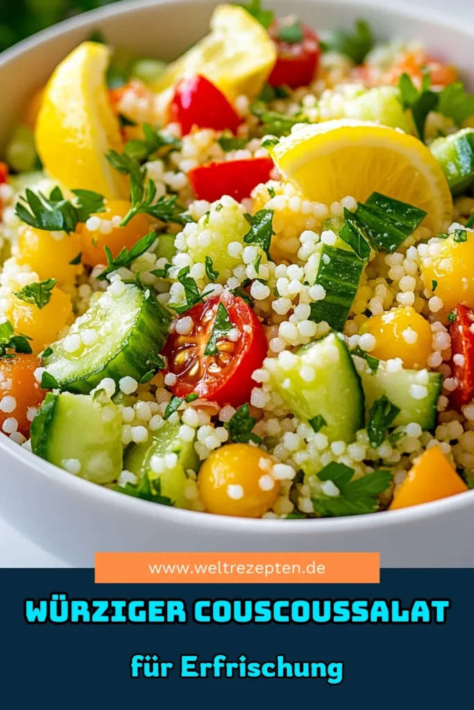 Entdecken Sie dieses köstliche Couscous-Salat Rezept! Der würzige Zitronen-Salat vereint frischen Kräuter-Couscous mit Gemüsebrühe und knackigem Gemüse für einen erfrischenden Sommersalat. Ideal für Grillpartys oder als leichte Beilage. Lassen Sie sich von den Aromen verführen und probieren Sie es aus! Jetzt speichern und nachkochen! #CouscousSalat #ZitronenSalat #KräuterCouscous #VegetarischGenießen