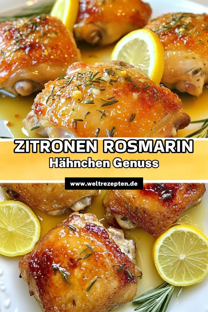 Entdecken Sie ein köstliches Zitronen Rosmarin Hähnchen mit diesem einfachen Hähnchenschenkel Rezept! Dieses aromatische Hähnchen ist perfekt für ein schnelles Abendessen und vereint die Aromen von frischem Rosmarin und spritziger Zitrone. Mit nur wenigen Zutaten und der einfachen Zubereitung im Ofen wird Ihr Abendessen zum Genuss. Jetzt ausprobieren und das Rezept speichern! #Hähnchenschenkel #OfenHähnchen #einfachesHähnchenRezept #aromatischesHähnchen