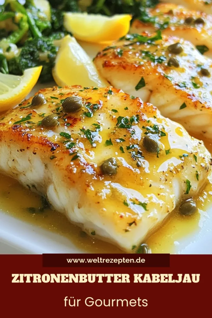 Entdecken Sie unser köstliches Zitronenbutter Kabeljau Rezept! Perfekt für einfache Fischgerichte und gesunde Fischrezepte, bringt dieser Kabeljau mit Zitrone frischen Geschmack auf den Tisch. In nur 25 Minuten zubereitet, wird dieser saftige Kabeljau Sie begeistern. Probieren Sie es aus und verleihen Sie Ihrem Abendessen das gewisse Etwas! Jetzt nachkochen! #ZitronenbutterKabeljau #KabeljauRezept #einfacheFischgerichte #gesundeFischrezepte