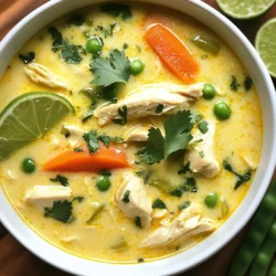 Die Hauptzutaten sind einfach und frisch. Hier ist, was du brauchst: - 450 g Hühnerbrustfilets, gewürfelt - 400 ml Kokosmilch - 960 ml Hühnerbrühe - 150 g Karotten, in Scheiben - 1 Paprika, gewürfelt - 150 g Zuckerschoten, bereit Diese Zutaten geben der Suppe ihren herzhaften und cremigen Geschmack. Die Gewürze und Aromen sind wichtig für den Geschmack der Suppe. Diese Zutaten bringen Leben in die Mischung: - 30 ml Limettensaft - Zesten von 1 Limette - 15 g frischer Ingwer, gehackt - 2 Knoblauchzehen, gehackt - 30 ml Sojasauce - 15 ml Olivenöl - Salz und Pfeffer nach Geschmack Der Ingwer und der Knoblauch geben ein tolles Aroma. Die Limette bringt Frische und einen spritzigen Kick. Du kannst die Suppe mit frischen Zutaten noch besser machen. Hier sind ein paar Vorschläge: - Füge frischen Koriander als Garnitur hinzu. - Probiere frischen Spinat oder Mangold für mehr Farbe. - Verwende verschiedene Paprika für mehr Süße und Vielfalt. Frische Zutaten machen die Suppe nicht nur lecker. Sie sorgen auch für mehr Nährstoffe. {{ingredient_image_2}} Um diese köstliche Kokos-Limetten-Hühnchensuppe zu machen, beginne mit der Vorbereitung. Du benötigst: - 450 g Hühnerbrustfilets, gewürfelt - 400 ml Kokosmilch - 960 ml Hühnerbrühe - 150 g Karotten, in Scheiben geschnitten - 1 Paprika, gewürfelt - 150 g Zuckerschoten, vorbereitet - 30 ml frischer Limettensaft - Zesten von 1 Limette - 15 g frischer Ingwer, gehackt - 2 Knoblauchzehen, gehackt - 30 ml Sojasauce - 15 ml Olivenöl - Frischer Koriander zum Garnieren - Salz und Pfeffer nach Geschmack Sorge dafür, dass alles frisch ist. Frisches Gemüse macht einen großen Unterschied im Geschmack. Jetzt geht es ans Kochen. 1. Erhitze 15 ml Olivenöl in einem großen Topf bei mittlerer Hitze. 2. Füge die gehackten Knoblauchzehen und den Ingwer hinzu und brate sie für etwa 1-2 Minuten an. Sie sollten duften, aber nicht braun werden. 3. Gib die gewürfelten Hühnerstücke in den Topf. Brate sie für 5-7 Minuten an, bis sie außen nicht mehr rosa sind. 4. Gieße 960 ml Hühnerbrühe und 400 ml Kokosmilch in den Topf. Rühre gut um und lasse die Mischung sanft köcheln. 5. Füge die geschnittenen Karotten und die gewürfelte Paprika hinzu. Lasse die Suppe für weitere 5 Minuten köcheln, bis das Gemüse weich wird. 6. Rühre 150 g Zuckerschoten, 30 ml Limettensaft, die Zesten und 30 ml Sojasauce ein. Lass die Suppe für 3-4 Minuten köcheln. 7. Schmecke die Suppe mit Salz und Pfeffer ab. Passe den Limettensaft oder die Sojasauce nach deinem Geschmack an. Du kannst die Suppe anpassen. Möchtest du mehr Frische? Füge mehr Limettensaft hinzu. Magst du es würziger? Eine Prise Chili kann helfen. Probiere die Suppe, während sie kocht. So findest du den perfekten Geschmack. Serviere die Suppe heiß und garniere sie mit frischem Koriander. Diese Schritte machen dein Essen zu einem echten Genuss. Um den Geschmack deiner Kokos-Limetten-Hühnchensuppe zu verbessern, achte auf frische Zutaten. Verwende frischen Ingwer und Knoblauch. Diese Zutaten geben der Suppe einen intensiveren Geschmack. Ein Spritzer zusätzlicher Limettensaft hebt die Aromen an. Wenn du die Kokosmilch wählst, gehe auf eine hochwertige Marke. Sie sorgt für einen cremigeren Geschmack. Ein Schuss Fischsauce kann auch helfen, um die Umami-Note zu verstärken. Ein häufiger Fehler ist, das Huhn zu lange zu kochen. Dadurch wird es trocken. Koche das Huhn nur, bis es außen nicht mehr rosa ist. Achte darauf, die Brühe nicht zu salzig zu machen. Es ist besser, die Suppe nach dem Kochen abzuschmecken. Verwende frische Limettenzesten, um den bitteren Geschmack zu vermeiden. Zu viel Zeste kann die Suppe unangenehm machen. Für eine cremigere Suppe püriere einen Teil der Mischung nach dem Kochen. Das gibt der Suppe eine tolle Konsistenz. Du kannst auch etwas mehr Kokosmilch hinzufügen. Das macht die Suppe reichhaltiger. Wenn du es knackiger magst, füge frische Kräuter wie Koriander erst kurz vor dem Servieren hinzu. Das hält die Blätter frisch und grün. Pro Tipps Frischer Limettensaft: Verwende frischen Limettensaft anstelle von Flaschenlimettensaft, um den besten Geschmack zu erzielen. Kokosmilch-Variationen: Experimentiere mit verschiedenen Sorten von Kokosmilch, um unterschiedliche Geschmäcker und Cremigkeit zu erreichen. Gemüsevariationen: Füge zusätzliches Gemüse wie Brokkoli oder Spinat hinzu, um die Nährstoffe zu steigern und die Farben zu variieren. Vorbereitung: Bereite alle Zutaten im Voraus vor, um den Kochprozess zu beschleunigen und die Zubereitung zu erleichtern. {{image_4}} Eine tolle vegetarische Alternative ist, das Huhn durch Tofu zu ersetzen. Schneide den Tofu in Würfel und brate ihn goldbraun an. Verwende dann die gleiche Menge Gemüsebrühe anstelle von Hühnerbrühe. So bleibt der Geschmack der Kokos-Limetten-Suppe erhalten. Du kannst auch mehr Gemüse hinzufügen, wie Brokkoli oder Zucchini, um das Gericht bunter und nährstoffreicher zu machen. Die Kräuter und Gewürze können einen großen Unterschied machen. Frischer Koriander bringt einen tollen Geschmack. Andere Kräuter wie Basilikum oder Minze passen auch gut. Füge eine Prise Curry-Pulver oder Kreuzkümmel hinzu, um der Suppe mehr Tiefe zu verleihen. Diese Variationen sorgen für neue Geschmackserlebnisse und können die Suppe jedes Mal anders machen. Wenn du es schärfer magst, füge frische Chilischoten oder rote Pfefferflocken hinzu. Beginne mit einer kleinen Menge und taste dich langsam voran. Du kannst auch Sriracha oder eine andere scharfe Sauce verwenden. Achte darauf, die Schärfe gut auszubalancieren, damit die anderen Aromen nicht verloren gehen. So bleibt die Suppe lecker und angenehm. Um die Kokos-Limetten-Hühnchensuppe frisch zu halten, lasse sie zuerst abkühlen. Fülle die Suppe dann in einen luftdichten Behälter. Achte darauf, dass sie gut verschlossen ist. So bleibt der Geschmack erhalten. Du kannst die Suppe bis zu drei Tage im Kühlschrank aufbewahren. Um die Suppe aufzuwärmen, gieße sie in einen Topf. Stelle die Hitze auf mittlere Stufe. Rühre die Suppe regelmäßig um, damit sie gleichmäßig heiß wird. Du kannst auch etwas Wasser oder Brühe hinzufügen, falls sie zu dick ist. Für beste Ergebnisse erwärme die Suppe langsam. Die Suppe hält sich im Gefrierfach etwa drei Monate. Fülle die abgekühlte Suppe in gefriergeeignete Behälter. Lass dabei etwas Platz, damit sich die Suppe beim Gefrieren ausdehnen kann. Zum Auftauen stelle den Behälter einfach in den Kühlschrank über Nacht. So bleibt die Qualität gut. Um die Suppe schärfer zu machen, füge einfach frische Chilis hinzu. Du kannst rote oder grüne Chilis verwenden. Schneide sie klein und brate sie zusammen mit dem Knoblauch und Ingwer an. Eine andere Möglichkeit ist, etwas Chilipulver oder Sriracha-Sauce hinzuzufügen. Beginne mit einer kleinen Menge und taste dich langsam vor. So kontrollierst du die Schärfe. Ja, du kannst die Hühnerbrust leicht ersetzen. Probier Schweinefleisch oder Pute aus. Diese Fleischsorten haben ähnliche Garzeiten. Du kannst auch Garnelen oder Fisch verwenden, wenn du eine Meeresfrüchte-Option wünschst. Achte darauf, die Garzeit anzupassen, da diese schneller garen können. Zu dieser Suppe passen viele Beilagen gut. Reis ist eine großartige Wahl, da er die Aromen gut aufnimmt. Auch Naan-Brot oder frisches Baguette sind lecker. Wenn du etwas Frisches möchtest, serviere einen kleinen Salat mit Limetten-Dressing. Auch frische Limetten und Koriander sind perfekte Ergänzungen. Die Kokos-Limetten-Hühnchensuppe ist einfach zuzubereiten. Wir haben die besten Zutaten, Gewürze und Tipps behandelt. Die Schritt-für-Schritt-Anleitung hilft dir beim Kochen. Variationen machen das Gericht vielseitig für jeden Geschmack. Achte auf die Lagerung, um die Suppe frisch zu halten. Diese Suppe ist nicht nur gesund, sondern auch lecker und anpassbar. Probiere sie heute aus und entdecke dein neues Lieblingsgericht!