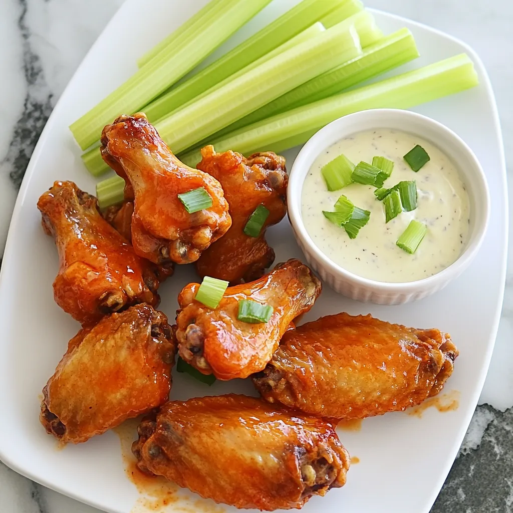 Um köstliche crispy Air Fryer Buffalo Wings zu machen, brauchst du folgende Hauptzutaten: - 900 g Hähnchenflügel - 1 Esslöffel Backpulver - 1 Teelöffel Knoblauchpulver - 1 Teelöffel Zwiebelpulver - 1 Teelöffel geräuchertes Paprikapulver - 1 Teelöffel Salz - 1/2 Teelöffel schwarzer Pfeffer Diese Zutaten sind der Schlüssel, um die Flügel knusprig und geschmackvoll zu machen. Das Backpulver hilft, die Haut schön knusprig zu halten. Die Gewürze sind wichtig für den Geschmack deiner Flügel. Knoblauchpulver und Zwiebelpulver geben einen herzhaften Geschmack. Geräuchertes Paprikapulver fügt eine rauchige Note hinzu. Salz und Pfeffer runden alles ab. Beim Servieren der Buffalo Wings ist die Präsentation wichtig. Arrange die Flügel auf einem großen Teller. Füge Selleriestangen hinzu und serviere sie mit Ranch-Dressing. Ein wenig Buffalo-Sauce darüber macht es noch besser. Diese Tipps sorgen für einen tollen Eindruck! {{ingredient_image_2}} Zuerst trockne die Hähnchenflügel gründlich mit Papiertüchern ab. Dies ist sehr wichtig. Feuchtigkeit macht die Flügel weniger knusprig. Wenn du die Flügel gut trocken hast, sind sie bereit für die Gewürze. Nimm eine große Schüssel. Gib dort das Backpulver, Knoblauchpulver, Zwiebelpulver, geräuchertes Paprikapulver, Salz und schwarzen Pfeffer hinein. Rühre alles gut um. Jetzt füge die Hähnchenflügel hinzu. Wirf sie gut um, bis sie mit der Gewürzmischung gleichmäßig bedeckt sind. So schmecken sie besser! Heize die Heißluftfritteuse auf 200 °C vor. Lege die Flügel in einer einzigen Schicht in den Frittierkorb. Achte darauf, dass sie sich nicht überlappen. Koche sie für 25-30 Minuten. Wende die Flügel nach der Hälfte der Zeit. Sie sollen goldbraun und knusprig werden. Wenn du willst, kannst du sie für 5 Minuten zurück in die Heißluftfritteuse legen, um sie noch knuspriger zu machen. Um deine Buffalo Wings super knusprig zu machen, gibt es ein paar Tricks. Zuerst, trockne die Flügel gut ab. Feuchtigkeit macht sie weich. Dann benutze Backpulver in deiner Gewürzmischung. Es hilft, die Haut knusprig zu machen. Lege die Flügel in einer einzigen Schicht in die Heißluftfritteuse. So bekommen sie überall gleichmäßige Hitze. Optional: Nach dem Würzen die Flügel für eine Stunde in den Kühlschrank legen. Das hilft, die Haut noch knuspriger zu machen. Ein häufiger Fehler ist, die Flügel zu überfüllen. Wenn du zu viele Flügel auf einmal in die Heißluftfritteuse legst, garen sie nicht gleichmäßig. Achte auch darauf, die Temperatur richtig einzustellen. Wenn die Temperatur zu niedrig ist, werden die Flügel nicht knusprig. Überprüfe die Garzeit. Zu langes Garen kann sie trocken machen. Wende die Flügel in der Mitte der Garzeit, damit sie gleichmäßig bräunen. Die ideale Temperatur für knusprige Flügel liegt bei 200 °C. Gare sie für 25 bis 30 Minuten. Wende die Flügel nach der ersten Hälfte der Zeit. So werden sie goldbraun und knusprig. Wenn du extra Knusprigkeit willst, kannst du sie nach dem Tossen in der Sauce für 5 Minuten zurück in die Heißluftfritteuse legen. Achte darauf, sie nicht zu lange zu garen, damit sie saftig bleiben. Pro Tipps Die Flügel gut trocknen: Trockne die Hähnchenflügel gründlich ab, um überschüssige Feuchtigkeit zu entfernen. Dies sorgt für eine bessere Knusprigkeit. Korrekte Temperatur: Stelle sicher, dass die Heißluftfritteuse gut vorgeheizt ist, um gleichmäßig gegarte und knusprige Flügel zu erhalten. Wende die Flügel: Wende die Flügel während des Garens, damit sie von allen Seiten gleichmäßig braun und knusprig werden. Zusätzliche Knusprigkeit: Für extra Knusprigkeit nach dem Tossen in der Sauce, lege die Flügel für weitere 5 Minuten zurück in die Heißluftfritteuse. {{image_4}} Buffalo-Sauce ist großartig, aber du kannst auch kreativ sein. Probiere BBQ-Sauce für einen süßeren Geschmack. Sriracha gibt einen tollen Kick und ist perfekt für Liebhaber von Schärfe. Wenn du es mild magst, versuche eine Honig-Senf-Sauce. Diese Alternativen bringen Abwechslung und neuen Spaß in dein Gericht. Du kannst die Gewürzmischung anpassen, um verschiedene Aromen zu bekommen. Eine Mischung aus italienischen Kräutern wie Oregano und Thymian gibt einen mediterranen Touch. Füge etwas Curry-Pulver hinzu, um einen indischen Flair zu erzeugen. Für asiatische Aromen kannst du Ingwer und Sojasauce nutzen. Dies macht deine Flügel immer spannend und neu. Buffalo Wings sind am besten mit frischen Beilagen. Serviere sie mit Selleriestangen und Karotten für einen knackigen Biss. Ein cremiges Ranch-Dressing oder Blauschimmelkäse-Dressing passt perfekt dazu. Du kannst auch eine Auswahl an Dips anbieten, um die Gäste zu erfreuen. Denke daran, die Flügel schön zu arrangieren. Das macht den Genuss noch schöner! Um die Reste deiner leckeren Buffalo Wings richtig zu lagern, lass sie zuerst gut abkühlen. Lege die Flügel dann in einen luftdichten Behälter. Du kannst auch Frischhaltefolie verwenden, um sie zu bedecken. So bleiben sie frisch. Stelle sicher, dass du die Reste innerhalb von zwei Stunden nach dem Kochen kühlst. Wenn du die Flügel aufwärmen möchtest, nutze deine Heißluftfritteuse. Sie sorgt dafür, dass die Flügel wieder knusprig werden. Heize die Heißluftfritteuse auf 180 °C vor. Lege die Flügel in den Korb und erwärme sie für etwa 10 Minuten. Wende sie nach 5 Minuten, damit sie gleichmäßig warm werden. Im Kühlschrank bleiben die Buffalo Wings etwa 3 bis 4 Tage frisch. Stelle sie einfach in einen luftdichten Behälter. Wenn du die Flügel länger aufbewahren möchtest, friere sie ein. Im Gefrierschrank sind sie bis zu 3 Monate haltbar. Achte darauf, sie gut einzupacken, um Gefrierbrand zu vermeiden. Um deine Flügel scharf zu machen, füge einfach mehr Buffalo-Sauce hinzu. Du kannst auch scharfe Gewürze verwenden. Chilipulver oder Cayennepfeffer sind gute Optionen. Für einen extra Kick, mische die Sauce mit frischen Chilis. Dies gibt den Flügeln mehr Geschmack und Hitze. Experimentiere mit der Menge, bis du die perfekte Schärfe findest. Wenn deine Flügel nicht knusprig sind, liegt es oft an zu viel Feuchtigkeit. Trockne die Flügel gut ab, bevor du sie würzt. Eine andere Ursache könnte die Temperatur der Heißluftfritteuse sein. Achte darauf, dass sie auf 200 °C vorgeheizt ist. Auch die Anordnung der Flügel ist wichtig. Sie sollten in einer einzigen Schicht liegen, damit die Luft gut zirkulieren kann. Wenn du sie zu dicht packst, werden sie dampfig und nicht knusprig. Ja, du kannst andere Teile des Hähnchens verwenden. Hähnchenschenkel oder Hähnchenbrust eignen sich gut. Achte darauf, die Garzeit anzupassen, da verschiedene Teile unterschiedlich kochen. Hähnchenschenkel brauchen länger als Flügel, während Hähnchenbrust schneller gar ist. Das Wichtigste ist, dass die Innentemperatur mindestens 75 °C erreicht, damit es sicher zu essen ist. Crispy Air Fryer Buffalo Wings sind ein Genuss. Wir haben die Zutaten, die Zubereitung und Tipps behandelt. Ich habe dir gezeigt, wie du deine Flügel perfekt würzen und knusprig frittieren kannst. Denk daran, die richtigen Temperaturen und Zeiten zu nutzen. Variationen und Lagerung helfen dir, die Flügel frisch zu halten. Folge diesen Schritten und du wirst großartige Ergebnisse erzielen. Genieße deine Flügel und teile sie mit Freunden. Du wirst sie lieben!