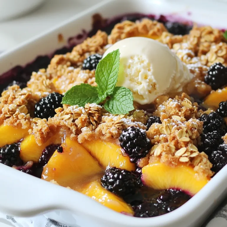 Für einen köstlichen Schwarzbeer-Pfirsich-Crisp benötigst du frische, saftige Zutaten. Hier sind die Hauptzutaten: - 2 Tassen frische Schwarzbeeren - 2 Tassen frische Pfirsiche, geschält und in Scheiben geschnitten - 1/2 Tasse Haushaltszucker - 1 Esslöffel Zitronensaft - 1 Teelöffel Vanilleextrakt - 1 Tasse Haferflocken - 1/2 Tasse Weizenmehl - 1/2 Tasse brauner Zucker, fest gepackt - 1/2 Teelöffel Zimt - 1/4 Teelöffel Salz - 1/2 Tasse ungesalzene Butter, geschmolzen Die Mengen sind wichtig. Sie helfen dir, den Crisp genau richtig zu machen. Halte dich an die angegebenen Portionen. Dies ergibt etwa sechs Portionen. Wenn du mehr brauchst, kannst du die Zutaten einfach verdoppeln oder verdreifachen. Frische Früchte machen den Unterschied. Wähle reife Schwarzbeeren, die dunkel und glänzend sind. Sie sollten fest sein und einen süßen Duft abgeben. Achte bei den Pfirsichen darauf, dass sie leicht weich sind, aber nicht matschig. Die Schale sollte glatt und ohne Flecken sein. Kaufe die Früchte am besten auf dem Wochenmarkt oder im örtlichen Geschäft. So bekommst du die frischesten und schmackhaftesten Früchte. {{ingredient_image_2}} Zuerst wasche die Schwarzbeeren gründlich. Sie sollten frisch und saftig sein. Danach schäle die Pfirsiche und schneide sie in dünne Scheiben. In einer großen Schüssel vermische die Schwarzbeeren und die Pfirsichscheiben. Füge den Haushaltszucker, den Zitronensaft und den Vanilleextrakt hinzu. Rühre vorsichtig um, damit alle Früchte gleichmäßig bedeckt sind. Dies sorgt für einen tollen Geschmack im Crisp. In einer anderen Schüssel vermenge die Haferflocken, das Weizenmehl, den braunen Zucker, den Zimt und das Salz. Gieße die geschmolzene Butter in die trockenen Zutaten. Rühre alles gut um, bis die Mischung gleichmäßig feucht ist. Diese Mischung wird die knusprige Oberseite des Crisps bilden und gibt eine tolle Textur. Heize den Ofen auf 175°C vor. Lege die Fruchtmischung in eine gefettete Auflaufform. Verteile die Haferflockenmischung gleichmäßig über die Früchte. Backe das Ganze für 30 bis 35 Minuten. Die Oberseite sollte goldbraun sein und die Früchte anfangen zu sprudeln. Lass den Crisp ein paar Minuten abkühlen, bevor du ihn servierst. So können die Aromen sich setzen und er wird nicht zu heiß. Um den perfekten Schwarzbeer-Pfirsich-Crisp zu machen, gibt es ein paar einfache Tipps. - Frische Zutaten: Verwenden Sie frische Schwarzbeeren und Pfirsiche. Frische Früchte bringen den besten Geschmack. - Zucker anpassen: Je nach Süße der Früchte können Sie den Zucker ändern. Probieren Sie es aus! - Mischung gut umrühren: Achten Sie darauf, die Früchte gut mit Zucker und Zitronensaft zu vermischen. So schmecken sie besser. Ein knuspriger Crisp ist ein Genuss. Hier sind einige Tricks: - Haferflocken: Benutzen Sie große, alte Haferflocken. Sie geben mehr Biss. - Butter gleichmäßig verteilen: Mischen Sie die geschmolzene Butter gut mit der Haferflockenmischung. So wird alles schön knusprig. - Länger backen: Wenn die Oberseite goldbraun ist, können Sie den Crisp ein paar Minuten länger backen. Achten Sie darauf, dass er nicht verbrennt. Wie servieren Sie Ihren Crisp am besten? Hier sind meine Ideen: - Mit Eis: Eine Kugel Vanilleeis passt wunderbar dazu. Die Wärme des Crisps und die Kälte des Eises sind perfekt. - Honig: Ein kleiner Spritzer Honig gibt eine süße Note und macht das Gericht noch besser. - Frische Minze: Garnieren Sie den Crisp mit Minzblättern. Das sorgt für einen schönen Farbkontrast und frischen Geschmack. Diese Tipps helfen Ihnen, den besten Schwarzbeer-Pfirsich-Crisp zu genießen! Pro Tipps Frische Früchte: Verwenden Sie reife und frische Schwarzbeeren und Pfirsiche, um den besten Geschmack zu erzielen. Zuckeranpassung: Je nach Süße der Früchte können Sie die Zuckermenge anpassen, um den gewünschten Geschmack zu erreichen. Variationen: Experimentieren Sie mit anderen Früchten wie Äpfeln oder Birnen, um neue Geschmackskombinationen zu entdecken. Serviervorschlag: Servieren Sie den Crisp warm mit einer Kugel Vanilleeis für einen köstlichen Kontrast und zusätzlichen Genuss. {{image_4}} Wenn Sie Schwarzbeeren und Pfirsiche nicht mögen, probieren Sie andere Früchte. Äpfel und Himbeeren passen gut. Sie können auch Blaubeeren oder Kirschen verwenden. Diese Früchte geben dem Gericht neue Aromen. Mischen Sie verschiedene Früchte für einen fruchtigen Genuss. Um eine glutenfreie Version zu machen, ersetzen Sie das Weizenmehl. Verwenden Sie stattdessen Mandelmehl oder Hafermehl. Achten Sie darauf, dass die Haferflocken glutenfrei sind. So bleibt der Crisp lecker und eignet sich für alle, die Gluten meiden. Genießen Sie trotzdem den gleichen tollen Geschmack. Nutzen Sie saisonale Früchte für mehr Frische. Im Frühling können Sie Erdbeeren und Rhabarber verwenden. Im Herbst sind Äpfel und Birnen eine großartige Wahl. Fügen Sie Nüsse oder Kokosnussflocken zur Haferflockenmischung hinzu. So wird Ihr Crisp noch abwechslungsreicher. Seien Sie kreativ und testen Sie neue Kombinationen! Bewahre die Reste in einem luftdichten Behälter auf. Dies hilft, den Crisp frisch zu halten. Stelle sicher, dass der Behälter gut verschlossen ist. So vermeidest du, dass die Feuchtigkeit die Knusprigkeit beeinträchtigt. Der Crisp bleibt so bis zu drei Tage frisch im Kühlschrank. Um den Crisp wieder warm zu machen, heize deinen Ofen auf 180°C vor. Lege den Crisp in eine Auflaufform und decke ihn leicht mit Aluminiumfolie ab. So bleibt die Oberseite knusprig. Backe ihn für etwa 10-15 Minuten oder bis er durchgehend warm ist. Du kannst auch die Mikrowelle nutzen, aber die Knusprigkeit kann verloren gehen. Im Kühlschrank bleibt der Schwarzbeer-Pfirsich-Crisp etwa drei Tage genießbar. Wenn du ihn länger lagern möchtest, kannst du ihn auch einfrieren. Um den Crisp einzufrieren, schneide ihn in Portionen und lege ihn in einen gefrierfesten Behälter. So hält er sich bis zu drei Monate. Achte darauf, ihn gut abzudecken, um Gefrierbrand zu vermeiden. Das Backen des Schwarzbeer-Pfirsich-Crisp dauert etwa 30 bis 35 Minuten. Die Oberseite sollte goldbraun sein und die Früchte sollten anfangen zu sprudeln. Diese Zeit ist wichtig, damit sich die Aromen gut verbinden und die Früchte weich werden. Ich empfehle, einen Blick auf den Crisp zu werfen, um sicherzustellen, dass er perfekt gebacken ist. Ja, du kannst gefrorene Früchte verwenden. Achte darauf, sie zuerst aufzutauen und gut abtropfen zu lassen. Gefrorene Schwarzbeeren und Pfirsiche sind eine gute Option, besonders außerhalb der Saison. Sie sind oft gleichwertig frisch. Denke daran, dass die Backzeit leicht variieren kann, wenn du gefrorene Früchte benutzt. Vanilleeis passt hervorragend zu deinem Schwarzbeer-Pfirsich-Crisp. Der cremige Geschmack ergänzt die süßen Früchte perfekt. Du kannst auch eine Kugel Zimt- oder Karamelleis ausprobieren. Diese Sorten bringen zusätzliche Aromen und machen dein Dessert noch leckerer. Experimentiere ruhig mit verschiedenen Eissorten! Der Schwarzbeer-Pfirsich-Crisp ist ein einfacher, leckerer Genuss. In diesem Artikel habe ich die Hauptzutaten, die Zubereitung und die besten Tipps zusammengefasst. Die Prüfung der Frischheit der Früchte ist wichtig. Auch die Lagerung und Variationen sind entscheidend für den Genuss. Du kannst auch mit anderen Früchten spielen. Vertraue den Tipps und entdecke neue Serviervorschläge. Lass uns gemeinsam diesen Crunch genießen!