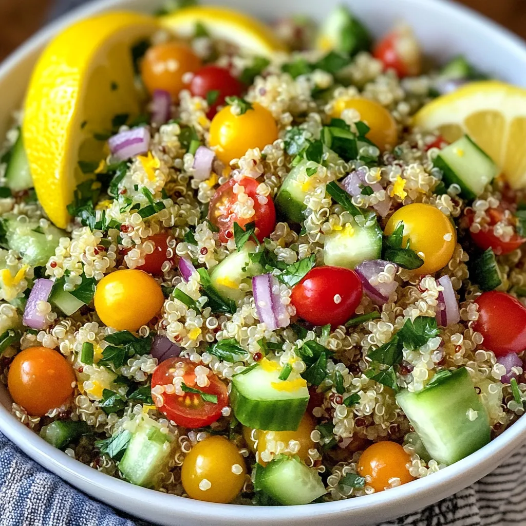 Für den Zitronen-Tahini-Quinoa-Salat brauchst du: - 1 Tasse Quinoa, gut abgespült - 2 Tassen Gemüsebrühe oder Wasser - 1 mittelgroße Gurke, gewürfelt - 1 Tasse Kirschtomaten, halbiert - 1/2 rote Zwiebel, fein gehackt - 1/4 Tasse frische Petersilie, gehackt - 1/4 Tasse Tahini - 3 Esslöffel Zitronensaft - 1 Esslöffel Olivenöl - 1 Knoblauchzehe, fein gehackt - Salz und Pfeffer nach Geschmack Diese Zutaten ergeben einen frischen und gesunden Salat. Quinoa ist das Hauptgetreide und gibt dir viel Energie. Frische Zutaten sind wichtig für den Geschmack. Wähle knackige Gurken und reife Kirschtomaten. Achte darauf, dass die Petersilie frisch riecht. Eine gute Zwiebel hat eine feste Textur. Frische Zutaten sorgen für einen guten Biss. Du kannst die Gurke auch schälen, wenn du es magst. Tomaten bringen Süße und Farbe in den Salat. Diese Farben machen dein Essen lebendig und einladend. Wenn du eine spezielle Diät hast, sind hier einige Alternativen: - Glutenfrei: Quinoa ist von Natur aus glutenfrei. Das macht es zu einer tollen Wahl. - Vegan: Das Rezept ist vegan, da es keine tierischen Produkte enthält. - Nussallergien: Wenn du keine Nüsse magst, kannst du das Tahini durch Sonnenblumenmus ersetzen. Es hat einen ähnlichen Geschmack, ist aber nussfrei. Diese Optionen helfen dir, den Salat nach deinen Bedürfnissen anzupassen. So kannst du ihn genießen, egal welche Vorlieben du hast. {{ingredient_image_2}} Beginne mit einer Tasse Quinoa. Spüle sie gut ab, um Bitterstoffe zu entfernen. Gib die Quinoa in einen mittleren Kochtopf. Füge zwei Tassen Gemüsebrühe oder Wasser hinzu. Bringe die Mischung zum Kochen. Reduziere dann die Hitze und decke den Topf ab. Lass den Quinoa etwa 15 Minuten köcheln. Die Flüssigkeit sollte aufgesogen sein und der Quinoa fluffig werden. Nimm den Topf vom Herd und lass den Quinoa abkühlen. Während der Quinoa abkühlt, bereite das Dressing vor. Nimm eine kleine Schüssel. Füge 1/4 Tasse Tahini hinzu. Gib drei Esslöffel Zitronensaft dazu. Füge einen Esslöffel Olivenöl und eine fein gehackte Knoblauchzehe hinzu. Würze das Ganze mit Salz und Pfeffer. Rühre alles gut um, bis es glatt und cremig ist. Wenn das Dressing zu dick ist, füge einen Esslöffel Wasser hinzu. Das wird die Konsistenz verbessern. Nimm eine große Rührschüssel. Gib den abgekühlten Quinoa hinein. Füge die gewürfelte Gurke und die halbierten Kirschtomaten hinzu. Gib die fein gehackte rote Zwiebel und die frische Petersilie dazu. Gieße das Tahini-Dressing über die Mischung. Vermenge alles vorsichtig, bis die Zutaten gut kombiniert sind. Schmecke den Salat nach Belieben mit mehr Salz, Pfeffer oder Zitronensaft ab. Lass den Salat etwa 15 Minuten ruhen. So können sich die Aromen gut entfalten. Um das Dressing perfekt zu machen, ist die Konsistenz wichtig. Beginne mit Tahini, Zitronensaft und Olivenöl. Mische alles gut. Wenn es zu dick ist, füge langsam Wasser hinzu, bis es cremig ist. Der Geschmack sollte frisch und leicht sauer sein. Du kannst auch mehr Knoblauch oder Zitronensaft für mehr Geschmack hinzufügen. Probiere das Dressing immer wieder, bis es deinen Wünschen entspricht. Die Vorbereitungszeit für diesen Salat beträgt nur 15 Minuten. Plane etwas mehr Zeit ein, wenn du alles frisch schneiden möchtest. Du kannst den Quinoa auch im Voraus kochen und im Kühlschrank lagern. So ist er bereit, wenn du es bist. Halte die Zutaten bereit, um den Ablauf zu erleichtern. Das spart Zeit und macht das Kochen einfacher. Serviere den Salat in einer großen Schüssel. Das sieht toll aus! Du kannst den Salat mit Zitronenschnitzen garnieren. Das bringt Farbe und Frische. Streue auch etwas gehackte Petersilie darüber. Das macht den Salat noch ansprechender. Du kannst auch etwas Feta oder Avocado hinzufügen, wenn du magst. Diese Füllungen passen gut und machen den Salat noch leckerer. Pro Tipps Quinoa richtig kochen: Achten Sie darauf, den Quinoa gründlich abzuspülen, um Bitterstoffe zu entfernen. Kochen Sie ihn in Gemüsebrühe für mehr Geschmack. Dressing anpassen: Wenn das Tahini-Dressing zu dick ist, fügen Sie nach Bedarf einen Esslöffel Wasser hinzu, um die gewünschte Konsistenz zu erreichen. Frische Zutaten: Verwenden Sie frische Kräuter und Gemüse, um die Aromen des Salats zu intensivieren und die Textur zu verbessern. Vorbereitung im Voraus: Bereiten Sie den Salat bis zu 4 Stunden im Voraus vor und lassen Sie ihn im Kühlschrank ruhen, damit sich die Aromen gut vermischen. {{image_4}} Um den Zitronen-Tahini-Quinoa-Salat zu erweitern, füge zusätzliche Zutaten hinzu. Du kannst schwarze Bohnen oder Kichererbsen einmischen. Diese geben mehr Protein und Ballaststoffe. Auch Avocado passt gut. Sie sorgt für eine cremige Textur. Geröstete Nüsse oder Samen bringen einen knackigen Biss. Probiere Sonnenblumenkerne oder Mandeln. Sie fügen einen neuen Geschmack hinzu. Jeder hat seine eigenen Vorlieben. Du kannst den Salat leicht anpassen. Wenn du es scharf magst, füge etwas Paprika oder Jalapeños hinzu. Für einen süßen Touch sind gewürfelte Mango oder Granatapfelkerne eine gute Wahl. Wenn du mehr Kräuter magst, probiere Minze oder Basilikum. Sie verleihen dem Salat Frische und Duft. Dieser Salat ist sehr vielseitig. Er kann als Beilage zu gegrilltem Hähnchen serviert werden. Auch zu Fisch oder Gemüsegerichten passt er gut. Wenn du ihn als Hauptgericht möchtest, kombiniere ihn mit einer Proteinquelle. Zum Beispiel, füge gegrillten Tofu oder Lachs hinzu. So wird der Salat sättigender und nahrhafter. Um deinen Zitronen-Tahini-Quinoa-Salat frisch zu halten, lagere ihn in einem luftdichten Behälter. Stelle sicher, dass der Behälter gut verschlossen ist. So bleiben die Aromen und die Frische erhalten. Bewahre den Salat immer im Kühlschrank auf. Im Kühlschrank hält sich der Salat etwa 3 bis 5 Tage. Nach dieser Zeit kann der Geschmack nachlassen. Achte darauf, den Salat vor dem Verzehr gut zu prüfen. Wenn er seltsam riecht oder sich die Textur ändert, solltest du ihn nicht mehr essen. Wenn du den Salat aufwärmen möchtest, mache das vorsichtig. Es ist am besten, ihn nicht zu erhitzen, da die frischen Zutaten leiden könnten. Stattdessen kannst du die Quinoa und das Dressing separat erwärmen und dann frisch mischen. So bleibt der Geschmack lebendig und frisch. Der Salat bleibt im Kühlschrank frisch für etwa drei bis fünf Tage. Bewahre ihn in einem luftdichten Behälter auf. So bleibst du auf der sicheren Seite und kannst ihn immer wieder genießen. Ja, du kannst Quinoa durch andere Getreidearten ersetzen. Probiere Bulgur, Couscous oder Reis. Diese Alternativen haben einen anderen Geschmack und eine andere Textur, sind aber genauso lecker. Achte darauf, die Kochzeit entsprechend anzupassen. Ja, dieser Salat ist vegan. Er enthält keine tierischen Produkte. Das Tahini sorgt für einen cremigen Geschmack, ohne Milch oder Eier zu nutzen. So kannst du den Salat mit gutem Gewissen genießen. Dieser Blogbeitrag hat die wichtigsten Zutaten und deren Frische behandelt. Ich habe auch gezeigt, wie man Quinoa kocht und ein leckeres Tahini-Dressing zubereitet. Tipps zur perfekten Zubereitung und vielen Variationen machen dein Gericht besonders. Du kannst den Salat einfach aufbewahren und erwärmen. Denk daran, die Zutaten nach deinem Geschmack anzupassen und neue Kombinationen auszuprobieren. So bleibt dein Salat frisch und spannend. Viel Spaß beim Kochen und Entdecken neuer Möglichkeiten!