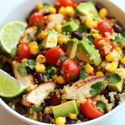 Für diesen leckeren Salat brauchst du: - 1 Tasse Quinoa, gründlich gewaschen - 2 Tassen Hühnerbrühe (oder Wasser) - 450 g gegrillte Hähnchenbrust, gewürfelt - 1 Tasse schwarze Bohnen, abgetropft und abgespült - 1 Tasse Maiskörner (frisch oder gefroren) - 1 rote Paprika, gewürfelt - 1 Avocado, gewürfelt - ½ Tasse Kirschtomaten, halbiert - ¼ Tasse rote Zwiebel, fein gehackt - ¼ Tasse frischer Koriander, gehackt Diese Zutaten sorgen für einen bunten und nahrhaften Salat. Quinoa ist eine großartige Basis. Sie ist reich an Protein und Ballaststoffen. Das gegrillte Hähnchen gibt dem Salat eine schöne, herzhafte Note. Für das Dressing und den Geschmack benötigst du: - Saft von 2 Limetten - 3 Esslöffel Olivenöl - 1 Teelöffel Kreuzkümmel - 1 Teelöffel Chili-Pulver - Salz und Pfeffer nach Geschmack Die Limetten bringen Frische und Säure. Kreuzkümmel und Chili-Pulver geben dem Salat eine warme, würzige Note. Um den besten Geschmack zu erzielen, wähle frische Zutaten. Achte auf reife Avocados und knackige Paprika. Frische Kräuter wie Koriander bringen ein tolles Aroma. Kaufe Bio-Produkte, wenn möglich. Das macht einen großen Unterschied in der Qualität des Salates. {{ingredient_image_2}} Um die Quinoa perfekt zuzubereiten, nehmen Sie einen mittelgroßen Topf. Geben Sie 1 Tasse gewaschene Quinoa und 2 Tassen Hühnerbrühe oder Wasser hinein. Stellen Sie den Herd auf hohe Hitze und bringen Sie die Mischung zum Kochen. Wenn das Wasser kocht, reduzieren Sie die Hitze. Decken Sie den Topf ab und lassen Sie die Quinoa 15 Minuten köcheln. Nach der Zeit nehmen Sie den Topf vom Herd. Lassen Sie die Quinoa 5 Minuten ruhen. Danach lockern Sie die Quinoa mit einer Gabel auf. Für das Hähnchen verwenden Sie 450 g gegrillte Hähnchenbrust. Diese sollten in Würfel geschnitten werden. Wenn Sie kein gegrilltes Hähnchen haben, können Sie das Hähnchen auch selbst zubereiten. Braten Sie es in einer Pfanne mit etwas Öl, bis es goldbraun ist. Alternativ können Sie das Hähnchen auch grillen, um einen rauchigen Geschmack zu erzielen. Lassen Sie das Hähnchen nach dem Kochen kurz ruhen, bevor Sie es würfeln. In einer großen Schüssel vermengen Sie die aufgelockerte Quinoa mit dem gewürfelten Hähnchen, 1 Tasse schwarzen Bohnen, 1 Tasse Mais, 1 gewürfelten roten Paprika, 1 gewürfelten Avocado, ½ Tasse halbierten Kirschtomaten, ¼ Tasse fein gehackter roter Zwiebel und ¼ Tasse gehacktem frischem Koriander. In einer kleinen Schüssel verrühren Sie den Saft von 2 Limetten, 3 Esslöffel Olivenöl, 1 Teelöffel Kreuzkümmel, 1 Teelöffel Chili-Pulver, Salz und Pfeffer. Gießen Sie das Dressing über den Salat und mischen Sie alles gut durch. Lassen Sie den Salat 15 Minuten ziehen, damit sich die Aromen verbinden. Um die Quinoa perfekt zu kochen, waschen Sie sie zuerst gründlich. Spülen Sie die Quinoa unter kaltem Wasser ab, um Bitterstoffe zu entfernen. Dann vermengen Sie die Quinoa mit Hühnerbrühe oder Wasser. Bringen Sie die Mischung zum Kochen. Reduzieren Sie die Hitze und decken Sie den Topf ab. Lassen Sie die Quinoa 15 Minuten köcheln. Nach dem Kochen nehmen Sie den Topf vom Herd und lassen die Quinoa fünf Minuten ruhen. Lockern Sie sie mit einer Gabel auf. So bleibt die Quinoa locker und lecker. Das Hähnchen braucht Geschmack. Würzen Sie die Hähnchenbrust einfach mit Salz, Pfeffer, Kreuzkümmel und Chili-Pulver. Diese Gewürze passen gut zum mexikanischen Geschmack des Salats. Grillen oder braten Sie das Hähnchen, bis es goldbraun ist. Lassen Sie das Hähnchen dann kurz ruhen, bevor Sie es würfeln. So bleibt es saftig. Servieren Sie den Salat in großen Schalen. Garnieren Sie ihn mit frischem Koriander und Limettenspalten. Das bringt Farbe und Frische. Wenn Sie möchten, schichten Sie den Salat in einem Glas. Das sieht toll aus und ist praktisch für unterwegs. So können Sie eine schöne und nahrhafte Mahlzeit genießen. Pro Tipps Quinoa richtig kochen: Stellen Sie sicher, dass die Quinoa gründlich gewaschen wird, um Bitterstoffe zu entfernen, bevor Sie sie kochen. Frische Zutaten verwenden: Verwenden Sie frisches Gemüse, um den Salat noch schmackhafter und nährstoffreicher zu machen. Dressing anpassen: Experimentieren Sie mit zusätzlichen Gewürzen oder Kräutern im Dressing, um den Geschmack nach Ihrem persönlichen Vorlieben anzupassen. Vorbereitung im Voraus: Bereiten Sie die Zutaten im Voraus vor und lagern Sie sie getrennt, um den Salat schnell zusammenzustellen, wenn Sie ihn brauchen. {{image_4}} Um eine vegetarische Version zu machen, tausche das Hähnchen gegen Tofu oder Tempeh. Beide sind eiweißreich und nehmen die Aromen gut auf. Du kannst auch Kichererbsen verwenden, um eine ähnliche Textur zu erreichen. Diese Zutaten sind gesund und bringen tolle Nährstoffe in deinen Salat. Wenn du mehr Geschmack hinzufügen möchtest, probiere, Jalapeños oder frische Limettenstücke hinzuzufügen. Diese Zutaten bringen einen tollen Kick in den Salat. Auch schwarze Oliven oder Feta-Käse können den Geschmack vertiefen. Experimentiere mit verschiedenen Kräutern wie Petersilie oder Minze für einen frischen Touch. Für eine glutenfreie Version nutze Quinoa, da sie von Natur aus glutenfrei ist. Achte darauf, dass deine Brühe ebenfalls glutenfrei ist. Vegane Optionen sind einfach möglich, indem du das Hähnchen und die Eier ganz weglässt. Wenn du auf Kalorien achtest, reduziere die Menge an Olivenöl oder verwende weniger Avocado. Um deinen Southwest Chicken Quinoa Salad frisch zu halten, solltest du ihn in einem luftdichten Behälter aufbewahren. Achte darauf, dass der Behälter sauber ist. Das hilft, den Salat vor Bakterien zu schützen. Stelle den Behälter in den Kühlschrank. So bleibt der Salat für einige Tage frisch. Wenn du Reste hast, teile den Salat in Portionen auf. Verwende kleine Behälter, um jede Portion gut zu verpacken. Wenn du die Avocado und das Dressing separat aufbewahrst, bleibt der Salat länger knackig. Verbrauche die Reste innerhalb von drei bis fünf Tagen. So schmeckt der Salat am besten. Um die Frische deines Salats zu bewahren, kannst du ein Stück Zitrone oder Limette in den Behälter legen. Das hilft, den Oxidationsprozess zu verlangsamen. Du kannst auch frische Kräuter wie Koriander hinzufügen, kurz bevor du servierst. Das gibt dem Salat einen extra Frischekick. Der Southwest Chicken Quinoa Salad hält sich gut im Kühlschrank. Er bleibt frisch für etwa drei bis vier Tage. Achte darauf, ihn in einem luftdichten Behälter zu lagern. Vermeide es, den Salat bei Zimmertemperatur stehen zu lassen. So bleibt der Geschmack und die Frische erhalten. Ja, du kannst den Salat im Voraus zubereiten. Das macht es einfach, ihn an einem geschäftigen Tag zu genießen. Bereite die Quinoa und das Dressing vor. Mische alles, aber füge die Avocado erst kurz vor dem Servieren hinzu. So bleibt sie frisch und grün. Zu diesem Salat passen viele Beilagen gut. Probiere Tortilla-Chips für einen knusprigen Kontrast. Du kannst auch eine frische Guacamole dazu servieren. Ein kühles Getränk wie Limonade oder Wasser mit Limette passt ebenfalls perfekt. Der Southwest Chicken Quinoa Salad ist eine nahrhafte und leckere Wahl. Wir haben die Zutaten, Zubereitung und Variationen besprochen. Außerdem gibt es Tipps zur Lagerung und häufige Fragen beantwortet. Du kannst diesen Salat leicht anpassen und für jeden Geschmack geeignet machen. Frische Zutaten machen einen großen Unterschied. Probiere es aus, und genieße jedes Bissen deines Salats! So schaffst du ein Gericht, das nicht nur gut aussieht, sondern auch gut schmeckt.