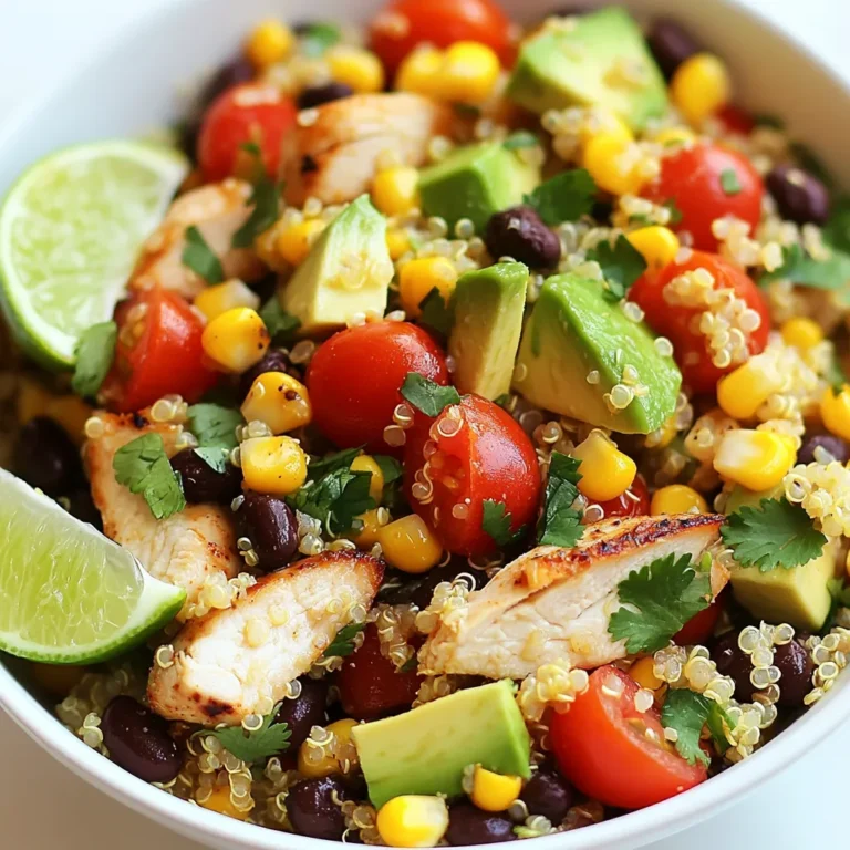 Für diesen leckeren Salat brauchst du: - 1 Tasse Quinoa, gründlich gewaschen - 2 Tassen Hühnerbrühe (oder Wasser) - 450 g gegrillte Hähnchenbrust, gewürfelt - 1 Tasse schwarze Bohnen, abgetropft und abgespült - 1 Tasse Maiskörner (frisch oder gefroren) - 1 rote Paprika, gewürfelt - 1 Avocado, gewürfelt - ½ Tasse Kirschtomaten, halbiert - ¼ Tasse rote Zwiebel, fein gehackt - ¼ Tasse frischer Koriander, gehackt Diese Zutaten sorgen für einen bunten und nahrhaften Salat. Quinoa ist eine großartige Basis. Sie ist reich an Protein und Ballaststoffen. Das gegrillte Hähnchen gibt dem Salat eine schöne, herzhafte Note. Für das Dressing und den Geschmack benötigst du: - Saft von 2 Limetten - 3 Esslöffel Olivenöl - 1 Teelöffel Kreuzkümmel - 1 Teelöffel Chili-Pulver - Salz und Pfeffer nach Geschmack Die Limetten bringen Frische und Säure. Kreuzkümmel und Chili-Pulver geben dem Salat eine warme, würzige Note. Um den besten Geschmack zu erzielen, wähle frische Zutaten. Achte auf reife Avocados und knackige Paprika. Frische Kräuter wie Koriander bringen ein tolles Aroma. Kaufe Bio-Produkte, wenn möglich. Das macht einen großen Unterschied in der Qualität des Salates. {{ingredient_image_2}} Um die Quinoa perfekt zuzubereiten, nehmen Sie einen mittelgroßen Topf. Geben Sie 1 Tasse gewaschene Quinoa und 2 Tassen Hühnerbrühe oder Wasser hinein. Stellen Sie den Herd auf hohe Hitze und bringen Sie die Mischung zum Kochen. Wenn das Wasser kocht, reduzieren Sie die Hitze. Decken Sie den Topf ab und lassen Sie die Quinoa 15 Minuten köcheln. Nach der Zeit nehmen Sie den Topf vom Herd. Lassen Sie die Quinoa 5 Minuten ruhen. Danach lockern Sie die Quinoa mit einer Gabel auf. Für das Hähnchen verwenden Sie 450 g gegrillte Hähnchenbrust. Diese sollten in Würfel geschnitten werden. Wenn Sie kein gegrilltes Hähnchen haben, können Sie das Hähnchen auch selbst zubereiten. Braten Sie es in einer Pfanne mit etwas Öl, bis es goldbraun ist. Alternativ können Sie das Hähnchen auch grillen, um einen rauchigen Geschmack zu erzielen. Lassen Sie das Hähnchen nach dem Kochen kurz ruhen, bevor Sie es würfeln. In einer großen Schüssel vermengen Sie die aufgelockerte Quinoa mit dem gewürfelten Hähnchen, 1 Tasse schwarzen Bohnen, 1 Tasse Mais, 1 gewürfelten roten Paprika, 1 gewürfelten Avocado, ½ Tasse halbierten Kirschtomaten, ¼ Tasse fein gehackter roter Zwiebel und ¼ Tasse gehacktem frischem Koriander. In einer kleinen Schüssel verrühren Sie den Saft von 2 Limetten, 3 Esslöffel Olivenöl, 1 Teelöffel Kreuzkümmel, 1 Teelöffel Chili-Pulver, Salz und Pfeffer. Gießen Sie das Dressing über den Salat und mischen Sie alles gut durch. Lassen Sie den Salat 15 Minuten ziehen, damit sich die Aromen verbinden. Um die Quinoa perfekt zu kochen, waschen Sie sie zuerst gründlich. Spülen Sie die Quinoa unter kaltem Wasser ab, um Bitterstoffe zu entfernen. Dann vermengen Sie die Quinoa mit Hühnerbrühe oder Wasser. Bringen Sie die Mischung zum Kochen. Reduzieren Sie die Hitze und decken Sie den Topf ab. Lassen Sie die Quinoa 15 Minuten köcheln. Nach dem Kochen nehmen Sie den Topf vom Herd und lassen die Quinoa fünf Minuten ruhen. Lockern Sie sie mit einer Gabel auf. So bleibt die Quinoa locker und lecker. Das Hähnchen braucht Geschmack. Würzen Sie die Hähnchenbrust einfach mit Salz, Pfeffer, Kreuzkümmel und Chili-Pulver. Diese Gewürze passen gut zum mexikanischen Geschmack des Salats. Grillen oder braten Sie das Hähnchen, bis es goldbraun ist. Lassen Sie das Hähnchen dann kurz ruhen, bevor Sie es würfeln. So bleibt es saftig. Servieren Sie den Salat in großen Schalen. Garnieren Sie ihn mit frischem Koriander und Limettenspalten. Das bringt Farbe und Frische. Wenn Sie möchten, schichten Sie den Salat in einem Glas. Das sieht toll aus und ist praktisch für unterwegs. So können Sie eine schöne und nahrhafte Mahlzeit genießen. Pro Tipps Quinoa richtig kochen: Stellen Sie sicher, dass die Quinoa gründlich gewaschen wird, um Bitterstoffe zu entfernen, bevor Sie sie kochen. Frische Zutaten verwenden: Verwenden Sie frisches Gemüse, um den Salat noch schmackhafter und nährstoffreicher zu machen. Dressing anpassen: Experimentieren Sie mit zusätzlichen Gewürzen oder Kräutern im Dressing, um den Geschmack nach Ihrem persönlichen Vorlieben anzupassen. Vorbereitung im Voraus: Bereiten Sie die Zutaten im Voraus vor und lagern Sie sie getrennt, um den Salat schnell zusammenzustellen, wenn Sie ihn brauchen. {{image_4}} Um eine vegetarische Version zu machen, tausche das Hähnchen gegen Tofu oder Tempeh. Beide sind eiweißreich und nehmen die Aromen gut auf. Du kannst auch Kichererbsen verwenden, um eine ähnliche Textur zu erreichen. Diese Zutaten sind gesund und bringen tolle Nährstoffe in deinen Salat. Wenn du mehr Geschmack hinzufügen möchtest, probiere, Jalapeños oder frische Limettenstücke hinzuzufügen. Diese Zutaten bringen einen tollen Kick in den Salat. Auch schwarze Oliven oder Feta-Käse können den Geschmack vertiefen. Experimentiere mit verschiedenen Kräutern wie Petersilie oder Minze für einen frischen Touch. Für eine glutenfreie Version nutze Quinoa, da sie von Natur aus glutenfrei ist. Achte darauf, dass deine Brühe ebenfalls glutenfrei ist. Vegane Optionen sind einfach möglich, indem du das Hähnchen und die Eier ganz weglässt. Wenn du auf Kalorien achtest, reduziere die Menge an Olivenöl oder verwende weniger Avocado. Um deinen Southwest Chicken Quinoa Salad frisch zu halten, solltest du ihn in einem luftdichten Behälter aufbewahren. Achte darauf, dass der Behälter sauber ist. Das hilft, den Salat vor Bakterien zu schützen. Stelle den Behälter in den Kühlschrank. So bleibt der Salat für einige Tage frisch. Wenn du Reste hast, teile den Salat in Portionen auf. Verwende kleine Behälter, um jede Portion gut zu verpacken. Wenn du die Avocado und das Dressing separat aufbewahrst, bleibt der Salat länger knackig. Verbrauche die Reste innerhalb von drei bis fünf Tagen. So schmeckt der Salat am besten. Um die Frische deines Salats zu bewahren, kannst du ein Stück Zitrone oder Limette in den Behälter legen. Das hilft, den Oxidationsprozess zu verlangsamen. Du kannst auch frische Kräuter wie Koriander hinzufügen, kurz bevor du servierst. Das gibt dem Salat einen extra Frischekick. Der Southwest Chicken Quinoa Salad hält sich gut im Kühlschrank. Er bleibt frisch für etwa drei bis vier Tage. Achte darauf, ihn in einem luftdichten Behälter zu lagern. Vermeide es, den Salat bei Zimmertemperatur stehen zu lassen. So bleibt der Geschmack und die Frische erhalten. Ja, du kannst den Salat im Voraus zubereiten. Das macht es einfach, ihn an einem geschäftigen Tag zu genießen. Bereite die Quinoa und das Dressing vor. Mische alles, aber füge die Avocado erst kurz vor dem Servieren hinzu. So bleibt sie frisch und grün. Zu diesem Salat passen viele Beilagen gut. Probiere Tortilla-Chips für einen knusprigen Kontrast. Du kannst auch eine frische Guacamole dazu servieren. Ein kühles Getränk wie Limonade oder Wasser mit Limette passt ebenfalls perfekt. Der Southwest Chicken Quinoa Salad ist eine nahrhafte und leckere Wahl. Wir haben die Zutaten, Zubereitung und Variationen besprochen. Außerdem gibt es Tipps zur Lagerung und häufige Fragen beantwortet. Du kannst diesen Salat leicht anpassen und für jeden Geschmack geeignet machen. Frische Zutaten machen einen großen Unterschied. Probiere es aus, und genieße jedes Bissen deines Salats! So schaffst du ein Gericht, das nicht nur gut aussieht, sondern auch gut schmeckt.