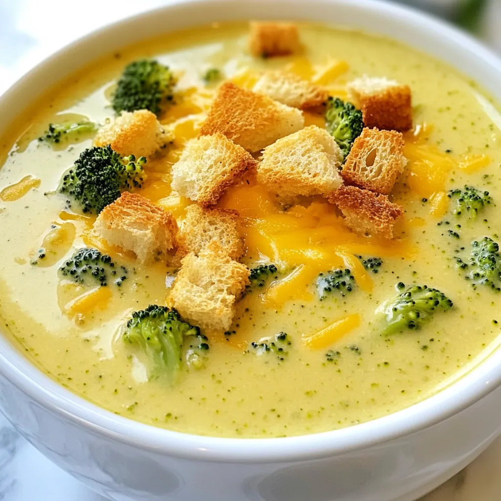 Für die cremige Brokkoli-Cheddar-Suppe benötigen wir einige einfache, aber frische Zutaten: - 4 Tassen Brokkoliröschen - 1 mittelgroße Zwiebel, gewürfelt - 2 Zehen Knoblauch, fein gehackt - 3 Esslöffel Butter - 3 Tassen Gemüsebrühe - 1 Tasse Schlagsahne Brokkoli gibt der Suppe eine schöne Farbe und viel Geschmack. Zwiebel und Knoblauch bringen eine tolle Tiefe in das Gericht. Die Butter sorgt für die richtige Basis. Käse macht diese Suppe besonders lecker. Wir verwenden: - 2 Tassen geriebener, scharfer Cheddar-Käse - 1 Teelöffel Dijon-Senf - Salz und Pfeffer nach Geschmack Cheddar-Käse bringt den berühmten Käsegeschmack. Dijon-Senf gibt der Suppe einen kleinen Kick. Salz und Pfeffer sind wichtig, um den Geschmack zu verstärken. Um die Suppe noch besser zu machen, können wir sie garnieren: - Croutons zur Garnierung Croutons sind knusprig und sorgen für einen tollen Kontrast zur cremigen Suppe. Sie machen das Gericht noch schmackhafter und schöner. {{ingredient_image_2}} Beginnen Sie mit der Vorbereitung der Zwiebel und des Knoblauchs. Schneiden Sie die Zwiebel in kleine Würfel. Hacken Sie die zwei Zehen Knoblauch fein. Dies gibt der Suppe einen tollen Geschmack. Waschen Sie dann den Brokkoli gründlich. Teilen Sie ihn in Röschen. Diese Röschen sind die Hauptzutat für die Suppe. Schmelzen Sie drei Esslöffel Butter in einem großen Topf bei mittlerer Hitze. Fügen Sie die gewürfelte Zwiebel hinzu. Braten Sie sie etwa fünf Minuten lang an, bis sie glasig ist. Geben Sie den gehackten Knoblauch dazu und braten Sie ihn eine Minute mit. Rühren Sie oft um, damit er nicht anbrennt. Jetzt kommt der Brokkoli in den Topf. Streuen Sie eine Prise Salz und Pfeffer darüber. Sautieren Sie alles für drei bis vier Minuten. Der Brokkoli sollte leicht weich sein. Gießen Sie die Gemüsebrühe in den Topf. Bringen Sie die Mischung zum Kochen. Wenn es kocht, reduzieren Sie die Hitze und lassen Sie die Suppe zehn Minuten köcheln. Der Brokkoli wird jetzt zart. Nehmen Sie einen Stabmixer und pürieren Sie die Suppe. Machen Sie sie so glatt, wie Sie möchten. Wenn Sie eine stückigere Suppe mögen, pürieren Sie nur die Hälfte. Fügen Sie eine Tasse Schlagsahne hinzu und rühren Sie gut um. Jetzt kommt der scharfe Cheddar-Käse dazu. Fügen Sie ihn nach und nach hinzu und rühren Sie ständig. Der Käse sollte sich gut auflösen und die Suppe cremig machen. Schmecken Sie die Suppe ab und passen Sie Salz und Pfeffer nach Bedarf an. Servieren Sie die Suppe heiß. Wenn Sie möchten, garnieren Sie sie mit Croutons. - Verwenden Sie einen Stabmixer, um die Suppe cremig zu machen. - Wenn Sie eine stückige Textur mögen, pürieren Sie nur die Hälfte. - Fügen Sie andere Käsesorten wie Gouda oder Parmesan hinzu. - Gewürze wie Paprika oder Kreuzkümmel geben der Suppe einen zusätzlichen Kick. - Servieren Sie die Suppe in schönen Schalen für eine tolle Präsentation. - Garnieren Sie sie mit knusprigen Croutons oder frischen Kräutern. - Ein Stück frisches Brot passt perfekt dazu. Pro Tips Frische Zutaten verwenden: Verwenden Sie frischen Brokkoli und hochwertige Brühe, um den Geschmack der Suppe zu intensivieren. Käse nach Geschmack anpassen: Experimentieren Sie mit verschiedenen Käsesorten wie Gouda oder Gruyère, um der Suppe eine neue Geschmacksdimension zu verleihen. Für mehr Textur: Fügen Sie geröstete Mandeln oder Sonnenblumenkerne als Topping hinzu, um der Suppe eine knusprige Textur zu verleihen. Veganer Ersatz: Ersetzen Sie die Schlagsahne durch Kokosmilch und den Käse durch eine pflanzliche Alternative, um eine vegane Version der Suppe zu kreieren. {{image_4}} Eine tolle Idee ist, Karotten oder Sellerie hinzuzufügen. Diese Gemüsesorten bringen Farbe und Geschmack. Schneide sie klein, damit sie gut garen. Du kannst auch anderes grünes Gemüse verwenden. Spinat oder Grünkohl passen gut zur Suppe. Sie erhöhen die Nährstoffe und machen das Gericht noch bunter. Für vegane Varianten kannst du pflanzliche Sahne verwenden. Es gibt viele gute Käsealternativen ohne Milch. Wähle eine, die dir schmeckt. Achte darauf, Gemüsebrühe ohne tierische Produkte zu nutzen. So bleibt die Suppe rein pflanzlich und lecker. Um die Suppe proteinreicher zu machen, füge Hähnchen oder Bohnen hinzu. Gekochte Hülsenfrüchte sind eine tolle Wahl. Quinoa oder Linsen sind ebenfalls gute Zusätze. Diese Zutaten machen die Suppe nahrhaft und sättigend. Um die Frische der Suppe zu bewahren, lagere ich sie in luftdichten Behältern. So bleibt die Suppe lecker und aromatisch. Du solltest die Suppe innerhalb von 3 bis 4 Tagen genießen. Achte darauf, die Suppe gut abzukühlen, bevor du sie in den Kühlschrank stellst. Das Einfrieren der Suppe ist eine tolle Option. Lass die Suppe zuerst vollständig abkühlen. Fülle sie dann in gefrierfreundliche Behälter oder Beutel. So bleibt die Qualität auch nach dem Einfrieren gut. Die beste Methode zum Auftauen ist, die Suppe über Nacht im Kühlschrank zu lassen. So taut sie sanft auf. Wenn du die Suppe wieder aufwärmen möchtest, mache das sanft. Ich empfehle, die Suppe im Topf bei niedriger Hitze zu erwärmen. Rühre häufig, um ein Anbrennen zu vermeiden. Du kannst die Mikrowelle nutzen, aber achte darauf, die Suppe in kurzen Intervallen zu erhitzen. So bleibt die Konsistenz schön cremig. Die Brokkoli-Cheddar-Suppe hält sich gut bis zu 4 Tage im Kühlschrank. Achte darauf, sie in einem luftdichten Behälter zu lagern. So bleibt sie frisch und lecker. Vor dem Servieren einfach gut umrühren. Überprüfe die Suppe immer auf Geruch oder Veränderungen, bevor du sie isst. Ja, gefrorener Brokkoli ist eine tolle Option. Achte darauf, ihn vorher nicht zu blanchieren. Du kannst ihn direkt in die Suppe geben. Gefrorener Brokkoli ist oft bereits vorgegart, daher kann die Kochzeit kürzer sein. Füge ihn einfach in den letzten 5 Minuten der Kochzeit hinzu für die beste Konsistenz. Ja, die Brokkoli-Cheddar-Suppe ist von Natur aus glutenfrei. Achte jedoch auf die Zutaten. Einige Brühen können Gluten enthalten. Wähle eine glutenfreie Gemüsebrühe, um sicherzugehen. So kannst du die Suppe unbesorgt genießen. Ja, du kannst die Suppe im Voraus zubereiten. Koche sie und lasse sie abkühlen. Dann fülle sie in einen luftdichten Behälter. Du kannst die Suppe bis zu 4 Tage im Kühlschrank aufbewahren. Sie schmeckt oft noch besser, wenn die Aromen Zeit haben, sich zu entfalten. In diesem Artikel haben wir die wichtigsten Zutaten für die Brokkoli-Cheddar-Suppe betrachtet. Wir haben die Zubereitungsschritte besprochen, um eine cremige und schmackhafte Suppe zu erstellen. Weitere Ideen für Variationen und Tipps für die Lagerung waren ebenfalls wichtig. Jetzt bist du bereit, deine eigene Suppe zu kochen. Die richtige Mischung aus Zutaten macht den Unterschied. Nutze die Tipps, um Geschmack und Konsistenz zu verbessern. Viel Spaß beim Kochen!