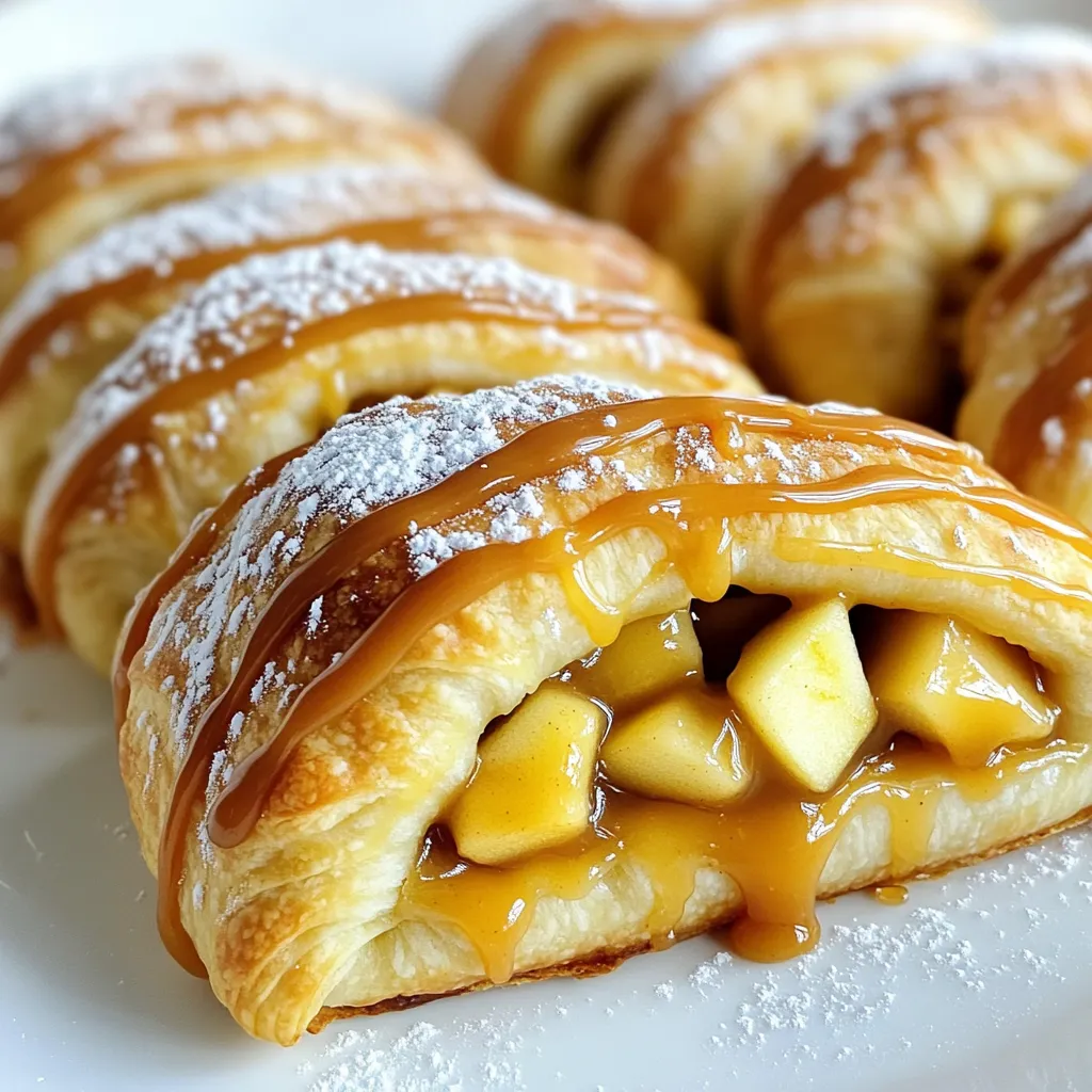 - 1 Dose (227 g) Croissantteig - 2 mittlere Äpfel (Granny Smith oder Honeycrisp), geschält und gewürfelt - 60 g brauner Zucker - 1 Teelöffel Zimt - 60 ml Karamellsauce (plus extra zum Drizzeln) - 15 g Butter, geschmolzen - 1 Ei (für die Eierwäsche) - Puderzucker zum Bestäuben (optional) Achte darauf, frische Äpfel zu wählen. Granny Smith sind sauer, während Honeycrisp süßer sind. Beide passen gut. Brauner Zucker gibt den Röllchen einen tollen Karamellgeschmack. Karamellsauce kannst du im Laden kaufen oder selbst machen. Die Butter sorgt für eine schöne Bräunung. Das Ei hilft, die Röllchen glänzend zu machen. Puderzucker ist optional, aber er macht die Röllchen süßer und schöner. Für eine glutenfreie Version kannst du glutenfreien Croissantteig verwenden. Wenn du vegan bist, ersetze die Butter mit Kokosöl und das Ei mit einer Mischung aus Leinsamen und Wasser. Für die Füllung kannst du auch Birnen oder Pfirsiche ausprobieren. Heize zuerst deinen Ofen auf 190 °C vor. Das ist wichtig, damit die Röllchen gleichmäßig backen. Lege ein Backblech mit Backpapier aus. So kleben die Röllchen nicht fest. Bereite alles vor, um schnell zu arbeiten. Für die Füllung nimm zwei Äpfel. Ich empfehle Granny Smith oder Honeycrisp. Diese Äpfel haben einen tollen Geschmack. Schäle die Äpfel und schneide sie in kleine Stücke. In einer Schüssel vermenge die gewürfelten Äpfel mit 60 g braunem Zucker und 1 Teelöffel Zimt. Rühre alles gut um, bis die Äpfel gleichmäßig bedeckt sind. Füge dann 60 ml Karamellsauce hinzu und mische erneut. Diese Mischung sorgt für einen süßen Geschmack. Rolle jetzt den Croissantteig aus. Teile ihn in Dreiecke. Platziere in die Mitte jedes Dreiecks etwa einen Esslöffel Karamellsauce. Auf die Karamelsauce kommt ein Löffel der Apfelmischung. Klappe die Ränder des Teigs über die Füllung. Rolle den Teig von der breiten Seite zur Spitze auf. Drücke die Ränder fest zusammen. So läuft die Füllung nicht heraus. Bestreiche die Oberseite der Röllchen mit geschmolzener Butter. Verquirle ein Ei und trage es auf die Röllchen auf. Das gibt ihnen eine schöne goldene Farbe. Lege die gefüllten Röllchen auf das Backblech und backe sie 12-15 Minuten lang. Sie sind fertig, wenn sie goldbraun sind. Lass sie nach dem Backen kurz abkühlen. Dann kannst du sie mit zusätzlicher Karamellsauce und Puderzucker verzieren. Um die perfekte Karamellsauce zu machen, beginne mit Zucker. Verwende hellen braunen Zucker für einen tollen Geschmack. Erhitze den Zucker in einem Topf bei mittlerer Hitze. Rühre ständig, bis der Zucker schmilzt und goldbraun wird. Füge dann vorsichtig Sahne hinzu. Achte darauf, dass es spritzen kann. Rühre weiter, bis die Mischung glatt ist. Lass die Sauce abkühlen, bevor du sie verwendest. So wird sie dickflüssiger und besser für deine Röllchen. Um eine gleichmäßige Bräunung zu erreichen, heize deinen Ofen gut vor. Verwende ein Backblech mit Backpapier, damit die Röllchen nicht kleben. Bestreiche die Oberseite der Röllchen mit geschmolzener Butter und Ei. Dies gibt ihnen eine schöne goldene Farbe. Backe die Röllchen immer in der Mitte des Ofens. So werden sie gleichmäßig gebräunt. Halte ein Auge auf die Röllchen, um ein Verbrennen zu vermeiden. Ein häufiger Fehler ist, den Croissantteig zu dick auszurollen. Halte ihn dünn, damit er gut aufgeht. Vermeide es, zu viel Füllung zu verwenden. Zu viel Füllung lässt die Röllchen platzen. Achte darauf, die Ränder gut zu drücken, um sie zu verschließen. Lass die Röllchen nach dem Backen etwas abkühlen. Sie sind heiß und die Füllung kann sehr heiß sein. {{image_4}} Du kannst die Karamell-Apfel-Crescent Rolls mit Nüssen aufpeppen. Nüsse bringen einen tollen Crunch. Dafür kannst du gehackte Walnüsse oder Pekannüsse verwenden. Mische sie einfach mit der Apfelfüllung. So erhältst du eine knackige Textur. Die Kombination aus Äpfeln und Nüssen ist köstlich. Für eine vegane Version nutze pflanzliche Butter. Anstelle von Ei kannst du eine Mischung aus Wasser und Leinsamen verwenden. Das gibt den Röllchen die nötige Feuchtigkeit. Verwende auch eine vegane Karamellsauce. Viele Marken bieten schmackhafte Optionen. Diese Anpassungen machen das Rezept freundlich für alle. Du kannst auch anderes Obst verwenden. Birnen passen gut zu Karamell. Auch Kirschen oder Beeren sind eine tolle Wahl. Mische die Früchte nach deinem Geschmack. Experimentiere mit verschiedenen Kombinationen. So bleibst du kreativ und machst jedes Mal etwas Neues. Um die Karamell-Apfel-Crescent Rolls frisch zu halten, lege sie in einen luftdichten Behälter. Stelle sicher, dass sie vollständig abgekühlt sind, bevor du sie lagerst. So bleibt die Füllung saftig und der Teig knusprig. Wenn du keinen Behälter hast, kannst du sie auch in Frischhaltefolie wickeln. Achte darauf, dass die Röllchen nicht übereinander liegen, um ein Verkleben zu vermeiden. Wenn du die Röllchen wieder aufwärmen möchtest, benutze den Ofen für beste Ergebnisse. Heize den Ofen auf 180 °C (350 °F) vor. Lege die Röllchen auf ein Backblech und erwärme sie für etwa 8-10 Minuten. Dies sorgt dafür, dass der Teig wieder knusprig wird. Du kannst auch die Mikrowelle verwenden, aber der Teig wird weich. Erwärme sie in der Mikrowelle für 20-30 Sekunden, aber genieße sie am besten frisch aus dem Ofen. Die Röllchen halten sich im Kühlschrank etwa 3 Tage. Wenn du sie länger aufbewahren möchtest, friere sie ein. Wickele jede Röllchen einzeln in Frischhaltefolie und lege sie in einen Gefrierbeutel. So bleiben sie bis zu 3 Monate frisch. Zum Auftauen lege sie einfach über Nacht in den Kühlschrank und wärme sie dann wie oben beschrieben auf. Das Backen der Röllchen dauert etwa 12 bis 15 Minuten. Du solltest sie bei 190 °C backen. Behalte sie im Auge, bis sie goldbraun sind. So bekommst du die perfekte knusprige Textur. Die Wartezeit lohnt sich auf jeden Fall, denn der Duft wird fantastisch sein. Ja, du kannst den Croissantteig selbst machen. Es gibt Rezepte, um ihn von Grund auf zuzubereiten. Aber der Kauf von fertigem Teig spart Zeit. Wenn du Zeit hast, probiere es aus! Selbstgemachter Teig hat einen tollen Geschmack und eine tolle Textur. Die besten Apfelsorten sind Granny Smith und Honeycrisp. Granny Smith ist sauer und gibt einen tollen Kontrast zur Süße des Karamells. Honeycrisp hat eine knackige Textur und ist süß. Du kannst auch andere Sorten verwenden, aber diese beiden sind die besten für diesen Genuss! In diesem Artikel haben wir die Zutaten, die Zubereitung und viele Tipps besprochen. Du weißt nun, wie du köstliche Karamell-Apfel-Crescent Rolls machst. Denk daran, die Röllchen richtig zu lagern, damit sie frisch bleiben. Probiere auch die Variationen, um neue Geschmäcker zu entdecken. Mit etwas Übung wirst du ein wahrer Meister in der Küche. Viel Spaß beim Backen und Genießen!