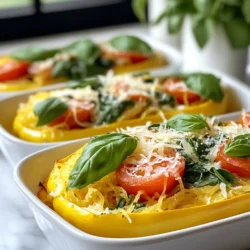 - 1 mittelgroßer Spaghetti Kürbis - 4 Esslöffel Olivenöl - 4 Knoblauchzehen - 1 Tasse frischer Spinat - 1 Tasse Kirschtomaten - 1 Teelöffel italienische Gewürzmischung - 1/2 Tasse geriebener Parmesan - Salz und Pfeffer nach Geschmack Ich liebe, wie einfach dieses Rezept ist. Du brauchst nur wenige Zutaten. Hauptzutaten: Der Spaghetti Kürbis ist die Hauptzutat. Er hat eine tolle Textur. Olivenöl gibt Geschmack und hilft beim Rösten. Knoblauch bringt ein tolles Aroma. Gemüse und Gewürze: Frischer Spinat ist lecker und gesund. Kirschtomaten fügen süße Noten hinzu. Die italienische Gewürzmischung gibt dem Gericht Tiefe. Käseschicht: Parmesan ist der Star der Show. Er schmilzt gut und hat einen tollen Geschmack. Salz und Pfeffer sorgen für den perfekten Ausgleich. Jede Zutat spielt eine wichtige Rolle. Wenn du die richtigen Zutaten hast, wird dein Gericht köstlich. {{ingredient_image_2}} Zuerst heizen Sie den Ofen auf 200 °C vor. Dann schneiden Sie den Spaghetti Kürbis vorsichtig der Länge nach durch. Entfernen Sie die Kerne mit einem Löffel. Achten Sie darauf, dass Sie alle Kerne herausbekommen. Bestreichen Sie die Innenseiten jeder Kürbishälfte mit 2 Esslöffeln Olivenöl. Würzen Sie die Innenseiten mit Salz und Pfeffer. Dies gibt dem Kürbis einen tollen Geschmack. Legen Sie die Kürbishälften mit der Schnittfläche nach unten auf ein Backblech. Rösten Sie den Kürbis im Ofen für 30-40 Minuten. Die Garzeit hängt von der Größe des Kürbisses ab. Prüfen Sie, ob das Fruchtfleisch weich ist. Sie können dies tun, indem Sie mit einer Gabel hineinstochen. Wenn Sie die Gabel leicht hineinstecken können, ist der Kürbis fertig. Während der Kürbis röstet, erhitzen Sie die restlichen 2 Esslöffel Olivenöl in einer großen Pfanne. Fügen Sie den gehackten Knoblauch hinzu. Dünsten Sie ihn für etwa 1 Minute, bis er duftet. Achten Sie darauf, dass der Knoblauch nicht braun wird. Rühren Sie dann den gehackten Spinat und die Kirschtomaten ein. Braten Sie diese Mischung 3-4 Minuten weiter. Der Spinat sollte zusammenfallen, und die Tomaten leicht weich werden. Nehmen Sie die Pfanne vom Herd. Mischen Sie den geriebenen Parmesan und die italienische Gewürzmischung unter. Passen Sie die Würze mit Salz und Pfeffer an. Wenn der Spaghetti Kürbis gar ist, ziehen Sie das Fruchtfleisch mit einer Gabel in spaghettiartige Stränge. Mischen Sie diese vorsichtig mit der Knoblauch-, Spinat- und Tomatenmischung. Füllen Sie die Mischung wieder in die Kürbishälften. Stellen Sie die gefüllten Kürbisboote zurück in den Ofen. Backen Sie sie für weitere 10 Minuten, bis sie durchgewärmt und leicht goldbraun sind. Die optimale Temperatur für das Rösten ist 200 °C. Rösten Sie den Kürbis für 30 bis 40 Minuten. Er sollte weich sein und sich leicht mit einer Gabel zerteilen lassen. So bekommt die Textur die richtige Konsistenz. Wenn Ihr Kürbis zu fest bleibt, lassen Sie ihn einfach länger im Ofen. Um den Geschmack zu verfeinern, probieren Sie verschiedene Gewürze. Fügen Sie zum Beispiel geräuchertes Paprikapulver oder Kreuzkümmel hinzu. Frische Kräuter wie Thymian oder Oregano passen ebenfalls gut. Sie können auch etwas Zitronensaft für eine frische Note verwenden. Für die Präsentation garnieren Sie die Kürbisboote mit frischen Basilikumblättern. Ein zusätzlicher Spritzer Parmesan macht sie noch ansprechender. Servieren Sie dazu einen einfachen grünen Salat oder knuspriges Brot. So wird Ihr Gericht noch leckerer und sieht toll aus. Pro Tipps Wählen Sie den perfekten Kürbis: Achten Sie darauf, einen Spaghetti Kürbis zu wählen, der fest und schwer für seine Größe ist, um optimalen Geschmack und Textur zu gewährleisten. Vorsicht beim Rösten: Überwachen Sie den Kürbis während des Röstens, um sicherzustellen, dass er nicht zu weich wird; die ideale Konsistenz ist al dente. Variieren Sie die Füllung: Fühlen Sie sich frei, die Füllung mit anderen Gemüsesorten oder Proteinen wie Hähnchen oder Tofu zu variieren, um neue Geschmacksrichtungen zu kreieren. Servieren Sie mit einem Twist: Ein Spritzer frischer Zitronensaft über die gefüllten Kürbisboote kann die Aromen aufhellen und eine erfrischende Note hinzufügen. {{image_4}} Für ein vegetarisches Gericht kannst du andere Gemüsesorten hinzufügen. Zucchini, Paprika und Pilze passen gut. Diese geben deinem Gericht mehr Textur und Geschmack. Du kannst auch Erbsen oder Brokkoli hinzufügen, um die Nährstoffe zu erhöhen. Achte darauf, die Gemüse klein zu schneiden, damit sie gleichmäßig garen. Wenn du Fleisch magst, gibt es viele Optionen. Du kannst Hühnchen oder Speck in die Füllung integrieren. Für Hühnchen empfehle ich, es vorher zu braten und in kleine Stücke zu schneiden. Speck kannst du knusprig braten und vor dem Servieren darüber streuen. Diese Optionen verleihen deinem Gericht einen herzhaften Geschmack. Für eine Low-Carb-Version kannst du die Menge an Spaghetti Kürbis reduzieren. Füge mehr Gemüse wie Blumenkohl oder Zucchini hinzu. Diese sind reich an Ballaststoffen und arm an Kohlenhydraten. Du kannst auch die Parmesanmenge anpassen, um die Kalorien zu senken. Achte darauf, die Gewürze gut zu mischen, um den Geschmack zu erhalten. Du kannst die Knoblauch Parmesan Spaghetti Kürbisboote gut aufbewahren. Stelle sicher, dass sie abgekühlt sind. Lege sie in einen luftdichten Behälter. Im Kühlschrank bleiben sie für 3 bis 5 Tage frisch. Du kannst auch die gefüllten Kürbisboote einfrieren. Wickele sie gut in Frischhaltefolie und lege sie in einen Gefrierbeutel. So bleiben sie bis zu 3 Monate haltbar. Wenn du die gefüllten Kürbisboote wieder aufwärmen möchtest, mache das vorsichtig. Die beste Methode ist, den Ofen auf 180 °C (350 °F) vorzuheizen. Lege die Boote auf ein Backblech und decke sie mit Aluminiumfolie ab. So bleiben sie saftig. Erwärme sie für 15 bis 20 Minuten, bis sie gut durchgewärmt sind. Du kannst sie auch in der Mikrowelle aufwärmen, aber die Textur kann anders sein. Um die Frische zu überprüfen, sieh dir die Boote genau an. Wenn sie weich oder matschig sind, sind sie nicht mehr gut. Du solltest auch auf einen unangenehmen Geruch achten. Wenn alles gut aussieht und riecht, kannst du sie weiter essen. Achte darauf, dass die Kürbisboote immer gut verschlossen sind, um die Haltbarkeit zu verlängern. Die Zubereitungszeit beträgt etwa 15 Minuten. Die Gesamtzeit ist etwa 55 Minuten. Dies beinhaltet das Rösten des Kürbisses und das Zubereiten der Füllung. Ja, du kannst den Spaghetti Kürbis im Voraus zubereiten. Röste die Hälften und lagere sie im Kühlschrank. Du kannst die Füllung auch im Voraus machen. Stelle sicher, dass alles gut verpackt ist. Vor dem Servieren einfach aufwärmen. Verschiedene Beilagen passen gut zu den Spaghetti Kürbisboote. Ein einfacher grüner Salat ergänzt das Gericht. Gegrilltes Gemüse ist auch eine tolle Wahl. Probier auch Knoblauchbrot oder einen frischen Tomatensalat dazu. In diesem Artikel haben wir die Hauptzutaten für gefüllte Spaghetti Kürbis Boote besprochen. Wir haben auch die Zubereitung, Tipps und Varianten behandelt. Jetzt wissen Sie, wie man diese leckere und gesunde Mahlzeit zubereitet. Experimentieren Sie mit Aromen und Füllungen, um Ihr perfektes Gericht zu finden. Denken Sie daran, dass die Lagerung und das Wiedererwärmen wichtig sind. Genießen Sie Ihre Kürbis Boote und die Freude am Kochen!