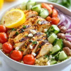 Für die Griechische Hähnchen-Power-Bowl brauchen wir einige wichtige Zutaten. Hier ist eine Liste: - 2 Tassen gekochter Quinoa - 450 g Hähnchenbrustfilet, ohne Knochen und Haut - 2 Esslöffel Olivenöl - 2 Teelöffel getrockneter Oregano - 1 Teelöffel Knoblauchpulver - Salz und Pfeffer nach Geschmack - 1 Tasse Kirschtomaten, halbiert - 1 Gurke, gewürfelt - 1/2 rote Zwiebel, dünn geschnitten - 1 Tasse Kalamata-Oliven, entsteint und halbiert - 1 Tasse Feta-Käse, zerbröselt - 1/4 Tasse frische Petersilie, gehackt - Zitronenschnitze zum Servieren Jede Zutat bringt ihren eigenen Geschmack und Nährstoffe in die Bowl. Frische Zutaten sind der Schlüssel für ein gesundes Gericht. Quinoa ist eine großartige Basis. Sie ist reich an Proteinen und Ballaststoffen. Das Hähnchen bringt zusätzliches Protein und hilft beim Muskelaufbau. Gemüse wie Kirschtomaten und Gurken sorgt für Vitamine und Mineralien. Sie geben der Bowl auch einen knackigen Biss. Die rote Zwiebel fügt Geschmack und einen Hauch von Schärfe hinzu. Die Kalamata-Oliven bringen gesunde Fette und einen salzigen Kick. Feta-Käse macht das Gericht cremig und würzig. Petersilie sorgt für Frische und eine schöne Farbe. Zitronenschnitze geben einen tollen zusätzlichen Geschmack. Beilagen sind wichtig für die Gesundheit. Quinoa hat viele Vorteile. Es enthält alle neun essenziellen Aminosäuren. Das macht es zu einer guten Wahl für Vegetarier und Fleischesser. Kirschtomaten sind reich an Antioxidantien. Sie unterstützen das Immunsystem. Gurken haben viel Wasser und helfen, den Körper hydriert zu halten. Sie sind kalorienarm, was sie zu einem tollen Snack macht. Oliven sind gut für das Herz. Sie enthalten gesunde Fette, die Cholesterin senken können. Feta-Käse liefert Kalzium und Protein. Petersilie ist reich an Vitaminen und fördert die Verdauung. Diese Zutaten machen die Griechische Hähnchen-Power-Bowl nicht nur lecker, sondern auch sehr gesund. {{ingredient_image_2}} Zuerst spülen Sie 1 Tasse Quinoa unter kaltem Wasser ab. Das entfernt Bitterstoffe. Kochen Sie die Quinoa mit 2 Tassen Wasser in einem Topf. Bringen Sie das Wasser zum Kochen. Reduzieren Sie dann die Hitze und lassen Sie es 15 Minuten köcheln. Nach dem Kochen lockern Sie die Quinoa mit einer Gabel auf. Lassen Sie sie abkühlen. Diese Quinoa bildet die gesunde Basis Ihrer Bowl. In einer kleinen Schüssel vermischen Sie 2 Esslöffel Olivenöl, 2 Teelöffel Oregano, 1 Teelöffel Knoblauchpulver, Salz und Pfeffer. Mit dieser Marinade bestreichen Sie die Hähnchenbrustfilets gleichmäßig. Lassen Sie das Hähnchen mindestens 20 Minuten ziehen. So nehmen die Aromen gut auf. Eine gute Marinade macht das Hähnchen zart und geschmackvoll. Erhitzen Sie eine Grillpfanne oder eine beschichtete Pfanne bei mittelhoher Hitze. Braten Sie die marinierten Hähnchenbrustfilets 6-7 Minuten auf jeder Seite. Achten Sie darauf, dass die Kerntemperatur 74°C erreicht. Nehmen Sie das Hähnchen vom Herd und lassen Sie es einige Minuten ruhen. Während das Hähnchen ruht, schneiden Sie die Kirschtomaten, die Gurke und die rote Zwiebel. Halbieren Sie auch die Kalamata-Oliven. So sind die frischen Zutaten bereit für die Bowls. Beginnen Sie mit einer Basis aus gekochtem Quinoa in jeder Schale. Darauf legen Sie die geschnittenen Hähnchenbrustfilets. Fügen Sie die Kirschtomaten, Gurken, rote Zwiebel, Oliven und zerbröselten Feta-Käse hinzu. Zum Schluss bestreuen Sie die Bowls mit frischer Petersilie. Legen Sie einen Zitronenschnitz an die Seite für extra Frische. So sieht Ihre Bowl nicht nur gut aus, sondern schmeckt auch köstlich. Um das Hähnchen perfekt zuzubereiten, achte auf die Marinade. Sie gibt Geschmack und macht das Fleisch zart. Mische Olivenöl, Oregano, Knoblauchpulver, Salz und Pfeffer in einer Schüssel. Die Marinade sollte mindestens 20 Minuten einziehen. So zieht der Geschmack tief ins Fleisch ein. Garen kannst du das Hähnchen in einer Grillpfanne. Erhitze die Pfanne gut, bevor du das Hähnchen hinzufügst. Brate es 6-7 Minuten pro Seite. Achte darauf, dass die Kerntemperatur 74°C erreicht. So bleibt das Hähnchen saftig und lecker. Quinoa ist nicht nur gesund, sondern auch vielseitig. Du kannst verschiedene Brühen verwenden, um mehr Geschmack zu bekommen. Koche die Quinoa in Gemüsebrühe oder Hühnerbrühe, um einen herzhaften Geschmack zu erzielen. Auch Gewürze wie Kurkuma oder Paprika geben der Quinoa einen tollen Farb- und Geschmacksboost. Wenn du magst, mische auch etwas Zitronensaft oder frische Kräuter unter die Quinoa. So wird sie noch erfrischender und aromatischer. Vorbereitung ist der Schlüssel zu schnellen, gesunden Mahlzeiten. Koche die Quinoa und das Hähnchen im Voraus. Du kannst beides in großen Mengen machen und portionsweise aufbewahren. Das Gemüse kannst du auch schneiden und im Kühlschrank lagern. So hast du immer alles bereit, um deine Power-Bowls schnell zusammenzustellen. Diese Methode spart Zeit und macht gesundes Essen einfach. Wenn du die Bowls abwechselst, bleibt das Essen spannend und lecker. Pro Tipps Quinoa richtig zubereiten: Achten Sie darauf, die Quinoa vor dem Kochen gründlich abzuspülen. Das entfernt Bitterstoffe und verbessert den Geschmack. Hähnchen marinieren: Lassen Sie das Hähnchen mindestens 30 Minuten in der Marinade ziehen, um intensivere Aromen zu erhalten. Gemüse frisch halten: Schneiden Sie das Gemüse erst kurz vor dem Servieren, damit es knackig bleibt und frische Aromen entfaltet. Variationen hinzufügen: Experimentieren Sie mit zusätzlichen Zutaten wie Avocado, Paprika oder gerösteten Nüssen, um den Bowls mehr Textur und Geschmack zu verleihen. {{image_4}} Wenn Sie eine vegetarische Option suchen, gibt es viele tolle Alternativen. Ersetzen Sie das Hähnchen einfach durch Kichererbsen oder Tofu. Beides hat viel Protein und ist gesund. Sie können die Kichererbsen mit etwas Olivenöl und Oregano würzen, um ihnen mehr Geschmack zu geben. Tofu lässt sich gut marinieren. Schneiden Sie ihn in Würfel und braten Sie ihn an, bis er goldbraun ist. Um die Power-Bowls noch besser zu machen, fügen Sie zusätzliche Toppings hinzu. Avocado ist eine großartige Wahl. Sie bringt Cremigkeit und gesunde Fette. Auch geröstete Nüsse oder Samen passen gut dazu. Sie geben einen schönen Crunch. Frische Kräuter wie Minze oder Dill bringen einen frischen Geschmack. Diese Kräuter ergänzen die anderen Zutaten wunderbar. Dressings machen das Gericht lebendig. Ein einfaches Zitronen-Olivenöl-Dressing ist leicht und frisch. Mischen Sie den Saft einer Zitrone mit Olivenöl, Salz und Pfeffer. Für eine cremigere Option können Sie Joghurt oder Tahini verwenden. Mischen Sie Joghurt mit Knoblauch und etwas Zitronensaft. Das gibt einen tollen Geschmack. Experimentieren Sie mit diesen Dressings, um Ihre Bowls zu personalisieren. Um die Reste Ihrer griechischen Hähnchen-Power-Bowls frisch zu halten, verwenden Sie luftdichte Behälter. Lassen Sie die Bowls auf Raumtemperatur abkühlen, bevor Sie sie im Kühlschrank lagern. So vermeiden Sie Kondenswasser. Achten Sie darauf, die Hähnchenstücke und das Gemüse separat vom Quinoa aufzubewahren. So bleibt alles frisch. Sie können Reste einfach in neuen Gerichten verwenden. Mischen Sie die Hähnchenstücke mit einem Salat oder Wrap. Quinoa lässt sich auch gut in Suppen oder als Beilage nutzen. Gemüse und Feta können in Omeletts oder auf Pizzen landen. So verschwenden Sie nichts und genießen neue Geschmäcker! Im Kühlschrank bleiben die Power-Bowls bis zu drei Tage frisch. Überprüfen Sie die Reste täglich auf Geruch oder Aussehen. Wenn etwas nicht gut aussieht, werfen Sie es weg. Für längere Lagerung können Sie die Bowls auch einfrieren. Achten Sie darauf, die Hähnchenstücke und das Gemüse gut zu verpacken. So bleiben sie bis zu drei Monate frisch! Eine Portion hat etwa 450 bis 500 Kalorien. Der genaue Wert hängt von den Zutaten ab. Hähnchen und Quinoa machen das Gericht nahrhaft. Die frischen Zutaten wie Gemüse und Feta bringen auch viele Nährstoffe. Ja, du kannst Quinoa durch Reis ersetzen. Brauner Reis ist eine gute Wahl. Er hat ähnliche Nährstoffe wie Quinoa. Weißer Reis ist auch möglich, hat aber weniger Ballaststoffe. Probiere es aus und finde heraus, was dir besser schmeckt! Zu diesen Bowls passen viele Beilagen. Ein einfacher grüner Salat gibt Frische. Hummus oder Tzatziki sind auch lecker. Du kannst auch Brot oder Pita dazu servieren. Diese Beilagen ergänzen die Aromen der Power-Bowls gut. Ja, dieses Rezept ist glutenfrei. Quinoa ist eine großartige glutenfreie Option. Achte darauf, dass alle anderen Zutaten auch glutenfrei sind. So kannst du sicher genießen, ohne dir Sorgen zu machen! Griechische Hähnchen-Power-Bowls sind einfach, frisch und gesund. Du hast die Hauptzutaten, Zubereitung und Lagertipps kennengelernt. Denke daran, dass du die Bowls nach Belieben anpassen kannst. Variationen und frische Zutaten bringen neuen Geschmack. Nutze diese Bowls für schnelle Mahlzeiten oder zum Vorbereiten. Gesunde Ernährung muss nicht schwer sein. Setze die Tipps um und genieße dein neues Gericht. So bleibst du fit und energisch.