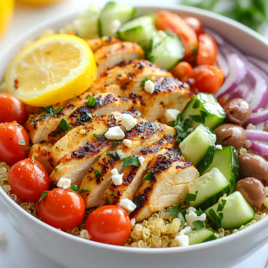 Für die Griechische Hähnchen-Power-Bowl brauchen wir einige wichtige Zutaten. Hier ist eine Liste: - 2 Tassen gekochter Quinoa - 450 g Hähnchenbrustfilet, ohne Knochen und Haut - 2 Esslöffel Olivenöl - 2 Teelöffel getrockneter Oregano - 1 Teelöffel Knoblauchpulver - Salz und Pfeffer nach Geschmack - 1 Tasse Kirschtomaten, halbiert - 1 Gurke, gewürfelt - 1/2 rote Zwiebel, dünn geschnitten - 1 Tasse Kalamata-Oliven, entsteint und halbiert - 1 Tasse Feta-Käse, zerbröselt - 1/4 Tasse frische Petersilie, gehackt - Zitronenschnitze zum Servieren Jede Zutat bringt ihren eigenen Geschmack und Nährstoffe in die Bowl. Frische Zutaten sind der Schlüssel für ein gesundes Gericht. Quinoa ist eine großartige Basis. Sie ist reich an Proteinen und Ballaststoffen. Das Hähnchen bringt zusätzliches Protein und hilft beim Muskelaufbau. Gemüse wie Kirschtomaten und Gurken sorgt für Vitamine und Mineralien. Sie geben der Bowl auch einen knackigen Biss. Die rote Zwiebel fügt Geschmack und einen Hauch von Schärfe hinzu. Die Kalamata-Oliven bringen gesunde Fette und einen salzigen Kick. Feta-Käse macht das Gericht cremig und würzig. Petersilie sorgt für Frische und eine schöne Farbe. Zitronenschnitze geben einen tollen zusätzlichen Geschmack. Beilagen sind wichtig für die Gesundheit. Quinoa hat viele Vorteile. Es enthält alle neun essenziellen Aminosäuren. Das macht es zu einer guten Wahl für Vegetarier und Fleischesser. Kirschtomaten sind reich an Antioxidantien. Sie unterstützen das Immunsystem. Gurken haben viel Wasser und helfen, den Körper hydriert zu halten. Sie sind kalorienarm, was sie zu einem tollen Snack macht. Oliven sind gut für das Herz. Sie enthalten gesunde Fette, die Cholesterin senken können. Feta-Käse liefert Kalzium und Protein. Petersilie ist reich an Vitaminen und fördert die Verdauung. Diese Zutaten machen die Griechische Hähnchen-Power-Bowl nicht nur lecker, sondern auch sehr gesund. {{ingredient_image_2}} Zuerst spülen Sie 1 Tasse Quinoa unter kaltem Wasser ab. Das entfernt Bitterstoffe. Kochen Sie die Quinoa mit 2 Tassen Wasser in einem Topf. Bringen Sie das Wasser zum Kochen. Reduzieren Sie dann die Hitze und lassen Sie es 15 Minuten köcheln. Nach dem Kochen lockern Sie die Quinoa mit einer Gabel auf. Lassen Sie sie abkühlen. Diese Quinoa bildet die gesunde Basis Ihrer Bowl. In einer kleinen Schüssel vermischen Sie 2 Esslöffel Olivenöl, 2 Teelöffel Oregano, 1 Teelöffel Knoblauchpulver, Salz und Pfeffer. Mit dieser Marinade bestreichen Sie die Hähnchenbrustfilets gleichmäßig. Lassen Sie das Hähnchen mindestens 20 Minuten ziehen. So nehmen die Aromen gut auf. Eine gute Marinade macht das Hähnchen zart und geschmackvoll. Erhitzen Sie eine Grillpfanne oder eine beschichtete Pfanne bei mittelhoher Hitze. Braten Sie die marinierten Hähnchenbrustfilets 6-7 Minuten auf jeder Seite. Achten Sie darauf, dass die Kerntemperatur 74°C erreicht. Nehmen Sie das Hähnchen vom Herd und lassen Sie es einige Minuten ruhen. Während das Hähnchen ruht, schneiden Sie die Kirschtomaten, die Gurke und die rote Zwiebel. Halbieren Sie auch die Kalamata-Oliven. So sind die frischen Zutaten bereit für die Bowls. Beginnen Sie mit einer Basis aus gekochtem Quinoa in jeder Schale. Darauf legen Sie die geschnittenen Hähnchenbrustfilets. Fügen Sie die Kirschtomaten, Gurken, rote Zwiebel, Oliven und zerbröselten Feta-Käse hinzu. Zum Schluss bestreuen Sie die Bowls mit frischer Petersilie. Legen Sie einen Zitronenschnitz an die Seite für extra Frische. So sieht Ihre Bowl nicht nur gut aus, sondern schmeckt auch köstlich. Um das Hähnchen perfekt zuzubereiten, achte auf die Marinade. Sie gibt Geschmack und macht das Fleisch zart. Mische Olivenöl, Oregano, Knoblauchpulver, Salz und Pfeffer in einer Schüssel. Die Marinade sollte mindestens 20 Minuten einziehen. So zieht der Geschmack tief ins Fleisch ein. Garen kannst du das Hähnchen in einer Grillpfanne. Erhitze die Pfanne gut, bevor du das Hähnchen hinzufügst. Brate es 6-7 Minuten pro Seite. Achte darauf, dass die Kerntemperatur 74°C erreicht. So bleibt das Hähnchen saftig und lecker. Quinoa ist nicht nur gesund, sondern auch vielseitig. Du kannst verschiedene Brühen verwenden, um mehr Geschmack zu bekommen. Koche die Quinoa in Gemüsebrühe oder Hühnerbrühe, um einen herzhaften Geschmack zu erzielen. Auch Gewürze wie Kurkuma oder Paprika geben der Quinoa einen tollen Farb- und Geschmacksboost. Wenn du magst, mische auch etwas Zitronensaft oder frische Kräuter unter die Quinoa. So wird sie noch erfrischender und aromatischer. Vorbereitung ist der Schlüssel zu schnellen, gesunden Mahlzeiten. Koche die Quinoa und das Hähnchen im Voraus. Du kannst beides in großen Mengen machen und portionsweise aufbewahren. Das Gemüse kannst du auch schneiden und im Kühlschrank lagern. So hast du immer alles bereit, um deine Power-Bowls schnell zusammenzustellen. Diese Methode spart Zeit und macht gesundes Essen einfach. Wenn du die Bowls abwechselst, bleibt das Essen spannend und lecker. Pro Tipps Quinoa richtig zubereiten: Achten Sie darauf, die Quinoa vor dem Kochen gründlich abzuspülen. Das entfernt Bitterstoffe und verbessert den Geschmack. Hähnchen marinieren: Lassen Sie das Hähnchen mindestens 30 Minuten in der Marinade ziehen, um intensivere Aromen zu erhalten. Gemüse frisch halten: Schneiden Sie das Gemüse erst kurz vor dem Servieren, damit es knackig bleibt und frische Aromen entfaltet. Variationen hinzufügen: Experimentieren Sie mit zusätzlichen Zutaten wie Avocado, Paprika oder gerösteten Nüssen, um den Bowls mehr Textur und Geschmack zu verleihen. {{image_4}} Wenn Sie eine vegetarische Option suchen, gibt es viele tolle Alternativen. Ersetzen Sie das Hähnchen einfach durch Kichererbsen oder Tofu. Beides hat viel Protein und ist gesund. Sie können die Kichererbsen mit etwas Olivenöl und Oregano würzen, um ihnen mehr Geschmack zu geben. Tofu lässt sich gut marinieren. Schneiden Sie ihn in Würfel und braten Sie ihn an, bis er goldbraun ist. Um die Power-Bowls noch besser zu machen, fügen Sie zusätzliche Toppings hinzu. Avocado ist eine großartige Wahl. Sie bringt Cremigkeit und gesunde Fette. Auch geröstete Nüsse oder Samen passen gut dazu. Sie geben einen schönen Crunch. Frische Kräuter wie Minze oder Dill bringen einen frischen Geschmack. Diese Kräuter ergänzen die anderen Zutaten wunderbar. Dressings machen das Gericht lebendig. Ein einfaches Zitronen-Olivenöl-Dressing ist leicht und frisch. Mischen Sie den Saft einer Zitrone mit Olivenöl, Salz und Pfeffer. Für eine cremigere Option können Sie Joghurt oder Tahini verwenden. Mischen Sie Joghurt mit Knoblauch und etwas Zitronensaft. Das gibt einen tollen Geschmack. Experimentieren Sie mit diesen Dressings, um Ihre Bowls zu personalisieren. Um die Reste Ihrer griechischen Hähnchen-Power-Bowls frisch zu halten, verwenden Sie luftdichte Behälter. Lassen Sie die Bowls auf Raumtemperatur abkühlen, bevor Sie sie im Kühlschrank lagern. So vermeiden Sie Kondenswasser. Achten Sie darauf, die Hähnchenstücke und das Gemüse separat vom Quinoa aufzubewahren. So bleibt alles frisch. Sie können Reste einfach in neuen Gerichten verwenden. Mischen Sie die Hähnchenstücke mit einem Salat oder Wrap. Quinoa lässt sich auch gut in Suppen oder als Beilage nutzen. Gemüse und Feta können in Omeletts oder auf Pizzen landen. So verschwenden Sie nichts und genießen neue Geschmäcker! Im Kühlschrank bleiben die Power-Bowls bis zu drei Tage frisch. Überprüfen Sie die Reste täglich auf Geruch oder Aussehen. Wenn etwas nicht gut aussieht, werfen Sie es weg. Für längere Lagerung können Sie die Bowls auch einfrieren. Achten Sie darauf, die Hähnchenstücke und das Gemüse gut zu verpacken. So bleiben sie bis zu drei Monate frisch! Eine Portion hat etwa 450 bis 500 Kalorien. Der genaue Wert hängt von den Zutaten ab. Hähnchen und Quinoa machen das Gericht nahrhaft. Die frischen Zutaten wie Gemüse und Feta bringen auch viele Nährstoffe. Ja, du kannst Quinoa durch Reis ersetzen. Brauner Reis ist eine gute Wahl. Er hat ähnliche Nährstoffe wie Quinoa. Weißer Reis ist auch möglich, hat aber weniger Ballaststoffe. Probiere es aus und finde heraus, was dir besser schmeckt! Zu diesen Bowls passen viele Beilagen. Ein einfacher grüner Salat gibt Frische. Hummus oder Tzatziki sind auch lecker. Du kannst auch Brot oder Pita dazu servieren. Diese Beilagen ergänzen die Aromen der Power-Bowls gut. Ja, dieses Rezept ist glutenfrei. Quinoa ist eine großartige glutenfreie Option. Achte darauf, dass alle anderen Zutaten auch glutenfrei sind. So kannst du sicher genießen, ohne dir Sorgen zu machen! Griechische Hähnchen-Power-Bowls sind einfach, frisch und gesund. Du hast die Hauptzutaten, Zubereitung und Lagertipps kennengelernt. Denke daran, dass du die Bowls nach Belieben anpassen kannst. Variationen und frische Zutaten bringen neuen Geschmack. Nutze diese Bowls für schnelle Mahlzeiten oder zum Vorbereiten. Gesunde Ernährung muss nicht schwer sein. Setze die Tipps um und genieße dein neues Gericht. So bleibst du fit und energisch.