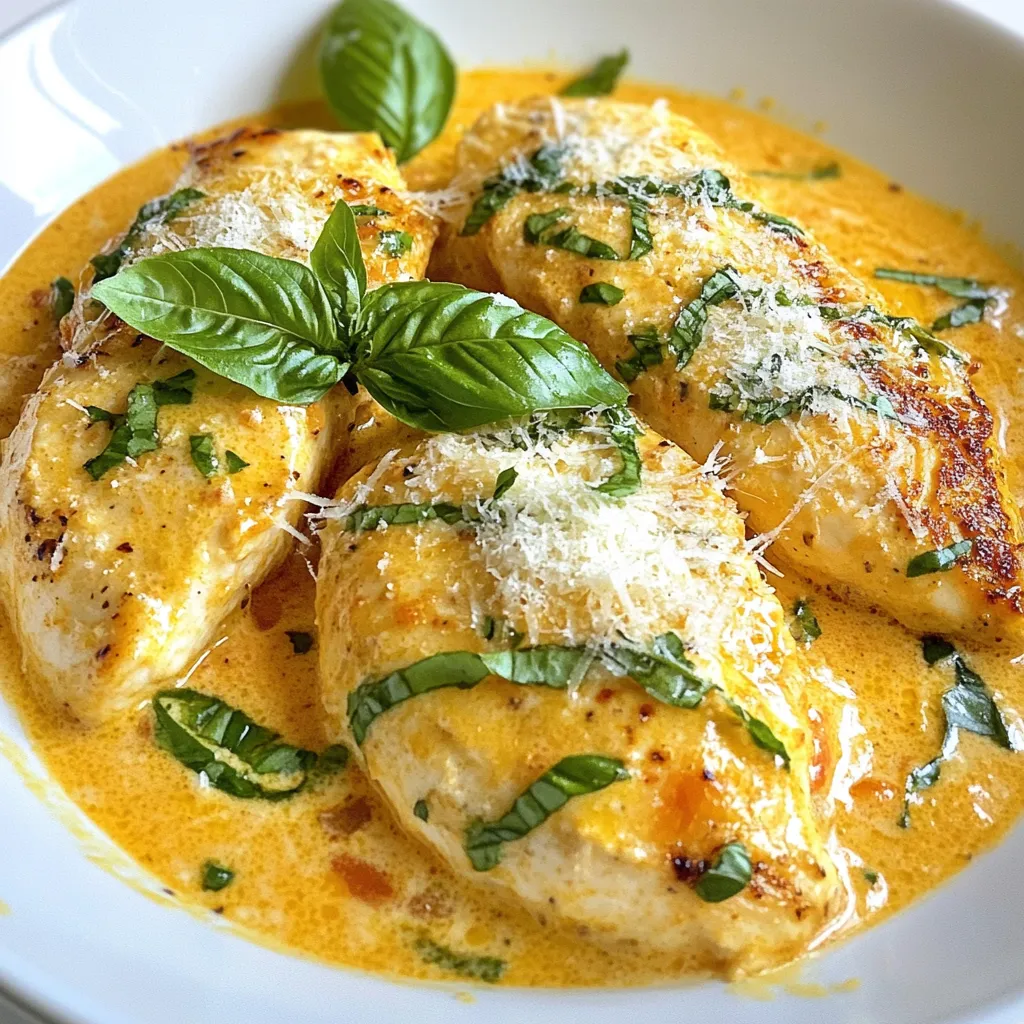 Für mein cremiges Tomaten-Basilikum-Hühnchen brauchst du nur ein paar einfache Zutaten. Hier ist die Liste, die du benötigst: - 4 Hähnchenbrustfilets (ohne Haut und Knochen) - 2 Esslöffel Olivenöl - 4 Knoblauchzehen, fein gehackt - 1 Dose (425 g) passierte Tomaten - 240 ml Schlagsahne - 1 Tasse frische Basilikumblätter, grob gehackt - 1 Teelöffel italienische Kräuter - Salz und Pfeffer nach Geschmack - Frisch geriebener Parmesan zum Garnieren Frische Zutaten machen das Gericht besonders lecker. Achte darauf, die besten Zutaten zu wählen: - Hähnchenbrust: Wähle saftige, frische Filets ohne Haut. - Basilikum: Frisch und grün ist der Schlüssel für den besten Geschmack. - Knoblauch: Frischer Knoblauch hat mehr Aroma als Pulver. Wenn du nicht alle Zutaten hast, gibt es Alternativen: - Hähnchenbrust: Du kannst auch Hähnchenschenkel verwenden. - Schlagsahne: Versuch es mit Kokosmilch für eine milchfreie Option. - Passierte Tomaten: Frische, pürierte Tomaten sind eine gute Wahl. Damit kannst du dein Gericht anpassen, je nach dem, was du zur Hand hast. {{ingredient_image_2}} Zuerst bereite ich die Zutaten vor. Ich nehme vier Hähnchenbrustfilets. Diese sollten ohne Haut und Knochen sein. Dann würze ich die Filets mit Salz und Pfeffer. Es ist wichtig, beides gut zu verteilen. So bekommen wir einen tollen Geschmack. Ich stelle sicher, dass alles bereit ist, bevor ich mit dem Kochen beginne. Jetzt erhitze ich das Olivenöl in einer großen Pfanne. Es sollte bei mittelhoher Temperatur heiß sein. Wenn das Öl heiß ist, lege ich die Hähnchenbrustfilets in die Pfanne. Ich brate sie sechs bis sieben Minuten auf jeder Seite. Das Hähnchen wird goldbraun und durchgegart. Danach nehme ich die Filets aus der Pfanne und lege sie beiseite. So bleibt das Hähnchen saftig. In der gleichen Pfanne gebe ich die fein gehackten Knoblauchzehen. Ich sautiere sie für etwa eine Minute. Der Knoblauch duftet dann wirklich gut. Als nächstes gieße ich die passierten Tomaten in die Pfanne. Ich rühre alles gut um und lasse die Mischung fünf Minuten köcheln. Danach reduziere ich die Hitze und füge die Schlagsahne hinzu. Ich rühre weiter, bis die Sahne gut vermischt ist. Jetzt kommen die grob gehackten Basilikumblätter und die italienischen Kräuter dazu. Ich lasse die Sauce zwei bis drei Minuten köcheln. So entfalten sich die Aromen. Schließlich lege ich das gebratene Hähnchen zurück in die Pfanne. Ich löffele die cremige Sauce großzügig darüber. Nach zwei Minuten ist das Gericht bereit. Um das beste Hähnchen zu bekommen, achte auf diese Punkte: - Verwende frische Hähnchenbrustfilets. Sie sind saftiger. - Würze das Fleisch gut. Salz und Pfeffer sind wichtig. - Brate das Hähnchen bei mittlerer Hitze. So wird es gleichmäßig gar. Wenn das Hähnchen goldbraun ist, lasse es ruhen. Das macht das Fleisch zart und saftig. Die Sauce ist das Herzstück dieses Gerichts. Hier sind einige Tricks: - Nutze frischen Knoblauch. Er gibt der Sauce einen tollen Geschmack. - Lass die passierten Tomaten gut köcheln. So entfalten sie ihr volles Aroma. - Füge die Schlagsahne langsam hinzu. Rühre gut um, bis sie cremig ist. Schmecke die Sauce vor dem Servieren ab. So stellst du sicher, dass sie perfekt ist. Für ein rundum gutes Essen empfehle ich diese Beilagen: - Frisches Baguette. Es passt perfekt zur cremigen Sauce. - Ein einfacher grüner Salat. So bleibt das Essen leicht. - Pasta oder Reis. Sie nehmen die Sauce gut auf. Diese Begleitungen machen dein cremiges Tomaten-Basilikum-Hühnchen noch besser. Pro Tipps Hähnchen marinieren: Für zusätzlichen Geschmack können Sie die Hähnchenbrustfilets vor dem Braten in einer Mischung aus Olivenöl, Knoblauch und italienischen Kräutern marinieren und eine Stunde im Kühlschrank ruhen lassen. Frische Kräuter verwenden: Für ein intensiveres Aroma verwenden Sie frische Basilikumblätter anstelle von getrocknetem Basilikum. Fügen Sie diese am Ende der Kochzeit hinzu, um ihren frischen Geschmack zu bewahren. Variationen der Sauce: Experimentieren Sie mit der Sauce, indem Sie zusätzliches Gemüse wie Spinat oder Zucchini hinzufügen. Diese können einfach mit dem Knoblauch sautiert werden, bevor die Tomaten und Sahne hinzugefügt werden. Parmesan optimal schmelzen: Um sicherzustellen, dass der frisch geriebene Parmesan gut schmilzt, fügen Sie ihn kurz vor dem Servieren hinzu und rühren Sie ihn in die heiße Sauce ein, damit er schön schmelzen kann. {{image_4}} Wenn Sie eine vegetarische Option wünschen, ersetzen Sie das Hähnchen durch Tofu. Wählen Sie festen Tofu und schneiden Sie ihn in Würfel. Braten Sie den Tofu in Olivenöl bis er goldbraun ist. Fahren Sie dann mit der gleichen Sauce fort. Sie können auch Auberginen oder Zucchini verwenden. Diese geben ebenfalls viel Geschmack und eine tolle Textur. Je nach Region können Sie verschiedene Kräuter hinzufügen. In Italien sind frische Oreganoblätter beliebt. In der Provence können Lavendelblüten eine besondere Note bringen. In Deutschland können Sie Petersilie oder Schnittlauch verwenden. Diese Anpassungen machen das Gericht einzigartig und geben ihm einen lokalen Flair. Für mehr Geschmack können Sie einige Zutaten hinzufügen. Oliven oder Kapern bringen einen salzigen Kick. Rote Paprika oder Spinat bieten Farbe und zusätzliche Nährstoffe. Für einen würzigen Touch fügen Sie rote Pfefferflocken hinzu. Diese kleinen Änderungen können das Gericht auf ein neues Level heben, ohne viel Aufwand. Wenn Sie Reste von cremigem Tomaten-Basilikum-Hühnchen haben, bewahren Sie diese in einem luftdichten Behälter auf. Lassen Sie das Gericht zuerst abkühlen, bevor Sie es in den Kühlschrank stellen. So bleibt der Geschmack frisch. Reste halten sich bis zu drei Tage im Kühlschrank. Wenn Sie es noch länger aufbewahren möchten, sollten Sie die Sauce getrennt vom Hühnchen lagern. Die Sauce lässt sich gut einfrieren. Geben Sie die abgekühlte Sauce in einen gefrierfesten Behälter. Achten Sie darauf, etwas Platz zu lassen, da die Sauce beim Gefrieren expandiert. Sie können die Sauce bis zu drei Monate einfrieren. Beschriften Sie den Behälter mit dem Datum, damit Sie wissen, wann Sie die Sauce gemacht haben. Zum Wiedererwärmen nehmen Sie das Hühnchen und die Sauce aus dem Kühlschrank oder Gefrierfach. Wenn Sie die Sauce eingefroren haben, lassen Sie sie zuerst im Kühlschrank auftauen. Erhitzen Sie die Sauce in einem Topf bei niedriger Hitze. Rühren Sie gelegentlich um, damit sie nicht anbrennt. Fügen Sie das Hühnchen hinzu und erhitzen Sie alles zusammen, bis es warm ist. So bleibt das Hühnchen zart und die Sauce cremig. Sie können das Rezept mit verschiedenen Gewürzen anpassen. Verwenden Sie zum Beispiel mehr italienische Kräuter. Paprika oder Chili können für etwas Schärfe sorgen. Auch frische Kräuter wie Oregano oder Petersilie sind eine gute Wahl. Seien Sie kreativ und probieren Sie neue Kombinationen aus. Achten Sie darauf, die Gewürze nach und nach hinzuzufügen. So können Sie den Geschmack besser steuern. Ja, frische Tomaten sind eine tolle Alternative. Verwenden Sie reife, saftige Tomaten für den besten Geschmack. Schneiden Sie die Tomaten in kleine Stücke, bevor Sie sie in die Pfanne geben. Kochen Sie sie etwa 10 Minuten länger, damit sie weich werden. Das gibt der Sauce eine frische Note. Zu diesem Gericht passen viele Beilagen. Probieren Sie Pasta oder Reis für eine sättigende Mahlzeit. Auch ein frischer grüner Salat ist eine gute Option. Brot eignet sich perfekt, um die cremige Sauce aufzutunken. Wählen Sie, was Ihnen am besten gefällt! In diesem Artikel haben wir die wichtigsten Zutaten für dein Gericht betrachtet. Wir haben frische Optionen, Alternativen und nützliche Lagerungstipps besprochen. Du hast auch eine Schritt-für-Schritt-Anleitung erhalten, um die Zubereitung zu erleichtern. Denke daran, die Tipps für das perfekte Hähnchen und die besten Beilagen zu nutzen. Experimentiere mit Variationen, um dein Gericht einzigartig zu machen. Kochen soll Spaß machen! Viel Freude beim Ausprobieren und Genießen deines Gerichts.