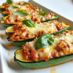 Für die Hähnchen Parmesan Zucchini-Boote brauchst du: - 4 mittelgroße Zucchini - 450 g gemahlenes Hähnchen - 240 ml Marinara-Sauce - 100 g geriebener Mozzarella-Käse - 50 g geriebener Parmesan-Käse - 1 Teelöffel getrocknete italienische Kräuter (Oregano, Basilikum, Thymian) - 2 Knoblauchzehen, gehackt - 1 Esslöffel Olivenöl - Salz und Pfeffer nach Geschmack - Frische Basilikumblätter zur Garnierung Diese Zutaten machen dein Gericht nicht nur lecker, sondern auch gesund. Zucchini hat wenig Kalorien und bietet viele Nährstoffe. Eine Portion hat etwa: - Kalorien: 350 kcal - Eiweiß: 30 g - Fett: 20 g - Kohlenhydrate: 10 g Diese Werte können leicht variieren. Sie hängen von der Menge der verwendeten Zutaten ab. Du kannst die Nährwerte anpassen, indem du weniger Käse nimmst oder das Hähnchen ersetzt. Falls du einige Zutaten nicht hast, hier sind gute Alternativen: - Statt gemahlenem Hähnchen kannst du mageres Rinderhackfleisch verwenden. - Für die Marinara-Sauce kannst du auch Tomatensauce oder selbstgemachte Sauce nutzen. - Wenn du keinen Mozzarella hast, ist Gouda ein guter Ersatz. - Frische Kräuter sind toll, aber du kannst auch getrocknete Kräuter verwenden. Diese Alternativen helfen dir, das Rezept nach deinem Geschmack anzupassen. Experimentiere ruhig! {{ingredient_image_2}} Zuerst heize deinen Ofen auf 190 °C vor. Das ist wichtig, damit die Zucchini gleichmäßig garen. Du kannst währenddessen alle Zutaten bereitstellen. So geht alles schneller und einfacher. Nimm die Zucchini und wasche sie gründlich. Schneide sie der Länge nach in Hälften. Mit einem Löffel höhlst du das Innere jeder Zucchini-Hälfte aus. Lass dabei einen kleinen Rand stehen. Dieser Rand sorgt dafür, dass die Zucchini stabil bleibt. Bewahre das herausgekratzte Zucchini-Fleisch für später auf. Erhitze 1 Esslöffel Olivenöl in einer Pfanne bei mittlerer Hitze. Füge 2 gehackte Knoblauchzehen hinzu und brate sie etwa 1 Minute lang. Das bringt einen tollen Geschmack. Gebe 450 g gemahlenes Hähnchen in die Pfanne. Würze es mit Salz, Pfeffer und 1 Teelöffel italienischen Kräutern. Koche das Hähnchen für 7-8 Minuten, bis es braun ist. Füge dann das aufbewahrte Zucchini-Fleisch und 240 ml Marinara-Sauce hinzu. Rühre alles gut um und lasse es 3-4 Minuten köcheln. Jetzt kannst du 50 g geriebenen Parmesan und 100 g geriebenen Mozzarella unterrühren. Das sorgt für eine cremige Füllung. Nimm die Zucchini-Boote und lege sie in eine Auflaufform. Fülle jede Hälfte großzügig mit der Hähnchenmischung. Streue den restlichen Mozzarella und Parmesan gleichmäßig darüber. Backe die Zucchini-Boote für 25-30 Minuten im Ofen. Sie sind fertig, wenn die Zucchini zart ist und der Käse goldbraun schmilzt. Garniere die Boote vor dem Servieren mit frischen Basilikumblättern. Um die perfekten Zucchini-Boote zu machen, sollten Sie einige Dinge beachten. Wählen Sie frische, mittelgroße Zucchini. Sie sind ideal, um eine gute Form zu halten. Achten Sie darauf, die Zucchini gleichmäßig auszuhöhlen. So bleibt genug Platz für die Füllung. - Aushöhlen: Lassen Sie einen kleinen Rand stehen. - Backzeit: Überwachen Sie den Käse, damit er nicht verbrennt. - Garnitur: Verwenden Sie frische Basilikumblätter für den letzten Schliff. Ein häufiger Fehler ist, die Zucchini zu lange zu backen. Überbacken macht sie matschig. Ein weiterer Fehler ist, zu viel Füllung hineinzupacken. Es ist wichtig, die Mischung gut zu verteilen, damit sie gleichmäßig kocht. - Zu viel Salz: Achten Sie auf die Menge der Gewürze. - Zu wenig Käse: Der Käse macht das Gericht besonders lecker. Um mehr Geschmack zu bringen, können Sie verschiedene Zutaten hinzufügen. Fügen Sie etwas rote Paprika oder Zwiebeln zu der Hähnchenmischung hinzu. Das bringt Farbe und zusätzlichen Biss. - Gewürze: Experimentieren Sie mit Paprika oder Kreuzkümmel. - Käse: Verwenden Sie eine Mischung aus verschiedenen Käsesorten für mehr Tiefe. - Gemüse: Fügen Sie Spinat oder Pilze zur Füllung hinzu, um sie noch gesünder zu machen. Pro Tipps Zucchini richtig aushöhlen: Achten Sie darauf, die Zucchini nicht zu dünn auszuhöhlen, damit sie beim Backen stabil bleibt und die Füllung nicht herausfällt. Variationen der Füllung: Experimentieren Sie mit verschiedenen Käsesorten oder fügen Sie Gemüse hinzu, um der Füllung zusätzliche Aromen zu verleihen. Vorbereitung im Voraus: Die Zucchini-Boote können vorbereitet und im Kühlschrank aufbewahrt werden, bis sie gebacken werden müssen, was sie ideal für ein schnelles Abendessen macht. Serviervorschläge: Ergänzen Sie die Zucchini-Boote mit einem frischen Salat oder knusprigem Brot, um das Gericht abzurunden und eine ausgewogene Mahlzeit zu schaffen. {{image_4}} Um eine vegetarische Variante der Hähnchen Parmesan Zucchini-Boote zu machen, ersetze das Hähnchen. Du kannst stattdessen gekochte Linsen oder Quinoa verwenden. Diese sind reich an Proteinen und passen gut zu den anderen Zutaten. Füge mehr Gemüse wie Paprika oder Pilze hinzu, um den Geschmack zu verstärken. Das macht die Zucchini-Boote gesund und lecker. Du kannst die Gewürze leicht anpassen, um neue Geschmäcker zu entdecken. Probiere frische Kräuter wie Basilikum oder Petersilie für einen frischeren Geschmack. Du kannst auch rote Pfefferflocken hinzufügen, wenn du es schärfer magst. Experimentiere mit verschiedenen Käsesorten, wie Gouda oder Feta, um die Aromen zu variieren. Dies bringt Vielfalt in dein Gericht. Serviere die Zucchini-Boote auf einem hellen Teller für einen schönen Look. Eine Balsamico-Glasur macht das Gericht noch ansprechender. Du kannst auch einen frischen Salat dazu anbieten. Ein einfacher grüner Salat oder ein Tomatensalat passen gut dazu. Dies rundet das Essen ab und sorgt für eine ausgewogene Mahlzeit. Um die Hähnchen Parmesan Zucchini-Boote frisch zu halten, legen Sie sie in einen luftdichten Behälter. Diese können im Kühlschrank bis zu drei Tage aufbewahrt werden. Es ist am besten, die Boote ganz zu lassen, um die Textur zu bewahren. Wenn Sie Reste aufbewahren, trennen Sie die Füllung von der Zucchini, wenn möglich. So bleibt alles lecker. Wenn es Zeit ist, die Zucchini-Boote wieder zu genießen, heizen Sie den Ofen auf 180 °C vor. Legen Sie die Boote auf ein Backblech und decken Sie sie mit Folie ab. Dies hilft, das Austrocknen zu verhindern. Backen Sie sie etwa 15 bis 20 Minuten, bis sie warm sind. Sie können auch die Mikrowelle nutzen. Stellen Sie sicher, dass Sie eine mikrowellengeeignete Schüssel verwenden. Erhitzen Sie sie in kurzen Abständen, um ein Überhitzen zu vermeiden. Sie können die Zucchini-Boote auch einfrieren. Lassen Sie die Boote zuerst abkühlen. Wickeln Sie sie dann gut in Frischhaltefolie ein oder legen Sie sie in einen gefrierfesten Behälter. So bleiben sie bis zu drei Monate frisch. Wenn Sie bereit sind, sie zu genießen, tauen Sie sie im Kühlschrank auf. Backen Sie sie dann wie beschrieben, um den besten Geschmack zu erhalten. Die Zucchini-Boote sind im Kühlschrank etwa 3 bis 4 Tage haltbar. Achte darauf, sie in einem luftdichten Behälter zu lagern. So bleiben sie frisch und lecker. Wenn du sie länger aufbewahren möchtest, friere sie ein. So kannst du sie bis zu 3 Monate genießen. Ja, du kannst die Füllung im Voraus zubereiten. Koche das Hähnchen mit der Marinara-Sauce und den Kräutern. Lass die Mischung abkühlen und stelle sie in den Kühlschrank. Am nächsten Tag kannst du die Zucchini-Boote schnell füllen und backen. Das spart Zeit und macht die Zubereitung einfacher. Um die Zucchini-Boote glutenfrei zu machen, verwende glutenfreie Marinara-Sauce. Achte auch darauf, dass der Käse, den du verwendest, glutenfrei ist. Mit diesen einfachen Änderungen kannst du ein köstliches und sicheres Gericht genießen. In diesem Artikel haben wir die Zutaten, die Vorbereitung und sogar Variationen von Zucchini-Boote behandelt. Du lernst, wie du die Zucchini richtig aushöhlst und die Füllung zubereitest. Ich habe auch Tipps gegeben, um häufige Fehler zu vermeiden und die besten Aromen zu finden. Denke daran, wie du deine Reste lagerst und aufwärmst. So bleiben deine Zucchini-Boote frisch und schmackhaft. Kombiniere verschiedene Zutaten für mehr Geschmack und Freude beim Essen. Viel Spaß beim Ausprobieren!