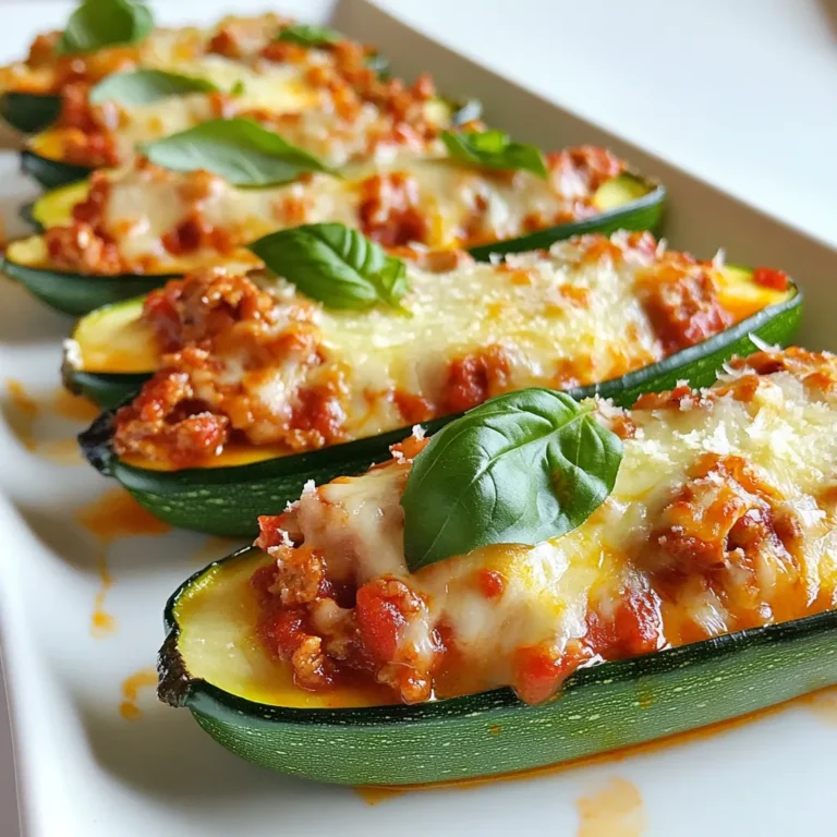 Für die Hähnchen Parmesan Zucchini-Boote brauchst du: - 4 mittelgroße Zucchini - 450 g gemahlenes Hähnchen - 240 ml Marinara-Sauce - 100 g geriebener Mozzarella-Käse - 50 g geriebener Parmesan-Käse - 1 Teelöffel getrocknete italienische Kräuter (Oregano, Basilikum, Thymian) - 2 Knoblauchzehen, gehackt - 1 Esslöffel Olivenöl - Salz und Pfeffer nach Geschmack - Frische Basilikumblätter zur Garnierung Diese Zutaten machen dein Gericht nicht nur lecker, sondern auch gesund. Zucchini hat wenig Kalorien und bietet viele Nährstoffe. Eine Portion hat etwa: - Kalorien: 350 kcal - Eiweiß: 30 g - Fett: 20 g - Kohlenhydrate: 10 g Diese Werte können leicht variieren. Sie hängen von der Menge der verwendeten Zutaten ab. Du kannst die Nährwerte anpassen, indem du weniger Käse nimmst oder das Hähnchen ersetzt. Falls du einige Zutaten nicht hast, hier sind gute Alternativen: - Statt gemahlenem Hähnchen kannst du mageres Rinderhackfleisch verwenden. - Für die Marinara-Sauce kannst du auch Tomatensauce oder selbstgemachte Sauce nutzen. - Wenn du keinen Mozzarella hast, ist Gouda ein guter Ersatz. - Frische Kräuter sind toll, aber du kannst auch getrocknete Kräuter verwenden. Diese Alternativen helfen dir, das Rezept nach deinem Geschmack anzupassen. Experimentiere ruhig! {{ingredient_image_2}} Zuerst heize deinen Ofen auf 190 °C vor. Das ist wichtig, damit die Zucchini gleichmäßig garen. Du kannst währenddessen alle Zutaten bereitstellen. So geht alles schneller und einfacher. Nimm die Zucchini und wasche sie gründlich. Schneide sie der Länge nach in Hälften. Mit einem Löffel höhlst du das Innere jeder Zucchini-Hälfte aus. Lass dabei einen kleinen Rand stehen. Dieser Rand sorgt dafür, dass die Zucchini stabil bleibt. Bewahre das herausgekratzte Zucchini-Fleisch für später auf. Erhitze 1 Esslöffel Olivenöl in einer Pfanne bei mittlerer Hitze. Füge 2 gehackte Knoblauchzehen hinzu und brate sie etwa 1 Minute lang. Das bringt einen tollen Geschmack. Gebe 450 g gemahlenes Hähnchen in die Pfanne. Würze es mit Salz, Pfeffer und 1 Teelöffel italienischen Kräutern. Koche das Hähnchen für 7-8 Minuten, bis es braun ist. Füge dann das aufbewahrte Zucchini-Fleisch und 240 ml Marinara-Sauce hinzu. Rühre alles gut um und lasse es 3-4 Minuten köcheln. Jetzt kannst du 50 g geriebenen Parmesan und 100 g geriebenen Mozzarella unterrühren. Das sorgt für eine cremige Füllung. Nimm die Zucchini-Boote und lege sie in eine Auflaufform. Fülle jede Hälfte großzügig mit der Hähnchenmischung. Streue den restlichen Mozzarella und Parmesan gleichmäßig darüber. Backe die Zucchini-Boote für 25-30 Minuten im Ofen. Sie sind fertig, wenn die Zucchini zart ist und der Käse goldbraun schmilzt. Garniere die Boote vor dem Servieren mit frischen Basilikumblättern. Um die perfekten Zucchini-Boote zu machen, sollten Sie einige Dinge beachten. Wählen Sie frische, mittelgroße Zucchini. Sie sind ideal, um eine gute Form zu halten. Achten Sie darauf, die Zucchini gleichmäßig auszuhöhlen. So bleibt genug Platz für die Füllung. - Aushöhlen: Lassen Sie einen kleinen Rand stehen. - Backzeit: Überwachen Sie den Käse, damit er nicht verbrennt. - Garnitur: Verwenden Sie frische Basilikumblätter für den letzten Schliff. Ein häufiger Fehler ist, die Zucchini zu lange zu backen. Überbacken macht sie matschig. Ein weiterer Fehler ist, zu viel Füllung hineinzupacken. Es ist wichtig, die Mischung gut zu verteilen, damit sie gleichmäßig kocht. - Zu viel Salz: Achten Sie auf die Menge der Gewürze. - Zu wenig Käse: Der Käse macht das Gericht besonders lecker. Um mehr Geschmack zu bringen, können Sie verschiedene Zutaten hinzufügen. Fügen Sie etwas rote Paprika oder Zwiebeln zu der Hähnchenmischung hinzu. Das bringt Farbe und zusätzlichen Biss. - Gewürze: Experimentieren Sie mit Paprika oder Kreuzkümmel. - Käse: Verwenden Sie eine Mischung aus verschiedenen Käsesorten für mehr Tiefe. - Gemüse: Fügen Sie Spinat oder Pilze zur Füllung hinzu, um sie noch gesünder zu machen. Pro Tipps Zucchini richtig aushöhlen: Achten Sie darauf, die Zucchini nicht zu dünn auszuhöhlen, damit sie beim Backen stabil bleibt und die Füllung nicht herausfällt. Variationen der Füllung: Experimentieren Sie mit verschiedenen Käsesorten oder fügen Sie Gemüse hinzu, um der Füllung zusätzliche Aromen zu verleihen. Vorbereitung im Voraus: Die Zucchini-Boote können vorbereitet und im Kühlschrank aufbewahrt werden, bis sie gebacken werden müssen, was sie ideal für ein schnelles Abendessen macht. Serviervorschläge: Ergänzen Sie die Zucchini-Boote mit einem frischen Salat oder knusprigem Brot, um das Gericht abzurunden und eine ausgewogene Mahlzeit zu schaffen. {{image_4}} Um eine vegetarische Variante der Hähnchen Parmesan Zucchini-Boote zu machen, ersetze das Hähnchen. Du kannst stattdessen gekochte Linsen oder Quinoa verwenden. Diese sind reich an Proteinen und passen gut zu den anderen Zutaten. Füge mehr Gemüse wie Paprika oder Pilze hinzu, um den Geschmack zu verstärken. Das macht die Zucchini-Boote gesund und lecker. Du kannst die Gewürze leicht anpassen, um neue Geschmäcker zu entdecken. Probiere frische Kräuter wie Basilikum oder Petersilie für einen frischeren Geschmack. Du kannst auch rote Pfefferflocken hinzufügen, wenn du es schärfer magst. Experimentiere mit verschiedenen Käsesorten, wie Gouda oder Feta, um die Aromen zu variieren. Dies bringt Vielfalt in dein Gericht. Serviere die Zucchini-Boote auf einem hellen Teller für einen schönen Look. Eine Balsamico-Glasur macht das Gericht noch ansprechender. Du kannst auch einen frischen Salat dazu anbieten. Ein einfacher grüner Salat oder ein Tomatensalat passen gut dazu. Dies rundet das Essen ab und sorgt für eine ausgewogene Mahlzeit. Um die Hähnchen Parmesan Zucchini-Boote frisch zu halten, legen Sie sie in einen luftdichten Behälter. Diese können im Kühlschrank bis zu drei Tage aufbewahrt werden. Es ist am besten, die Boote ganz zu lassen, um die Textur zu bewahren. Wenn Sie Reste aufbewahren, trennen Sie die Füllung von der Zucchini, wenn möglich. So bleibt alles lecker. Wenn es Zeit ist, die Zucchini-Boote wieder zu genießen, heizen Sie den Ofen auf 180 °C vor. Legen Sie die Boote auf ein Backblech und decken Sie sie mit Folie ab. Dies hilft, das Austrocknen zu verhindern. Backen Sie sie etwa 15 bis 20 Minuten, bis sie warm sind. Sie können auch die Mikrowelle nutzen. Stellen Sie sicher, dass Sie eine mikrowellengeeignete Schüssel verwenden. Erhitzen Sie sie in kurzen Abständen, um ein Überhitzen zu vermeiden. Sie können die Zucchini-Boote auch einfrieren. Lassen Sie die Boote zuerst abkühlen. Wickeln Sie sie dann gut in Frischhaltefolie ein oder legen Sie sie in einen gefrierfesten Behälter. So bleiben sie bis zu drei Monate frisch. Wenn Sie bereit sind, sie zu genießen, tauen Sie sie im Kühlschrank auf. Backen Sie sie dann wie beschrieben, um den besten Geschmack zu erhalten. Die Zucchini-Boote sind im Kühlschrank etwa 3 bis 4 Tage haltbar. Achte darauf, sie in einem luftdichten Behälter zu lagern. So bleiben sie frisch und lecker. Wenn du sie länger aufbewahren möchtest, friere sie ein. So kannst du sie bis zu 3 Monate genießen. Ja, du kannst die Füllung im Voraus zubereiten. Koche das Hähnchen mit der Marinara-Sauce und den Kräutern. Lass die Mischung abkühlen und stelle sie in den Kühlschrank. Am nächsten Tag kannst du die Zucchini-Boote schnell füllen und backen. Das spart Zeit und macht die Zubereitung einfacher. Um die Zucchini-Boote glutenfrei zu machen, verwende glutenfreie Marinara-Sauce. Achte auch darauf, dass der Käse, den du verwendest, glutenfrei ist. Mit diesen einfachen Änderungen kannst du ein köstliches und sicheres Gericht genießen. In diesem Artikel haben wir die Zutaten, die Vorbereitung und sogar Variationen von Zucchini-Boote behandelt. Du lernst, wie du die Zucchini richtig aushöhlst und die Füllung zubereitest. Ich habe auch Tipps gegeben, um häufige Fehler zu vermeiden und die besten Aromen zu finden. Denke daran, wie du deine Reste lagerst und aufwärmst. So bleiben deine Zucchini-Boote frisch und schmackhaft. Kombiniere verschiedene Zutaten für mehr Geschmack und Freude beim Essen. Viel Spaß beim Ausprobieren!