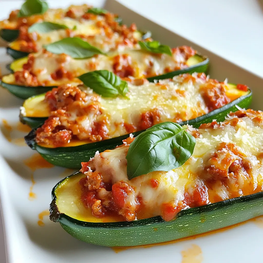 Für die Hähnchen Parmesan Zucchini-Boote brauchst du: - 4 mittelgroße Zucchini - 450 g gemahlenes Hähnchen - 240 ml Marinara-Sauce - 100 g geriebener Mozzarella-Käse - 50 g geriebener Parmesan-Käse - 1 Teelöffel getrocknete italienische Kräuter (Oregano, Basilikum, Thymian) - 2 Knoblauchzehen, gehackt - 1 Esslöffel Olivenöl - Salz und Pfeffer nach Geschmack - Frische Basilikumblätter zur Garnierung Diese Zutaten machen dein Gericht nicht nur lecker, sondern auch gesund. Zucchini hat wenig Kalorien und bietet viele Nährstoffe. Eine Portion hat etwa: - Kalorien: 350 kcal - Eiweiß: 30 g - Fett: 20 g - Kohlenhydrate: 10 g Diese Werte können leicht variieren. Sie hängen von der Menge der verwendeten Zutaten ab. Du kannst die Nährwerte anpassen, indem du weniger Käse nimmst oder das Hähnchen ersetzt. Falls du einige Zutaten nicht hast, hier sind gute Alternativen: - Statt gemahlenem Hähnchen kannst du mageres Rinderhackfleisch verwenden. - Für die Marinara-Sauce kannst du auch Tomatensauce oder selbstgemachte Sauce nutzen. - Wenn du keinen Mozzarella hast, ist Gouda ein guter Ersatz. - Frische Kräuter sind toll, aber du kannst auch getrocknete Kräuter verwenden. Diese Alternativen helfen dir, das Rezept nach deinem Geschmack anzupassen. Experimentiere ruhig! {{ingredient_image_2}} Zuerst heize deinen Ofen auf 190 °C vor. Das ist wichtig, damit die Zucchini gleichmäßig garen. Du kannst währenddessen alle Zutaten bereitstellen. So geht alles schneller und einfacher. Nimm die Zucchini und wasche sie gründlich. Schneide sie der Länge nach in Hälften. Mit einem Löffel höhlst du das Innere jeder Zucchini-Hälfte aus. Lass dabei einen kleinen Rand stehen. Dieser Rand sorgt dafür, dass die Zucchini stabil bleibt. Bewahre das herausgekratzte Zucchini-Fleisch für später auf. Erhitze 1 Esslöffel Olivenöl in einer Pfanne bei mittlerer Hitze. Füge 2 gehackte Knoblauchzehen hinzu und brate sie etwa 1 Minute lang. Das bringt einen tollen Geschmack. Gebe 450 g gemahlenes Hähnchen in die Pfanne. Würze es mit Salz, Pfeffer und 1 Teelöffel italienischen Kräutern. Koche das Hähnchen für 7-8 Minuten, bis es braun ist. Füge dann das aufbewahrte Zucchini-Fleisch und 240 ml Marinara-Sauce hinzu. Rühre alles gut um und lasse es 3-4 Minuten köcheln. Jetzt kannst du 50 g geriebenen Parmesan und 100 g geriebenen Mozzarella unterrühren. Das sorgt für eine cremige Füllung. Nimm die Zucchini-Boote und lege sie in eine Auflaufform. Fülle jede Hälfte großzügig mit der Hähnchenmischung. Streue den restlichen Mozzarella und Parmesan gleichmäßig darüber. Backe die Zucchini-Boote für 25-30 Minuten im Ofen. Sie sind fertig, wenn die Zucchini zart ist und der Käse goldbraun schmilzt. Garniere die Boote vor dem Servieren mit frischen Basilikumblättern. Um die perfekten Zucchini-Boote zu machen, sollten Sie einige Dinge beachten. Wählen Sie frische, mittelgroße Zucchini. Sie sind ideal, um eine gute Form zu halten. Achten Sie darauf, die Zucchini gleichmäßig auszuhöhlen. So bleibt genug Platz für die Füllung. - Aushöhlen: Lassen Sie einen kleinen Rand stehen. - Backzeit: Überwachen Sie den Käse, damit er nicht verbrennt. - Garnitur: Verwenden Sie frische Basilikumblätter für den letzten Schliff. Ein häufiger Fehler ist, die Zucchini zu lange zu backen. Überbacken macht sie matschig. Ein weiterer Fehler ist, zu viel Füllung hineinzupacken. Es ist wichtig, die Mischung gut zu verteilen, damit sie gleichmäßig kocht. - Zu viel Salz: Achten Sie auf die Menge der Gewürze. - Zu wenig Käse: Der Käse macht das Gericht besonders lecker. Um mehr Geschmack zu bringen, können Sie verschiedene Zutaten hinzufügen. Fügen Sie etwas rote Paprika oder Zwiebeln zu der Hähnchenmischung hinzu. Das bringt Farbe und zusätzlichen Biss. - Gewürze: Experimentieren Sie mit Paprika oder Kreuzkümmel. - Käse: Verwenden Sie eine Mischung aus verschiedenen Käsesorten für mehr Tiefe. - Gemüse: Fügen Sie Spinat oder Pilze zur Füllung hinzu, um sie noch gesünder zu machen. Pro Tipps Zucchini richtig aushöhlen: Achten Sie darauf, die Zucchini nicht zu dünn auszuhöhlen, damit sie beim Backen stabil bleibt und die Füllung nicht herausfällt. Variationen der Füllung: Experimentieren Sie mit verschiedenen Käsesorten oder fügen Sie Gemüse hinzu, um der Füllung zusätzliche Aromen zu verleihen. Vorbereitung im Voraus: Die Zucchini-Boote können vorbereitet und im Kühlschrank aufbewahrt werden, bis sie gebacken werden müssen, was sie ideal für ein schnelles Abendessen macht. Serviervorschläge: Ergänzen Sie die Zucchini-Boote mit einem frischen Salat oder knusprigem Brot, um das Gericht abzurunden und eine ausgewogene Mahlzeit zu schaffen. {{image_4}} Um eine vegetarische Variante der Hähnchen Parmesan Zucchini-Boote zu machen, ersetze das Hähnchen. Du kannst stattdessen gekochte Linsen oder Quinoa verwenden. Diese sind reich an Proteinen und passen gut zu den anderen Zutaten. Füge mehr Gemüse wie Paprika oder Pilze hinzu, um den Geschmack zu verstärken. Das macht die Zucchini-Boote gesund und lecker. Du kannst die Gewürze leicht anpassen, um neue Geschmäcker zu entdecken. Probiere frische Kräuter wie Basilikum oder Petersilie für einen frischeren Geschmack. Du kannst auch rote Pfefferflocken hinzufügen, wenn du es schärfer magst. Experimentiere mit verschiedenen Käsesorten, wie Gouda oder Feta, um die Aromen zu variieren. Dies bringt Vielfalt in dein Gericht. Serviere die Zucchini-Boote auf einem hellen Teller für einen schönen Look. Eine Balsamico-Glasur macht das Gericht noch ansprechender. Du kannst auch einen frischen Salat dazu anbieten. Ein einfacher grüner Salat oder ein Tomatensalat passen gut dazu. Dies rundet das Essen ab und sorgt für eine ausgewogene Mahlzeit. Um die Hähnchen Parmesan Zucchini-Boote frisch zu halten, legen Sie sie in einen luftdichten Behälter. Diese können im Kühlschrank bis zu drei Tage aufbewahrt werden. Es ist am besten, die Boote ganz zu lassen, um die Textur zu bewahren. Wenn Sie Reste aufbewahren, trennen Sie die Füllung von der Zucchini, wenn möglich. So bleibt alles lecker. Wenn es Zeit ist, die Zucchini-Boote wieder zu genießen, heizen Sie den Ofen auf 180 °C vor. Legen Sie die Boote auf ein Backblech und decken Sie sie mit Folie ab. Dies hilft, das Austrocknen zu verhindern. Backen Sie sie etwa 15 bis 20 Minuten, bis sie warm sind. Sie können auch die Mikrowelle nutzen. Stellen Sie sicher, dass Sie eine mikrowellengeeignete Schüssel verwenden. Erhitzen Sie sie in kurzen Abständen, um ein Überhitzen zu vermeiden. Sie können die Zucchini-Boote auch einfrieren. Lassen Sie die Boote zuerst abkühlen. Wickeln Sie sie dann gut in Frischhaltefolie ein oder legen Sie sie in einen gefrierfesten Behälter. So bleiben sie bis zu drei Monate frisch. Wenn Sie bereit sind, sie zu genießen, tauen Sie sie im Kühlschrank auf. Backen Sie sie dann wie beschrieben, um den besten Geschmack zu erhalten. Die Zucchini-Boote sind im Kühlschrank etwa 3 bis 4 Tage haltbar. Achte darauf, sie in einem luftdichten Behälter zu lagern. So bleiben sie frisch und lecker. Wenn du sie länger aufbewahren möchtest, friere sie ein. So kannst du sie bis zu 3 Monate genießen. Ja, du kannst die Füllung im Voraus zubereiten. Koche das Hähnchen mit der Marinara-Sauce und den Kräutern. Lass die Mischung abkühlen und stelle sie in den Kühlschrank. Am nächsten Tag kannst du die Zucchini-Boote schnell füllen und backen. Das spart Zeit und macht die Zubereitung einfacher. Um die Zucchini-Boote glutenfrei zu machen, verwende glutenfreie Marinara-Sauce. Achte auch darauf, dass der Käse, den du verwendest, glutenfrei ist. Mit diesen einfachen Änderungen kannst du ein köstliches und sicheres Gericht genießen. In diesem Artikel haben wir die Zutaten, die Vorbereitung und sogar Variationen von Zucchini-Boote behandelt. Du lernst, wie du die Zucchini richtig aushöhlst und die Füllung zubereitest. Ich habe auch Tipps gegeben, um häufige Fehler zu vermeiden und die besten Aromen zu finden. Denke daran, wie du deine Reste lagerst und aufwärmst. So bleiben deine Zucchini-Boote frisch und schmackhaft. Kombiniere verschiedene Zutaten für mehr Geschmack und Freude beim Essen. Viel Spaß beim Ausprobieren!