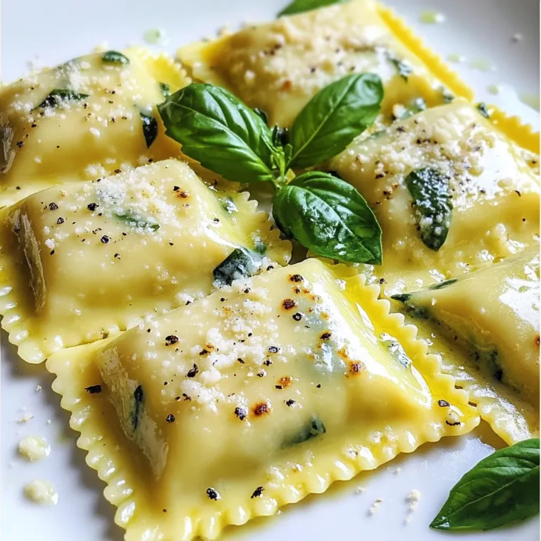 Für den Teig brauchen wir: - 2 Tassen Weizenmehl - 3 große Eier - 1 Esslöffel Olivenöl - 1/4 Teelöffel Salz Diese Zutaten bilden die Basis für unseren Ravioliteig. Wir mischen die Eier, das Öl und das Salz mit dem Mehl. So entsteht ein glatter und elastischer Teig. Die Füllung besteht aus: - 1 Tasse Ricotta-Käse - 1 Tasse frisch gehackter Spinat - 1/2 Tasse geriebener Parmesan-Käse - 1/4 Teelöffel Muskatnuss - 1/4 Teelöffel schwarzer Pfeffer Diese Mischung ist lecker und nahrhaft. Der Ricotta sorgt für Cremigkeit, während der Spinat einen frischen Geschmack bringt. Parmesan fügt Tiefe hinzu. Für die Sahnesauce verwenden wir: - 1 Tasse Schlagsahne - 2 Esslöffel Butter - Salz und Pfeffer nach Geschmack Die Sauce ist einfach. Die Butter schmelzen wir und fügen die Sahne hinzu. Das ergibt eine reiche, cremige Sauce. Ideal, um die Ravioli zu umhüllen. Jede Zutat spielt eine wichtige Rolle. Sie sorgt für ein harmonisches Geschmackserlebnis. {{ingredient_image_2}} Um den Teig zu machen, forme einen Hügel aus Weizenmehl auf deiner Arbeitsfläche. Mache in der Mitte eine Mulde. Schlage die drei Eier, das Olivenöl und das Salz in die Mulde. Mit einer Gabel vermische die Eier sanft und arbeite das Mehl ein. Wenn es schwer wird, knete den Teig mit den Händen. Knete für 5 bis 7 Minuten, bis der Teig glatt ist. Wickele ihn in Frischhaltefolie und lasse ihn 30 Minuten ruhen. Für die Füllung mische in einer Schüssel den Ricotta-Käse, den frisch gehackten Spinat und den geriebenen Parmesan. Füge die Muskatnuss und den schwarzen Pfeffer hinzu. Rühre alles gut um, bis die Zutaten gleichmäßig verteilt sind. Schmecke die Füllung ab und würze nach Bedarf. Nach der Ruhezeit teile den Teig in vier Teile. Rolle jedes Stück mit einer Nudelmaschine oder einem Nudelholz dünn aus. Bestäube den Teig leicht mit Mehl, um ein Ankleben zu vermeiden. Die Dicke sollte etwa 1/16 Zoll betragen, damit die Ravioli gut kochen. Lege ein Blatt Pasta auf eine bemehlte Fläche. Setze mit einem Teelöffel kleine Portionen der Füllung im Abstand von etwa 5 cm auf das Blatt. Befeuchte die Ränder des Pasta-Blattes mit Wasser. Lege vorsichtig ein weiteres Blatt darauf und drücke es um die Füllung. Entferne Luftblasen und schneide die Ravioli mit einem Teigrädchen in die gewünschte Form. Verschließe die Ränder gut mit den Fingern oder einer Gabel. Bringe in einem großen Topf gesalzenes Wasser zum Kochen. Gib die Ravioli vorsichtig ins Wasser und koche sie etwa 4 bis 5 Minuten. Wenn sie an die Oberfläche schwimmen, sind sie fertig. Hebe die Ravioli mit einem Schaumlöffel auf einen Teller. In einer Pfanne schmelze bei mittlerer Hitze die Butter. Füge die Schlagsahne hinzu und bringe sie sanft zum Kochen. Lass die Sauce 3 bis 5 Minuten köcheln, bis sie leicht eindickt. Würze nach Geschmack mit Salz und Pfeffer. Gib die gekochten Ravioli in die Sahnesauce. Wende sie vorsichtig, damit sie gleichmäßig bedeckt sind. Serviere die Ravioli auf einem großen Teller und beträufle sie mit extra Sauce. Garniere sie mit frischen Basilikumblättern und etwas Parmesan für den perfekten Look. Um den perfekten Teig zu machen, nutzen Sie frisches Mehl. Weizenmehl ist ideal. Achten Sie darauf, dass die Eier Raumtemperatur haben. Das hilft, den Teig besser zu binden. Kneten Sie den Teig kräftig für 5-7 Minuten. Er sollte glatt und elastisch sein. Lassen Sie den Teig ruhen, das ist wichtig! Für die Füllung ist Ricotta der Star. Achten Sie darauf, einen guten Ricotta zu wählen. Frisch gehackter Spinat bringt Farbe und Geschmack. Mischen Sie Parmesan, Muskatnuss und Pfeffer gut unter. Kostprobe gefällig? So finden Sie den perfekten Geschmack. Ein häufiges Problem ist ein zu trockener Teig. Wenn der Teig bröckelig ist, fügen Sie etwas Wasser hinzu. Achten Sie auch auf die Dicke der Teigplatten. Zu dicke Platten machen die Ravioli schwer zu kauen. Bei der Füllung sollten Sie nicht überfüllen. Das führt zu auslaufenden Ravioli. Prüfen Sie auch, ob die Ränder gut verschlossen sind. So vermeiden Sie, dass sie beim Kochen aufgehen. Für die Garnierung verwenden Sie frische Basilikumblätter. Diese bringen frische Aromen! Parmesan ist ebenfalls eine tolle Ergänzung. Geben Sie ihn direkt vor dem Servieren darüber. Servieren Sie die Ravioli mit einem leichten Salat. Ein einfacher Rucola-Salat passt gut dazu. Dies bringt eine schöne Balance zu dem cremigen Gericht. Pro Tipps Mehlwahl: Verwenden Sie für den Teig hochwertiges Weizenmehl, um die beste Textur und Elastizität zu erzielen. Frischer Spinat: Frisch gehackter Spinat sorgt für einen intensiveren Geschmack und eine lebendigere Farbe in der Füllung. Ravioli-Dicke: Achten Sie darauf, den Teig dünn auszurollen, damit die Ravioli beim Kochen gleichmäßig garen und zart bleiben. Soße anpassen: Experimentieren Sie mit verschiedenen Kräutern oder Gewürzen in der Sahnesauce, um den Geschmack nach Ihrem Gusto zu verfeinern. {{image_4}} Für vegane Ravioli kannst du den Ricotta durch eine Mischung aus Seidentofu und Hefeflocken ersetzen. Diese Mischung gibt eine cremige Konsistenz und einen tollen Geschmack. Auch die Eier im Teig kannst du einfach weglassen. Du kannst stattdessen etwas Wasser und Leinsamen verwenden. So bleibt der Teig schön geschmeidig. Die Füllung für deine Ravioli muss nicht immer gleich sein. Du kannst verschiedene Gemüsesorten verwenden. Zum Beispiel sind Pilze, Kürbis oder sogar Artischocken lecker. Wenn du es würziger magst, füge etwas Knoblauch oder Zwiebeln hinzu. Experimentiere mit Kräutern wie Thymian oder Oregano, um neue Geschmackserlebnisse zu schaffen. Wenn du keine Sahne verwenden willst, probiere eine einfache Tomatensauce. Sie ist leicht und frisch. Eine Pesto-Sauce ist auch eine tolle Idee. Sie bringt Farbe und viel Geschmack auf den Teller. Für eine leichte Variante kannst du einfach etwas Gemüsebrühe mit Kräutern und Gewürzen verwenden. So bleibt das Gericht gesund und lecker. Um die Ravioli frisch zu halten, lege sie in einen luftdichten Behälter. Achte darauf, dass sie nicht übereinanderliegen. So vermeiden wir, dass sie zusammenkleben. Lagere sie im Kühlschrank. Dort halten sie sich bis zu drei Tage. Wenn du die Ravioli schon gekocht hast, lagere sie ebenfalls in einem luftdichten Behälter. Füge etwas Sauce hinzu, um ein Austrocknen zu verhindern. So bleiben sie saftig. Im Kühlschrank sind sie bis zu zwei Tage haltbar. Vor dem Servieren einfach kurz aufwärmen. Für längere Lagerung kannst du die Ravioli einfrieren. Lege sie auf ein Backblech und friere sie ein, bis sie fest sind. Danach packe sie in einen Gefrierbeutel. Diese Methode verhindert, dass sie zusammenkleben. Sie bleiben bis zu drei Monate frisch. Die Sahnesauce kannst du ebenfalls einfrieren. Fülle sie in einen geeigneten Behälter und friere sie ein. So hast du immer eine leckere Sauce bereit. Zum Aufwärmen einfach sanft erhitzen und gut umrühren. Die gesamte Zubereitung dauert etwa eine Stunde. Die Vorbereitung des Teigs benötigt rund 30 Minuten. Das Kochen der Ravioli dauert 4 bis 5 Minuten. Ja, du kannst die Ravioli im Voraus zubereiten. Du kannst sie nach dem Füllen einfrieren. Lege sie auf ein Backblech und friere sie ein. Nach dem Gefrieren kannst du sie in einem Behälter lagern. Du kannst die Ravioli mit verschiedenen Gewürzen verfeinern. Für einen intensiveren Geschmack füge mehr Muskatnuss hinzu. Schwarzer Pfeffer und Salz sind ebenfalls wichtig. Frische Kräuter wie Basilikum geben einen tollen Kick. Dieses Rezept hat italienische Wurzeln. Ravioli sind eine klassische italienische Pasta. Die Füllung aus Ricotta und Spinat ist traditionell und beliebt. Viele Familien haben ihre eigenen Geheimrezepte über Generationen hinweg. Die Zubereitung von Ravioli umfasst viele Schritte. Wir sprachen über die Hauptzutaten, die perfekte Füllung und die Soße. Ich gab dir eine einfache Schritt-für-Schritt-Anleitung für jeden Teil des Prozesses. Du lernst auch hilfreiche Tipps, Variationen und Aufbewahrungshinweise. Denke daran, kreativ zu sein. Experimentiere mit Füllungen und Saucen. So machst du deine eigenen, köstlichen Ravioli. Vertrauen in deine Kochfähigkeiten wird dir helfen, noch bessere Gerichte zu kreieren.