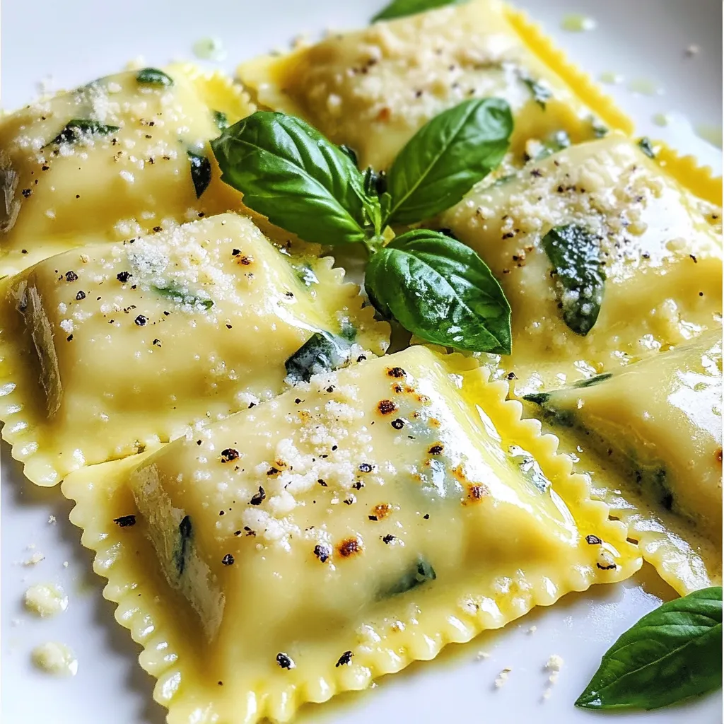 Für den Teig brauchen wir: - 2 Tassen Weizenmehl - 3 große Eier - 1 Esslöffel Olivenöl - 1/4 Teelöffel Salz Diese Zutaten bilden die Basis für unseren Ravioliteig. Wir mischen die Eier, das Öl und das Salz mit dem Mehl. So entsteht ein glatter und elastischer Teig. Die Füllung besteht aus: - 1 Tasse Ricotta-Käse - 1 Tasse frisch gehackter Spinat - 1/2 Tasse geriebener Parmesan-Käse - 1/4 Teelöffel Muskatnuss - 1/4 Teelöffel schwarzer Pfeffer Diese Mischung ist lecker und nahrhaft. Der Ricotta sorgt für Cremigkeit, während der Spinat einen frischen Geschmack bringt. Parmesan fügt Tiefe hinzu. Für die Sahnesauce verwenden wir: - 1 Tasse Schlagsahne - 2 Esslöffel Butter - Salz und Pfeffer nach Geschmack Die Sauce ist einfach. Die Butter schmelzen wir und fügen die Sahne hinzu. Das ergibt eine reiche, cremige Sauce. Ideal, um die Ravioli zu umhüllen. Jede Zutat spielt eine wichtige Rolle. Sie sorgt für ein harmonisches Geschmackserlebnis. {{ingredient_image_2}} Um den Teig zu machen, forme einen Hügel aus Weizenmehl auf deiner Arbeitsfläche. Mache in der Mitte eine Mulde. Schlage die drei Eier, das Olivenöl und das Salz in die Mulde. Mit einer Gabel vermische die Eier sanft und arbeite das Mehl ein. Wenn es schwer wird, knete den Teig mit den Händen. Knete für 5 bis 7 Minuten, bis der Teig glatt ist. Wickele ihn in Frischhaltefolie und lasse ihn 30 Minuten ruhen. Für die Füllung mische in einer Schüssel den Ricotta-Käse, den frisch gehackten Spinat und den geriebenen Parmesan. Füge die Muskatnuss und den schwarzen Pfeffer hinzu. Rühre alles gut um, bis die Zutaten gleichmäßig verteilt sind. Schmecke die Füllung ab und würze nach Bedarf. Nach der Ruhezeit teile den Teig in vier Teile. Rolle jedes Stück mit einer Nudelmaschine oder einem Nudelholz dünn aus. Bestäube den Teig leicht mit Mehl, um ein Ankleben zu vermeiden. Die Dicke sollte etwa 1/16 Zoll betragen, damit die Ravioli gut kochen. Lege ein Blatt Pasta auf eine bemehlte Fläche. Setze mit einem Teelöffel kleine Portionen der Füllung im Abstand von etwa 5 cm auf das Blatt. Befeuchte die Ränder des Pasta-Blattes mit Wasser. Lege vorsichtig ein weiteres Blatt darauf und drücke es um die Füllung. Entferne Luftblasen und schneide die Ravioli mit einem Teigrädchen in die gewünschte Form. Verschließe die Ränder gut mit den Fingern oder einer Gabel. Bringe in einem großen Topf gesalzenes Wasser zum Kochen. Gib die Ravioli vorsichtig ins Wasser und koche sie etwa 4 bis 5 Minuten. Wenn sie an die Oberfläche schwimmen, sind sie fertig. Hebe die Ravioli mit einem Schaumlöffel auf einen Teller. In einer Pfanne schmelze bei mittlerer Hitze die Butter. Füge die Schlagsahne hinzu und bringe sie sanft zum Kochen. Lass die Sauce 3 bis 5 Minuten köcheln, bis sie leicht eindickt. Würze nach Geschmack mit Salz und Pfeffer. Gib die gekochten Ravioli in die Sahnesauce. Wende sie vorsichtig, damit sie gleichmäßig bedeckt sind. Serviere die Ravioli auf einem großen Teller und beträufle sie mit extra Sauce. Garniere sie mit frischen Basilikumblättern und etwas Parmesan für den perfekten Look. Um den perfekten Teig zu machen, nutzen Sie frisches Mehl. Weizenmehl ist ideal. Achten Sie darauf, dass die Eier Raumtemperatur haben. Das hilft, den Teig besser zu binden. Kneten Sie den Teig kräftig für 5-7 Minuten. Er sollte glatt und elastisch sein. Lassen Sie den Teig ruhen, das ist wichtig! Für die Füllung ist Ricotta der Star. Achten Sie darauf, einen guten Ricotta zu wählen. Frisch gehackter Spinat bringt Farbe und Geschmack. Mischen Sie Parmesan, Muskatnuss und Pfeffer gut unter. Kostprobe gefällig? So finden Sie den perfekten Geschmack. Ein häufiges Problem ist ein zu trockener Teig. Wenn der Teig bröckelig ist, fügen Sie etwas Wasser hinzu. Achten Sie auch auf die Dicke der Teigplatten. Zu dicke Platten machen die Ravioli schwer zu kauen. Bei der Füllung sollten Sie nicht überfüllen. Das führt zu auslaufenden Ravioli. Prüfen Sie auch, ob die Ränder gut verschlossen sind. So vermeiden Sie, dass sie beim Kochen aufgehen. Für die Garnierung verwenden Sie frische Basilikumblätter. Diese bringen frische Aromen! Parmesan ist ebenfalls eine tolle Ergänzung. Geben Sie ihn direkt vor dem Servieren darüber. Servieren Sie die Ravioli mit einem leichten Salat. Ein einfacher Rucola-Salat passt gut dazu. Dies bringt eine schöne Balance zu dem cremigen Gericht. Pro Tipps Mehlwahl: Verwenden Sie für den Teig hochwertiges Weizenmehl, um die beste Textur und Elastizität zu erzielen. Frischer Spinat: Frisch gehackter Spinat sorgt für einen intensiveren Geschmack und eine lebendigere Farbe in der Füllung. Ravioli-Dicke: Achten Sie darauf, den Teig dünn auszurollen, damit die Ravioli beim Kochen gleichmäßig garen und zart bleiben. Soße anpassen: Experimentieren Sie mit verschiedenen Kräutern oder Gewürzen in der Sahnesauce, um den Geschmack nach Ihrem Gusto zu verfeinern. {{image_4}} Für vegane Ravioli kannst du den Ricotta durch eine Mischung aus Seidentofu und Hefeflocken ersetzen. Diese Mischung gibt eine cremige Konsistenz und einen tollen Geschmack. Auch die Eier im Teig kannst du einfach weglassen. Du kannst stattdessen etwas Wasser und Leinsamen verwenden. So bleibt der Teig schön geschmeidig. Die Füllung für deine Ravioli muss nicht immer gleich sein. Du kannst verschiedene Gemüsesorten verwenden. Zum Beispiel sind Pilze, Kürbis oder sogar Artischocken lecker. Wenn du es würziger magst, füge etwas Knoblauch oder Zwiebeln hinzu. Experimentiere mit Kräutern wie Thymian oder Oregano, um neue Geschmackserlebnisse zu schaffen. Wenn du keine Sahne verwenden willst, probiere eine einfache Tomatensauce. Sie ist leicht und frisch. Eine Pesto-Sauce ist auch eine tolle Idee. Sie bringt Farbe und viel Geschmack auf den Teller. Für eine leichte Variante kannst du einfach etwas Gemüsebrühe mit Kräutern und Gewürzen verwenden. So bleibt das Gericht gesund und lecker. Um die Ravioli frisch zu halten, lege sie in einen luftdichten Behälter. Achte darauf, dass sie nicht übereinanderliegen. So vermeiden wir, dass sie zusammenkleben. Lagere sie im Kühlschrank. Dort halten sie sich bis zu drei Tage. Wenn du die Ravioli schon gekocht hast, lagere sie ebenfalls in einem luftdichten Behälter. Füge etwas Sauce hinzu, um ein Austrocknen zu verhindern. So bleiben sie saftig. Im Kühlschrank sind sie bis zu zwei Tage haltbar. Vor dem Servieren einfach kurz aufwärmen. Für längere Lagerung kannst du die Ravioli einfrieren. Lege sie auf ein Backblech und friere sie ein, bis sie fest sind. Danach packe sie in einen Gefrierbeutel. Diese Methode verhindert, dass sie zusammenkleben. Sie bleiben bis zu drei Monate frisch. Die Sahnesauce kannst du ebenfalls einfrieren. Fülle sie in einen geeigneten Behälter und friere sie ein. So hast du immer eine leckere Sauce bereit. Zum Aufwärmen einfach sanft erhitzen und gut umrühren. Die gesamte Zubereitung dauert etwa eine Stunde. Die Vorbereitung des Teigs benötigt rund 30 Minuten. Das Kochen der Ravioli dauert 4 bis 5 Minuten. Ja, du kannst die Ravioli im Voraus zubereiten. Du kannst sie nach dem Füllen einfrieren. Lege sie auf ein Backblech und friere sie ein. Nach dem Gefrieren kannst du sie in einem Behälter lagern. Du kannst die Ravioli mit verschiedenen Gewürzen verfeinern. Für einen intensiveren Geschmack füge mehr Muskatnuss hinzu. Schwarzer Pfeffer und Salz sind ebenfalls wichtig. Frische Kräuter wie Basilikum geben einen tollen Kick. Dieses Rezept hat italienische Wurzeln. Ravioli sind eine klassische italienische Pasta. Die Füllung aus Ricotta und Spinat ist traditionell und beliebt. Viele Familien haben ihre eigenen Geheimrezepte über Generationen hinweg. Die Zubereitung von Ravioli umfasst viele Schritte. Wir sprachen über die Hauptzutaten, die perfekte Füllung und die Soße. Ich gab dir eine einfache Schritt-für-Schritt-Anleitung für jeden Teil des Prozesses. Du lernst auch hilfreiche Tipps, Variationen und Aufbewahrungshinweise. Denke daran, kreativ zu sein. Experimentiere mit Füllungen und Saucen. So machst du deine eigenen, köstlichen Ravioli. Vertrauen in deine Kochfähigkeiten wird dir helfen, noch bessere Gerichte zu kreieren.