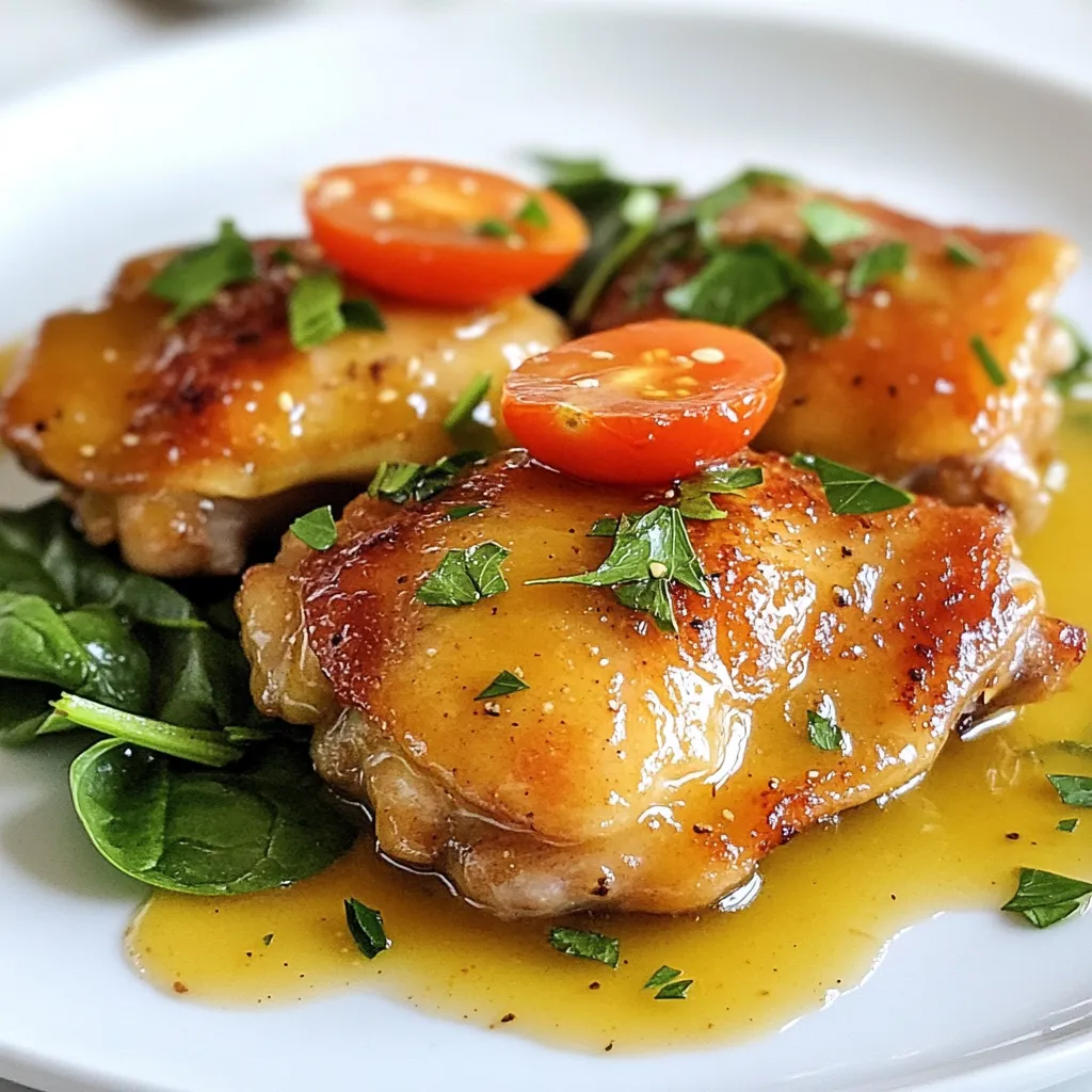 - Hähnchenschenkel: Verwende 4 Hähnchenschenkel ohne Knochen und Haut. Diese Teile sind saftig und zart. Sie nehmen die Aromen gut auf und sorgen für einen tollen Geschmack. - Honig und Dijon-Senf: Du brauchst 60 ml Honig und 60 ml Dijon-Senf. Diese beiden Zutaten geben dem Gericht die perfekte Balance aus Süße und Schärfe. Honig sorgt für eine schöne Glasur, während der Senf einen würzigen Kick hinzufügt. - Gemüse und Gewürze: Füge 1 Tasse halbierte Kirschtomaten und 1 Tasse frischen Spinat hinzu. Diese Gemüse sorgen für Farbe und Nährstoffe. Verwende auch 2 Knoblauchzehen, 1 Teelöffel getrockneten Thymian, Salz und Pfeffer. Diese Gewürze verstärken den Geschmack des Hähnchens und der Sauce. Mit diesen Zutaten hast du das Fundament für ein leckeres Honig-Senf-Hühnchen. Die Mischung aus süß und herzhaft macht dieses Gericht zu einem Hit! {{ingredient_image_2}} 1. In einer kleinen Schüssel vermischst du folgende Zutaten: - 60 ml Honig - 60 ml Dijon-Senf - 30 ml Apfelessig - 2 fein gehackte Knoblauchzehen - 1 Teelöffel getrockneter Thymian - Salz und Pfeffer nach Geschmack 2. Rühre alles gut um, bis es gleichmäßig aussieht. 3. Stelle die Mischung beiseite für später. 1. Erhitze eine große Pfanne auf mittlere bis hohe Hitze. 2. Gib 2 Esslöffel Olivenöl in die Pfanne. 3. Würze die 4 Hähnchenschenkel mit Salz und Pfeffer. 4. Lege die Hähnchenschenkel in die heiße Pfanne. 5. Brate sie je 5-6 Minuten auf jeder Seite, bis sie goldbraun sind. 1. Reduziere die Hitze auf mittlere bis niedrige Stufe. 2. Gieße die Honig-Senf-Sauce gleichmäßig über das Hähnchen. 3. Rühre alles gut um, sodass das Hähnchen bedeckt ist. 4. Füge 1 Tasse halbierte Kirschtomaten hinzu. 5. Lass das Ganze 3-4 Minuten köcheln, bis die Sauce eindickt. 6. Gib 1 Tasse frischen Spinat dazu und rühre alles. 7. Warte 1-2 Minuten, bis der Spinat zusammenfällt. - Temperatur und Zeit anpassen: Braten Sie die Hähnchenschenkel bei mittlerer bis hoher Hitze. Jede Seite benötigt 5 bis 6 Minuten. Diese Zeit sorgt dafür, dass das Hähnchen goldbraun wird und saftig bleibt. - Tipps zur Überprüfung der Garheit: Verwenden Sie ein Fleischthermometer. Die Innentemperatur sollte 75 Grad Celsius erreichen. Wenn Sie kein Thermometer haben, schneiden Sie in das Hähnchen. Es sollte klar sein und keine rosa Farbe zeigen. - Frische vs. getrocknete Kräuter: Frische Kräuter bieten mehr Aroma. In diesem Rezept nutzen wir getrockneten Thymian. Wenn Sie frischen Thymian haben, verwenden Sie ihn. Nutzen Sie die dreifache Menge. - Alternative Kräuteroptionen: Probieren Sie Rosmarin oder Oregano. Diese Kräuter passen gut zu Honig und Senf. Experimentieren Sie, um neue Geschmäcker zu entdecken. - Serviervorschläge: Servieren Sie das Hühnchen in tiefen Tellern. Fügen Sie frisches Brot oder Reis hinzu. So kann jeder die köstliche Sauce genießen. - Garnierungsoptionen: Frische Petersilie gibt Farbe und Geschmack. Sie können auch etwas Zitronenschale darüber reiben. Das bringt Frische und einen tollen Kontrast. Pro Tipps Hähnchen marinieren: Lassen Sie die Hähnchenschenkel mindestens 30 Minuten in der Honig-Senf-Mischung marinieren, um den Geschmack zu intensivieren. Gemüse variieren: Fügen Sie zusätzliches Gemüse wie Zucchini oder Paprika hinzu, um das Gericht noch bunter und gesünder zu gestalten. Resteverwertung: Verwenden Sie die übrig gebliebene Sauce als Dressing für einen frischen Salat oder als Dip für Brot. Perfekte Garzeit: Achten Sie darauf, das Hähnchen nicht zu lange zu braten, um es saftig zu halten. Verwenden Sie ein Fleischthermometer, um sicherzustellen, dass die Innentemperatur 75 °C erreicht. {{image_4}} Fügen Sie mehr Gemüse hinzu, um das Gericht bunter zu machen. Zucchini, Paprika oder Brokkoli passen gut. Diese Gemüse geben mehr Geschmack und Nährstoffe. Für ein vegetarisches Gericht können Sie das Hähnchen weglassen. Ersetzen Sie es durch Tofu oder Kichererbsen. Diese Optionen sind gesund und lecker. Experimentieren Sie mit verschiedenen Senfsorten. Senf mit Honig, scharfer Senf oder körniger Senf geben neue Geschmäcker. Sie können auch das Süßungsmittel ändern. Statt Honig könnten Sie Ahornsirup oder Agavendicksaft verwenden. Diese Alternativen bringen neue Aromen in Ihr Gericht. Servieren Sie das Honig-Senf-Hühnchen mit Reis oder frischem Brot. Diese Beilagen nehmen die köstliche Sauce gut auf. Sie können auch einen grünen Salat dazu reichen. Ein frischer Salat sorgt für eine schöne Balance. Kombinieren Sie das Gericht mit einer Suppe oder einem anderen Hauptgericht. So wird das Essen noch abwechslungsreicher und interessanter. Um die Reste von Honig-Senf-Hühnchen frisch zu halten, solltest du sie richtig lagern. Lege das Hühnchen in einen luftdichten Behälter. Stelle sicher, dass die Mischung abkühlt, bevor du sie in den Kühlschrank stellst. So bleibt der Geschmack erhalten. Wenn du die Reste länger aufbewahren möchtest, kannst du sie einfrieren. Teile das Hühnchen in Portionen auf. Wickele jede Portion gut in Frischhaltefolie ein und lege sie dann in einen gefrierfesten Beutel. So bleibt es bis zu drei Monate frisch. Reste von Honig-Senf-Hühnchen sind im Kühlschrank etwa drei bis vier Tage haltbar. Achte darauf, das Hühnchen schnell zu verwenden, um die besten Aromen zu genießen. Anzeichen für Verderb sind ein unangenehmer Geruch oder eine schleimige Textur. Wenn du solche Anzeichen bemerkst, ist es besser, das Hühnchen wegzuwerfen. Um das Hühnchen wieder aufzuwärmen, gibt es verschiedene Methoden. Die beste Methode ist, es in einer Pfanne bei mittlerer Hitze zu erwärmen. Das hilft, die Textur zu bewahren. Du kannst auch den Ofen verwenden. Lege das Hühnchen auf ein Backblech und erwärme es bei 180 Grad Celsius. Decke das Hühnchen mit Alufolie ab, um es saftig zu halten. Vermeide die Mikrowelle, da sie das Hühnchen austrocknen kann. Die Zubereitung von Honig-Senf-Hühnchen dauert insgesamt etwa 30 Minuten. Die Vorbereitungszeit beträgt 10 Minuten. In dieser Zeit schneiden Sie die Zutaten und mischen die Sauce. Die Kochzeit beträgt etwa 20 Minuten. Das Hähnchen braten Sie in der Pfanne und lassen es dann mit der Sauce köcheln. Ja, Sie können auch andere Hähnchenteile verwenden. Hähnchenbrustfilets sind eine gute Wahl. Sie kochen schneller als Schenkel. Die Kochzeit kann sich jedoch ändern. Passen Sie die Garzeit an, um sicherzustellen, dass das Hähnchen gut durchgegart ist. Sie können auch Hähnchenflügel oder -keulen verwenden. Achten Sie darauf, die Stücke gleichmäßig zu würzen und zu braten. Honig-Senf-Hühnchen ist relativ gesund. Es enthält mageres Protein aus dem Hähnchen. Der Honig und Dijon-Senf geben Geschmack, aber auch Zucker. Um es gesünder zu machen, können Sie weniger Honig verwenden. Fügen Sie mehr Gemüse hinzu, wie Brokkoli oder Paprika. So erhöhen Sie die Nährstoffe. Das Gericht hat auch gesunde Fette aus Olivenöl. Verwenden Sie frische Kräuter für zusätzlichen Geschmack. Das Honig-Senf-Hühnchen ist einfach zuzubereiten und voller Geschmack. Wir haben die Hauptzutaten wie Hähnchenschenkel und frisches Gemüse verwendet. Die Schritt-für-Schritt-Anleitung macht es leicht, das Gericht perfekt zu kochen. Mit unseren Tipps zur Garzeit und Kräutern kannst du das Rezept weiter verbessern. Variiere die Sauce und probiere verschiedene Beilagen aus. Achte darauf, wie du Reste lagerst, um die Frische zu bewahren. Mit diesen Informationen bist du bereit, dein eigenes köstliches Honig-Senf-Hühnchen zuzubereiten. Viel Spaß beim Kochen!