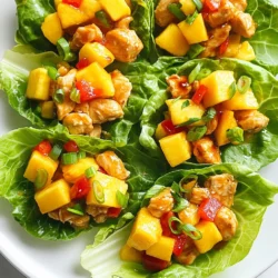 - 450 g Hähnchenbrust, gewürfelt - 1 reife Mango, gewürfelt - 1 rote Paprika, fein gehackt - 1 Frühlingszwiebel, in Ringe geschnitten (weiße und grüne Teile) Die Hauptzutaten machen dieses Gericht frisch und lecker. Die Hähnchenbrust bringt Protein und Geschmack. Die reife Mango fügt Süße hinzu, die die Schärfe ausgleicht. Rote Paprika gibt eine knackige Textur. Frühlingszwiebeln bringen einen leichten Zwiebelgeschmack in die Mischung. - 2 Esslöffel Sojasauce - 1 Esslöffel Sriracha (nach Geschmack anpassen) - 1 Esslöffel Sesamöl - 1 Esslöffel Limettensaft Diese Gewürze und Soßen sind wichtig. Sojasauce sorgt für Umami und Tiefe. Sriracha bringt die Hitze, also passe die Menge an. Sesamöl fügt einen nussigen Geschmack hinzu. Limettensaft bringt Frische und Säure, die das Gericht aufhellt. - Frische Korianderblätter - Butter- oder Römersalat für Wraps Die Garnitur macht die Wraps schön und frisch. Korianderblätter fügen einen frischen Kick hinzu. Butter- oder Römersalat bietet die perfekte Basis für die Füllung. Die Blätter sind weich und einfach zu füllen. {{ingredient_image_2}} - Hähnchen braten: Erhitze das Sesamöl in einer großen Pfanne. Füge die gewürfelte Hähnchenbrust hinzu. Brate sie für 6-8 Minuten, bis sie goldbraun ist. Würze mit Salz und Pfeffer. - Knoblauch und Ingwer anbraten: Gib die gehackten Knoblauchzehen und den Ingwer in die Pfanne. Rühre für etwa 1 Minute, bis die Aromen gut duften. - Mango und Paprika hinzufügen: Füge die gewürfelte Mango und die rote Paprika hinzu. Brate alles für 2-3 Minuten. Die Paprika sollte weich, aber noch knackig sein. - Aromen vereinen: Reduziere die Hitze auf mittel-niedrig. Mische die Mango, Sojasauce, Sriracha und Limettensaft in die Pfanne. - Sriracha und Limettensaft einrühren: Rühre alles gut um. Die Sriracha gibt den Wraps die Schärfe, die du magst. - Hitze reduzieren und köcheln lassen: Lass die Mischung für 2 Minuten köcheln. So verbinden sich die Aromen perfekt. - Salatblätter vorbereiten: Nimm die Blätter vom Butter- oder Römersalat ab. Diese dienen als Schalen für die Füllung. - Füllen der Salatblätter: Löffle die Mango-Hühnchen-Mischung in jedes Salatblatt. - Anrichten der Wraps: Garniere die Wraps mit frischen Korianderblättern. Arrangiere sie auf einem bunten Teller für eine schöne Präsentation. - Für mehr Schärfe kannst du die Sriracha nach deinem Geschmack anpassen. - Du kannst auch andere Gewürze verwenden. Chili-Flocken oder frische Chilis sind gute Optionen. - Bereite die Zutaten im Voraus vor. Schneide das Gemüse und das Hähnchen. - Du kannst die Füllung im Kühlschrank aufbewahren. Sie bleibt bis zu zwei Tage frisch. - Richte die gefüllten Salatblätter auf einem bunten Servierteller an. - Verwende Limettenschnitze zum Garnieren. Sie fügen Farbe und einen frischen Geschmack hinzu. Pro Tipps Frische Zutaten wählen: Verwenden Sie reife Mangos und frisches Gemüse, um den besten Geschmack zu erzielen. Schärfe anpassen: Variieren Sie die Menge der Sriracha-Sauce, um die Schärfe nach Ihrem Geschmack zu regulieren. Vorbereitung ist der Schlüssel: Bereiten Sie alle Zutaten im Voraus vor, um den Kochprozess zu erleichtern und Zeit zu sparen. Serviervorschlag: Servieren Sie die Lettuce Wraps mit zusätzlichen Limettenschnitzen für einen frischen Kick! {{image_4}} Um die Spicy Mango Chicken Lettuce Wraps vegetarisch zu machen, ersetzen Sie einfach das Hähnchen. Tofu oder Tempeh sind tolle Alternativen. Diese Optionen nehmen die Aromen gut auf. Schneiden Sie den Tofu in kleine Würfel und braten Sie ihn goldbraun. Tempeh hat einen nussigen Geschmack und liefert viel Protein. Beide sind einfach zuzubereiten und sehr lecker. Fügen Sie noch mehr Gemüse hinzu, um die Wraps bunter zu machen. Paprika, Karotten oder Gurken passen gut. Diese Gemüse bringen Frische und Knackigkeit. Servieren Sie die Wraps mit verschiedenen Dips. Sojasauce, Erdnusssoße oder eine scharfe Sauce sind tolle Optionen. Diese Dips machen das Essen noch spannender. Um asiatische Aromen zu verstärken, fügen Sie Nüsse hinzu. Geröstete Erdnüsse oder Cashews geben einen schönen Crunch. Auch Koriander und Sesam sind gute Ideen. Koriander bringt Frische und Sesam einen nussigen Geschmack. Diese Zutaten machen die Wraps nicht nur schmackhaft, sondern auch bunt und interessant. - Kühlschranklagerung: Lass die Wraps auf Raumtemperatur abkühlen. Lege die Reste in einen luftdichten Behälter. Im Kühlschrank halten sie sich bis zu drei Tage. - Gefrieroptionen: Du kannst die Füllung auch einfrieren. Lass sie abkühlen und lege sie in einen gefrierfesten Beutel. So bleibt sie bis zu drei Monate frisch. - Tipps zur max. Haltbarkeit der Füllung: Um die Haltbarkeit zu maximieren, achte darauf, die Füllung in einem sauberen Behälter aufzubewahren. Vermeide, dass sie mit Luft in Kontakt kommt. So bleibt der Geschmack erhalten. - Beste Methoden zum Aufwärmen: Erwärme die Füllung in einer Pfanne bei mittlerer Hitze. Füge einen kleinen Schuss Wasser hinzu, um ein Ankleben zu verhindern. Rühre gut um, bis sie heiß ist. - Vermeidung von Überkochen: Achte darauf, die Füllung nicht zu lange zu erhitzen. Überkochen kann die Textur und den Geschmack beeinträchtigen. Die Zubereitung dieser Wraps dauert insgesamt 25 Minuten. Die Vorbereitungszeit beträgt 15 Minuten. In dieser Zeit schneidest du das Hähnchen, die Mango und das Gemüse. Dann kochst du alles in 10 Minuten. Du brätst das Hähnchen, fügst die Aromen hinzu und lässt alles köcheln. So einfach ist das! Ja, du kannst die Wraps im Voraus machen. Bereite die Füllung und die Salatblätter separat vor. Du kannst das Hähnchen-Mango-Gemisch bis zu zwei Tage im Kühlschrank aufbewahren. Die Salatblätter bleiben frisch, wenn du sie in einem feuchten Tuch einwickelst. Vor dem Servieren einfach alles zusammenfügen. So sparst du Zeit beim Essen! Diese Wraps passen gut zu vielen Beilagen. Hier sind einige Vorschläge: - Reis oder Quinoa für eine sättigende Beilage. - Ein frischer Gurkensalat für extra Crunch. - Süßkartoffelpommes für eine knusprige Note. - Eine leichte Suppe, wie Tom Yum, um den Geschmack zu ergänzen. Mit diesen Beilagen wird dein Essen noch besser! Die Spicy Mango Chicken Lettuce Wraps sind eine leckere und gesunde Option. Wir haben die Hauptzutaten wie Hähnchen, Mango und Paprika betrachtet. Gewürze wie Sojasauce und Sriracha geben dem Gericht den besonderen Kick. Tipps zur Anpassung der Schärfe und zur Vorbereitung machen das Rezept einfach. Denk auch an Variationen mit Tofu für vegetarische Optionen. Diese Wraps sind nicht nur schmackhaft, sondern auch vielseitig. Bereite sie vor und genieße sie frisch oder als Restgericht!