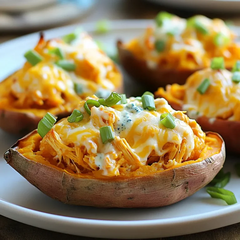 - 2 mittelgroße Süßkartoffeln - 1 Tasse gekochtes, zerkleinertes Hähnchen - 1/2 Tasse Buffalo-Sauce - 1/4 Tasse Frischkäse, weich - 1/2 Tasse geriebener Cheddarkäse - 2 Frühlingszwiebeln, in Ringe - 1/4 Tasse Blauschimmelkäse (optional) - Olivenöl - Salz und Pfeffer Wählen Sie frische Süßkartoffeln. Sie sollten fest sein und keine Flecken haben. Gekochtes Hähnchen kann von einem Brathähnchen stammen oder selbst gekocht werden. Die Buffalo-Sauce entscheidet über die Schärfe. Wählen Sie eine, die Ihnen schmeckt. Käse kann variieren. Cheddar bringt einen tollen Geschmack, während Blauschimmelkäse eine kräftige Note hinzufügt. Achten Sie auf das Gewicht der Süßkartoffeln. Sie sollten sich schwer anfühlen. Lagern Sie sie kühl und trocken. Vermeiden Sie Sonnenlicht. So bleiben sie länger frisch. Wenn Sie sie schälen, verwenden Sie ein scharfes Messer. Das macht die Arbeit einfacher. Prüfen Sie nach dem Kochen die Zartheit mit einer Gabel. Wenn sie leicht durchgeht, sind sie perfekt! {{ingredient_image_2}} Heize deinen Ofen auf 200°C vor. Das ist wichtig, damit die Süßkartoffeln gleichmäßig garen. Reinige die Süßkartoffeln gut unter fließendem Wasser. Steche sie dann mit einer Gabel mehrmals ein. Das hilft, den Dampf zu entweichen. Reibe etwas Olivenöl auf die Haut und streue eine Prise Salz darüber. Das wird den Geschmack verbessern. Lege die Süßkartoffeln auf ein Backblech. Backe sie für etwa 45 bis 50 Minuten, bis sie innen zart sind. Während die Süßkartoffeln backen, kannst du die Hähnchenfüllung machen. Nimm eine große Schüssel und füge das zerkleinerte Hähnchen hinzu. Gieße die Buffalo-Sauce darüber. Du kannst die Menge anpassen, je nachdem, wie scharf du es magst. Füge dann den weichen Frischkäse hinzu. Rühre alles gut um, bis es cremig ist. Diese Mischung ist der Schlüssel zum Geschmack. Wenn die Süßkartoffeln fertig sind, lass sie kurz abkühlen. Schneide sie der Länge nach auf. Schöpfe vorsichtig etwas Fruchtfleisch aus, damit Platz für die Füllung ist. Achte darauf, nicht zu tief zu schöpfen! Mische das ausgekratzte Süßkartoffelfleisch mit der Hähnchenmischung. Füge den geriebenen Cheddarkäse hinzu und vermenge alles gut. Fülle jede Süßkartoffelhälfte mit der Mischung. Wenn du magst, streue etwas extra Käse oben drauf. Stelle die gefüllten Süßkartoffeln zurück in den Ofen und backe sie weitere 10 bis 15 Minuten. Der Käse sollte geschmolzen und sprudelnd sein. Garnier die Süßkartoffeln mit Frühlingszwiebeln, Blauschimmelkäse und frischem Koriander. Das sieht nicht nur gut aus, sondern schmeckt auch toll. Um die besten Süßkartoffeln zu bekommen, backe ich sie bei 200°C. Ich wasche sie gründlich und steche sie mit einer Gabel ein. Dadurch kann die Feuchtigkeit entweichen. Ich reibe sie leicht mit Olivenöl ein und streue etwas Salz darüber. So werden sie außen schön knusprig und innen weich. Backe sie für etwa 45-50 Minuten. Du weißt, dass sie fertig sind, wenn du leicht mit einer Gabel hineinstechen kannst. Um die Füllung cremiger zu machen, füge mehr Frischkäse hinzu. Ich mag es, etwa 1/3 Tasse Frischkäse zu verwenden. Der Frischkäse macht die Mischung weich und lecker. Du kannst auch griechischen Joghurt für einen gesunden Twist verwenden. Wenn du es noch geschmackvoller magst, mische etwas geriebenen Cheddarkäse unter die Füllung. Das gibt einen tollen Käsegeschmack und eine tolle Textur. Ich serviere die gefüllten Süßkartoffeln gerne mit zusätzlichen Zutaten. Ein Spritzer Buffalo-Sauce oben drauf macht sie noch würziger. Frische Frühlingszwiebeln geben einen schönen Crunch. Blauschimmelkäse ist ein weiterer Leckerbissen, den ich gerne hinzufüge. Er bringt einen salzigen Geschmack. Frischer Koriander sorgt für Farbe und Frische. Diese Extras machen dein Gericht bunter und schmackhafter. Pro Tipps Süßkartoffeln richtig backen: Um sicherzustellen, dass die Süßkartoffeln perfekt weich sind, stechen Sie sie vor dem Backen mehrmals mit einer Gabel ein. Dies hilft, den Dampf entweichen zu lassen und ein gleichmäßiges Garen zu gewährleisten. Variieren Sie die Schärfe: Passen Sie die Menge der Buffalo-Sauce nach Ihrem persönlichen Geschmack an. Sie können auch verschiedene Sorten verwenden, um verschiedene Geschmacksrichtungen zu erzielen. Frischkäse gleichmäßig einarbeiten: Stellen Sie sicher, dass der Frischkäse weich und zimmerwarm ist, bevor Sie ihn zur Hähnchenmischung hinzufügen. So lässt er sich besser und gleichmäßiger einarbeiten. Extra Käse für den Geschmack: Fügen Sie zusätzlich etwas Cheddarkäse oben auf die gefüllten Süßkartoffeln hinzu, bevor Sie sie erneut backen. Dies sorgt für eine köstlich geschmolzene Käsekruste. {{image_4}} Für eine vegetarische oder vegane Variante können Sie die Hähnchenfüllung ersetzen. Nutzen Sie stattdessen geröstete Kichererbsen oder gewürfelten Tofu. Marinieren Sie den Tofu mit Buffalo-Sauce für den gleichen würzigen Geschmack. Fügen Sie Cremigkeit hinzu, indem Sie pflanzlichen Frischkäse verwenden. Auch Avocado oder schwarze Bohnen passen gut. Die Schärfe ist oft entscheidend. Wenn Sie es milder mögen, reduzieren Sie die Buffalo-Sauce. Mischen Sie etwas Honig oder Ahornsirup unter, um die Schärfe auszugleichen. Für mehr Schärfe können Sie zusätzliche Chili-Flocken oder scharfen Käse hinzufügen. Experimentieren Sie mit Gewürzen wie Paprika oder Knoblauchpulver für verschiedene Geschmäcker. Um das Gericht abzurunden, bieten sich frische Salate an. Ein einfacher grüner Salat mit Vinaigrette passt gut. Auch eine cremige Coleslaw kann eine schöne Ergänzung sein. Für etwas mehr Fülle können Sie Reis oder Quinoa servieren. Diese Beilagen bieten Farbe und verschiedene Texturen, die das Essen auflockern. Wenn du gefüllte Süßkartoffeln übrig hast, bewahre sie richtig auf. Lass sie zuerst auf Raumtemperatur abkühlen. Lege sie dann in einen luftdichten Behälter. So bleiben sie frisch. Du kannst sie im Kühlschrank für bis zu drei Tage lagern. Achte darauf, die gefüllten Süßkartoffeln nicht zu stapeln, um Druck zu vermeiden. Reste von gefüllten Süßkartoffeln sind super vielseitig. Du kannst sie einfach aufwärmen. Ein weiterer Tipp: Verwende sie für Wraps oder Salate. Schneide die Süßkartoffeln in Stücke und mische sie mit frischem Gemüse. Das gibt einen tollen Crunch. Du kannst auch die Füllung in eine Omelett-Mischung geben. Das macht ein schnelles Frühstück. Das Einfrieren ist eine gute Option für längere Lagerung. Stelle sicher, dass die Süßkartoffeln vollständig abgekühlt sind. Wickele jede gefüllte Süßkartoffel in Folie ein. Lege sie dann in einen Gefrierbeutel. So bleiben sie bis zu drei Monate haltbar. Zum Auftauen lege sie einfach über Nacht in den Kühlschrank. Erwärme sie dann im Ofen für den besten Geschmack. Die gefüllten Süßkartoffeln halten sich gut im Kühlschrank. Du kannst sie dort bis zu drei Tage lagern. Achte darauf, sie in einem luftdichten Behälter aufzubewahren. So bleiben sie frisch und lecker. Ja, du kannst die Süßkartoffeln im Voraus zubereiten. Bereite die Füllung und die Süßkartoffeln separat vor. Du kannst sie dann im Kühlschrank lagern. Wenn du bereit bist zu essen, fülle die Süßkartoffeln und backe sie. Das spart Zeit und macht das Essen einfach. Wenn du keine Lust auf Cheddarkäse hast, kannst du andere Käsesorten wählen. Mozzarella ist mild und schmilzt gut. Feta gibt einen salzigen Geschmack. Veganer Käse ist auch eine tolle Option, wenn du pflanzlich essen möchtest. Wähle, was dir am besten schmeckt! In diesem Artikel haben wir die Zubereitung gefüllter Süßkartoffeln behandelt. Wir haben die benötigten Zutaten, Tipps für frische Süßkartoffeln und die perfekte Zubereitung besprochen. Ich hoffe, die Variationen und Servierideen inspirieren dich. Achte beim Lagern auf die richtigen Methoden. So bleiben deine gefüllten Süßkartoffeln lange frisch. Egal, ob für ein schnelles Abendessen oder zum Teilen, diese Rezepte sind immer ein Genuss. Viel Spaß beim Ausprobieren der Rezepte und Variationen!