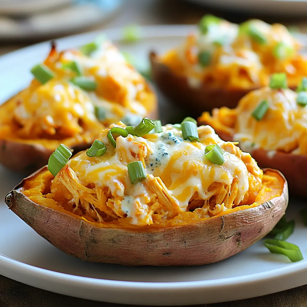 - 2 mittelgroße Süßkartoffeln - 1 Tasse gekochtes, zerkleinertes Hähnchen - 1/2 Tasse Buffalo-Sauce - 1/4 Tasse Frischkäse, weich - 1/2 Tasse geriebener Cheddarkäse - 2 Frühlingszwiebeln, in Ringe - 1/4 Tasse Blauschimmelkäse (optional) - Olivenöl - Salz und Pfeffer Wählen Sie frische Süßkartoffeln. Sie sollten fest sein und keine Flecken haben. Gekochtes Hähnchen kann von einem Brathähnchen stammen oder selbst gekocht werden. Die Buffalo-Sauce entscheidet über die Schärfe. Wählen Sie eine, die Ihnen schmeckt. Käse kann variieren. Cheddar bringt einen tollen Geschmack, während Blauschimmelkäse eine kräftige Note hinzufügt. Achten Sie auf das Gewicht der Süßkartoffeln. Sie sollten sich schwer anfühlen. Lagern Sie sie kühl und trocken. Vermeiden Sie Sonnenlicht. So bleiben sie länger frisch. Wenn Sie sie schälen, verwenden Sie ein scharfes Messer. Das macht die Arbeit einfacher. Prüfen Sie nach dem Kochen die Zartheit mit einer Gabel. Wenn sie leicht durchgeht, sind sie perfekt! {{ingredient_image_2}} Heize deinen Ofen auf 200°C vor. Das ist wichtig, damit die Süßkartoffeln gleichmäßig garen. Reinige die Süßkartoffeln gut unter fließendem Wasser. Steche sie dann mit einer Gabel mehrmals ein. Das hilft, den Dampf zu entweichen. Reibe etwas Olivenöl auf die Haut und streue eine Prise Salz darüber. Das wird den Geschmack verbessern. Lege die Süßkartoffeln auf ein Backblech. Backe sie für etwa 45 bis 50 Minuten, bis sie innen zart sind. Während die Süßkartoffeln backen, kannst du die Hähnchenfüllung machen. Nimm eine große Schüssel und füge das zerkleinerte Hähnchen hinzu. Gieße die Buffalo-Sauce darüber. Du kannst die Menge anpassen, je nachdem, wie scharf du es magst. Füge dann den weichen Frischkäse hinzu. Rühre alles gut um, bis es cremig ist. Diese Mischung ist der Schlüssel zum Geschmack. Wenn die Süßkartoffeln fertig sind, lass sie kurz abkühlen. Schneide sie der Länge nach auf. Schöpfe vorsichtig etwas Fruchtfleisch aus, damit Platz für die Füllung ist. Achte darauf, nicht zu tief zu schöpfen! Mische das ausgekratzte Süßkartoffelfleisch mit der Hähnchenmischung. Füge den geriebenen Cheddarkäse hinzu und vermenge alles gut. Fülle jede Süßkartoffelhälfte mit der Mischung. Wenn du magst, streue etwas extra Käse oben drauf. Stelle die gefüllten Süßkartoffeln zurück in den Ofen und backe sie weitere 10 bis 15 Minuten. Der Käse sollte geschmolzen und sprudelnd sein. Garnier die Süßkartoffeln mit Frühlingszwiebeln, Blauschimmelkäse und frischem Koriander. Das sieht nicht nur gut aus, sondern schmeckt auch toll. Um die besten Süßkartoffeln zu bekommen, backe ich sie bei 200°C. Ich wasche sie gründlich und steche sie mit einer Gabel ein. Dadurch kann die Feuchtigkeit entweichen. Ich reibe sie leicht mit Olivenöl ein und streue etwas Salz darüber. So werden sie außen schön knusprig und innen weich. Backe sie für etwa 45-50 Minuten. Du weißt, dass sie fertig sind, wenn du leicht mit einer Gabel hineinstechen kannst. Um die Füllung cremiger zu machen, füge mehr Frischkäse hinzu. Ich mag es, etwa 1/3 Tasse Frischkäse zu verwenden. Der Frischkäse macht die Mischung weich und lecker. Du kannst auch griechischen Joghurt für einen gesunden Twist verwenden. Wenn du es noch geschmackvoller magst, mische etwas geriebenen Cheddarkäse unter die Füllung. Das gibt einen tollen Käsegeschmack und eine tolle Textur. Ich serviere die gefüllten Süßkartoffeln gerne mit zusätzlichen Zutaten. Ein Spritzer Buffalo-Sauce oben drauf macht sie noch würziger. Frische Frühlingszwiebeln geben einen schönen Crunch. Blauschimmelkäse ist ein weiterer Leckerbissen, den ich gerne hinzufüge. Er bringt einen salzigen Geschmack. Frischer Koriander sorgt für Farbe und Frische. Diese Extras machen dein Gericht bunter und schmackhafter. Pro Tipps Süßkartoffeln richtig backen: Um sicherzustellen, dass die Süßkartoffeln perfekt weich sind, stechen Sie sie vor dem Backen mehrmals mit einer Gabel ein. Dies hilft, den Dampf entweichen zu lassen und ein gleichmäßiges Garen zu gewährleisten. Variieren Sie die Schärfe: Passen Sie die Menge der Buffalo-Sauce nach Ihrem persönlichen Geschmack an. Sie können auch verschiedene Sorten verwenden, um verschiedene Geschmacksrichtungen zu erzielen. Frischkäse gleichmäßig einarbeiten: Stellen Sie sicher, dass der Frischkäse weich und zimmerwarm ist, bevor Sie ihn zur Hähnchenmischung hinzufügen. So lässt er sich besser und gleichmäßiger einarbeiten. Extra Käse für den Geschmack: Fügen Sie zusätzlich etwas Cheddarkäse oben auf die gefüllten Süßkartoffeln hinzu, bevor Sie sie erneut backen. Dies sorgt für eine köstlich geschmolzene Käsekruste. {{image_4}} Für eine vegetarische oder vegane Variante können Sie die Hähnchenfüllung ersetzen. Nutzen Sie stattdessen geröstete Kichererbsen oder gewürfelten Tofu. Marinieren Sie den Tofu mit Buffalo-Sauce für den gleichen würzigen Geschmack. Fügen Sie Cremigkeit hinzu, indem Sie pflanzlichen Frischkäse verwenden. Auch Avocado oder schwarze Bohnen passen gut. Die Schärfe ist oft entscheidend. Wenn Sie es milder mögen, reduzieren Sie die Buffalo-Sauce. Mischen Sie etwas Honig oder Ahornsirup unter, um die Schärfe auszugleichen. Für mehr Schärfe können Sie zusätzliche Chili-Flocken oder scharfen Käse hinzufügen. Experimentieren Sie mit Gewürzen wie Paprika oder Knoblauchpulver für verschiedene Geschmäcker. Um das Gericht abzurunden, bieten sich frische Salate an. Ein einfacher grüner Salat mit Vinaigrette passt gut. Auch eine cremige Coleslaw kann eine schöne Ergänzung sein. Für etwas mehr Fülle können Sie Reis oder Quinoa servieren. Diese Beilagen bieten Farbe und verschiedene Texturen, die das Essen auflockern. Wenn du gefüllte Süßkartoffeln übrig hast, bewahre sie richtig auf. Lass sie zuerst auf Raumtemperatur abkühlen. Lege sie dann in einen luftdichten Behälter. So bleiben sie frisch. Du kannst sie im Kühlschrank für bis zu drei Tage lagern. Achte darauf, die gefüllten Süßkartoffeln nicht zu stapeln, um Druck zu vermeiden. Reste von gefüllten Süßkartoffeln sind super vielseitig. Du kannst sie einfach aufwärmen. Ein weiterer Tipp: Verwende sie für Wraps oder Salate. Schneide die Süßkartoffeln in Stücke und mische sie mit frischem Gemüse. Das gibt einen tollen Crunch. Du kannst auch die Füllung in eine Omelett-Mischung geben. Das macht ein schnelles Frühstück. Das Einfrieren ist eine gute Option für längere Lagerung. Stelle sicher, dass die Süßkartoffeln vollständig abgekühlt sind. Wickele jede gefüllte Süßkartoffel in Folie ein. Lege sie dann in einen Gefrierbeutel. So bleiben sie bis zu drei Monate haltbar. Zum Auftauen lege sie einfach über Nacht in den Kühlschrank. Erwärme sie dann im Ofen für den besten Geschmack. Die gefüllten Süßkartoffeln halten sich gut im Kühlschrank. Du kannst sie dort bis zu drei Tage lagern. Achte darauf, sie in einem luftdichten Behälter aufzubewahren. So bleiben sie frisch und lecker. Ja, du kannst die Süßkartoffeln im Voraus zubereiten. Bereite die Füllung und die Süßkartoffeln separat vor. Du kannst sie dann im Kühlschrank lagern. Wenn du bereit bist zu essen, fülle die Süßkartoffeln und backe sie. Das spart Zeit und macht das Essen einfach. Wenn du keine Lust auf Cheddarkäse hast, kannst du andere Käsesorten wählen. Mozzarella ist mild und schmilzt gut. Feta gibt einen salzigen Geschmack. Veganer Käse ist auch eine tolle Option, wenn du pflanzlich essen möchtest. Wähle, was dir am besten schmeckt! In diesem Artikel haben wir die Zubereitung gefüllter Süßkartoffeln behandelt. Wir haben die benötigten Zutaten, Tipps für frische Süßkartoffeln und die perfekte Zubereitung besprochen. Ich hoffe, die Variationen und Servierideen inspirieren dich. Achte beim Lagern auf die richtigen Methoden. So bleiben deine gefüllten Süßkartoffeln lange frisch. Egal, ob für ein schnelles Abendessen oder zum Teilen, diese Rezepte sind immer ein Genuss. Viel Spaß beim Ausprobieren der Rezepte und Variationen!