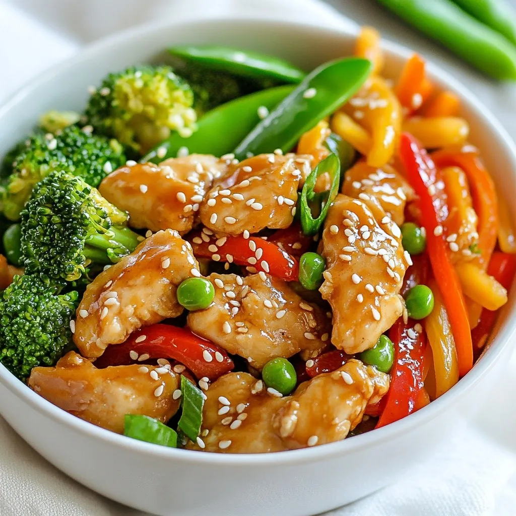 Für das Sesame Ginger Chicken Stir Fry brauchen Sie: - 450 g Hähnchenbrust, dünn geschnitten - 1 Paprika (rot oder grün), in Streifen geschnitten - 1 Tasse Brokkoliröschen - 1 Tasse Zuckerschoten - 1 Karotte, julienne (fein geschnitten) Diese Zutaten geben Ihnen eine gute Basis. Das Hähnchen sorgt für Protein, während das Gemüse Vitamine und Farbe hinzufügt. Um den Geschmack zu verstärken, verwenden Sie: - 2 Esslöffel Sesamöl - 2 Esslöffel frischer Ingwer, gerieben - 2 Knoblauchzehen, gehackt - 3 Esslöffel Sojasauce - 1 Esslöffel Honig oder Ahornsirup Diese Gewürze und Öle bringen eine schöne Mischung aus süßen und herzhaften Aromen. Sesamöl hat einen starken Geschmack, der das Gericht noch besser macht. Servieren Sie das Gericht mit: - Vorgekochtem Reis oder Nudeln - 2 Frühlingszwiebeln, in Ringe geschnitten (zum Garnieren) - 1 Esslöffel Sesamsamen (zum Garnieren) Reis oder Nudeln machen das Gericht sättigender. Die Frühlingszwiebeln und Sesamsamen verleihen einen frischen und knusprigen Abschluss. {{ingredient_image_2}} Beginne mit der Marinade. Nimm eine Schüssel und füge 1 Esslöffel Sesamöl, den geriebenen Ingwer, den gehackten Knoblauch und die Sojasauce hinzu. Mische die Zutaten gut. Dann gib das dünn geschnittene Hähnchenfleisch hinein. Vermenge alles und lasse es für mindestens 15 Minuten marinieren. So ziehen die Aromen ein. Während das Hähnchen mariniert, bereite das Gemüse vor. Schneide die Paprika in Streifen. Teile den Brokkoli in kleine Röschen. Nimm die Zuckerschoten und die Karotte. Schneide die Karotte in feine Streifen. Lege alles beiseite, damit du es schnell nutzen kannst. Erhitze eine große Pfanne oder einen Wok. Gib das restliche Esslöffel Sesamöl hinein und erhitze es bei mittelhoher Hitze. Sobald das Öl heiß ist, füge das marinierte Hähnchen hinzu. Brate es 5 bis 7 Minuten lang. Rühre regelmäßig um, damit das Hähnchen gleichmäßig gart und schön goldbraun wird. Jetzt ist es Zeit für das Gemüse. Gib die geschnittene Paprika, den Brokkoli, die Zuckerschoten und die Karotte in die Pfanne. Brate alles für etwa 4 bis 5 Minuten. Das Gemüse sollte zart, aber noch knackig sein. Rühre dabei gut um, damit alles gleichmäßig gar wird. Jetzt kommt die Sauce. Träufle den Honig oder Ahornsirup über das Gemüse und das Hähnchen. Vermenge alles gut, damit die Aromen sich verbinden. Lass es eine weitere Minute auf dem Herd, um alles gut zu erwärmen. Nimm die Pfanne vom Herd. Garniere das Gericht mit geschnittenen Frühlingszwiebeln und Sesamsamen. Serviere es über vorgekochtem Reis oder Nudeln. Ein schöner Teller macht das Essen noch ansprechender. Lass deine Gäste sich selbst bedienen. Die Marinierzeit ist wichtig für den Geschmack. Ich empfehle, das Hähnchen mindestens 15 Minuten zu marinieren. So zieht die Marinade gut ein. Für einen intensiveren Geschmack können Sie auch bis zu einer Stunde marinieren. Das macht das Hähnchen zarter und saftiger. Hitze spielt eine große Rolle beim Garen. Ich empfehle, die Pfanne bei mittelhoher Hitze zu erhitzen. So braten Sie das Hähnchen gleichmäßig an, ohne es zu verbrennen. Achten Sie darauf, das Hähnchen regelmäßig umzurühren. Das sorgt für eine schöne Bräunung und hält es saftig. Das Gemüse sollte knackig bleiben. Braten Sie es nicht zu lange. Ich empfehle, das Gemüse 4-5 Minuten zu garen. So bleibt es frisch und farbenfroh. Schneiden Sie das Gemüse in gleich große Stücke. Das hilft, dass alles zur gleichen Zeit gar wird. Pro Tipps Marinieren für mehr Geschmack: Lassen Sie das Hähnchen mindestens 15 Minuten marinieren, um sicherzustellen, dass die Aromen gut einziehen. Gemüse knackig halten: Braten Sie das Gemüse nur so lange, bis es zart, aber noch knackig ist. Dies sorgt für die beste Textur und Farbe. Variationen hinzufügen: Experimentieren Sie mit verschiedenen Gemüsesorten wie Zucchini oder Pilzen, um neue Geschmäcker und Texturen zu entdecken. Serviervorschläge: Servieren Sie das Gericht auf einem großen Teller und garnieren Sie es mit frischen Kräutern für einen ansprechenden Look. {{image_4}} Für eine vegetarische Version können Sie Tofu verwenden. Schneiden Sie den Tofu in Würfel und marinieren Sie ihn wie das Hähnchen. Braten Sie ihn dann in der Pfanne goldbraun. Sie können auch Tempeh nutzen, das einen nussigen Geschmack hat. Für eine vegane Option ersetzen Sie den Honig durch Agavendicksaft. Um das Gericht glutenfrei zu machen, wählen Sie glutenfreie Sojasauce. Diese Sauce gibt den gleichen herzhaften Geschmack wie die normale Sojasauce. Achten Sie auch darauf, dass die verwendeten Beilagen, wie Reis oder Nudeln, glutenfrei sind. Reisnudeln sind eine großartige Wahl für eine glutenfreie Mahlzeit. Fügen Sie zusätzliche Gemüse wie Zucchini, Auberginen oder Spinat hinzu. Diese Gemüse bringen Farbe und Nährstoffe in das Gericht. Für mehr Textur können Sie auch Cashewkerne oder Erdnüsse hinzufügen. Diese Nüsse geben einen schönen Crunch und einen nussigen Geschmack. Sie können auch frische Kräuter wie Koriander oder Basilikum für mehr Frische einstreuen. Ich empfehle, die Reste in einem luftdichten Behälter aufzubewahren. Lassen Sie das Gericht auf Raumtemperatur abkühlen. Dann decken Sie es gut ab. So bleibt der Geschmack frisch. Im Kühlschrank hält es sich 3 bis 4 Tage. Um die Reste aufzuwärmen, nutzen Sie die Mikrowelle. Geben Sie das Gericht in einen mikrowellengeeigneten Behälter. Decken Sie es leicht ab. Wärmen Sie es in 1-Minuten-Intervallen auf. Rühren Sie zwischendurch um, um eine gleichmäßige Hitze zu sichern. So bleibt das Hähnchen saftig. Für längere Lagerung können Sie das Gericht auch einfrieren. Füllen Sie es in gefriergeeignete Behälter. Es bleibt bis zu 3 Monate frisch. Zum Auftauen legen Sie es über Nacht in den Kühlschrank. Erwärmen Sie es dann wie oben beschrieben. Die Zubereitung dauert etwa 30 Minuten. Die Marinierzeit für das Hähnchen beträgt 15 Minuten. Die Kochzeit für das Hähnchen und das Gemüse nimmt weitere 15 Minuten in Anspruch. Das Gericht passt gut zu vorgekochtem Reis oder Nudeln. Diese Beilagen helfen, die Aromen gut aufzunehmen. Du kannst auch einen frischen Salat oder gedämpftes Gemüse servieren. Ja, du kannst das Hähnchen durch Tofu oder Garnelen ersetzen. Tofu ist eine tolle vegane Option. Garnelen geben dem Gericht einen feinen Geschmack. Achte darauf, die Garzeit anzupassen. Füge mehr frischen Ingwer oder Knoblauch hinzu, um den Geschmack zu intensivieren. Du kannst auch Chili für etwas Schärfe verwenden. Ein Spritzer Limettensaft bringt Frische ins Gericht. Ja, dieses Rezept ist gesund. Es enthält mageres Hähnchen, viel Gemüse und gesunde Fette aus dem Sesamöl. Der Honig kann durch Ahornsirup ersetzt werden, um den Zucker zu reduzieren. Zusammenfassend haben wir die Zutaten, die Kochschritte und nützliche Tipps für dein Gericht besprochen. Du hast gelernt, wie man die Marinade zubereitet und das Hähnchen perfekt brät. Variationen und Aufbewahrung helfen, das Rezept an deine Bedürfnisse anzupassen. Nutze die Tipps für besten Geschmack und perfekte Textur. Mit den wissenswerten Antworten auf häufige Fragen bist du gut gerüstet. Jetzt bist du bereit, ein köstliches Gericht zu kreieren und zu genießen!