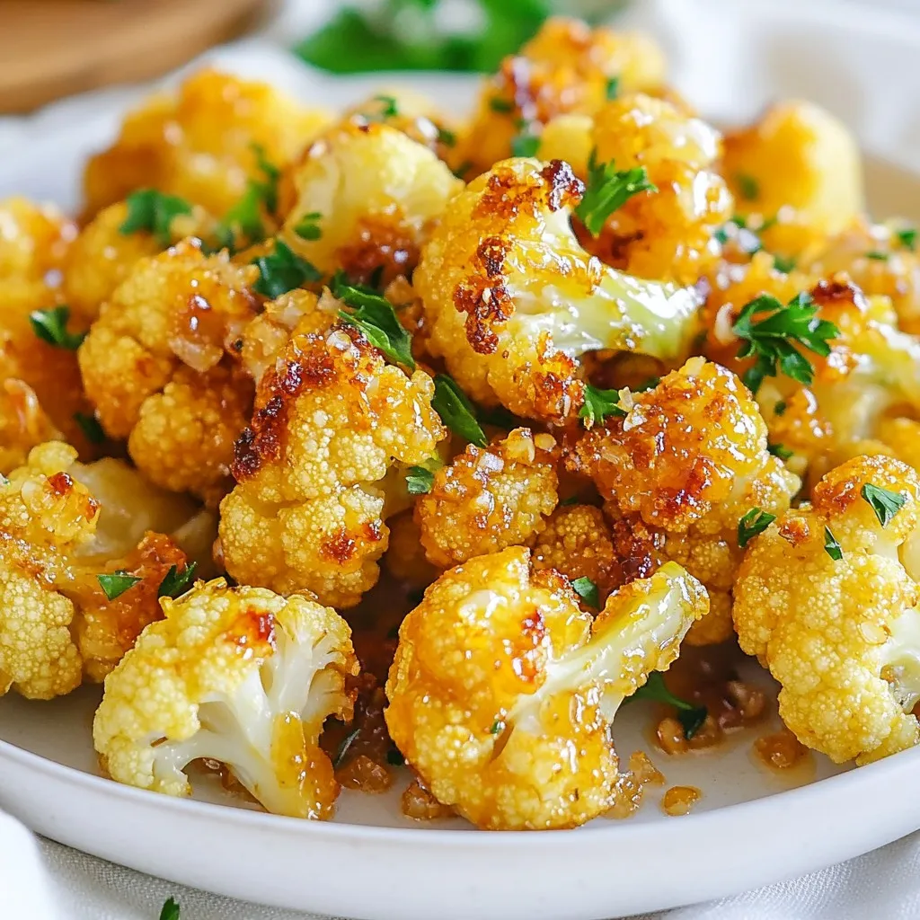 Für dieses leckere Gericht brauchen Sie: - 1 großer Kopf Blumenkohl, in Röschen zerteilt - 3 Esslöffel Honig - 2 Esslöffel Sojasauce (oder Tamari für eine glutenfreie Option) - 4 Knoblauchzehen, fein gehackt - 2 Esslöffel Olivenöl Die Hauptzutaten sind einfach zu finden. Der Blumenkohl gibt dem Gericht eine tolle Textur. Honig und Sojasauce bringen Süße und Umami. Knoblauch fügt einen herzhaften Geschmack hinzu. Wir verwenden auch: - 1 Teelöffel geräuchertes Paprikapulver - Salz und Pfeffer nach Geschmack Das geräucherte Paprikapulver gibt dem Blumenkohl einen besonderen Kick. Salz und Pfeffer runden den Geschmack ab. Für die Garnierung empfehlen sich: - Frische Petersilie oder Koriander Diese Kräuter bringen Farbe und Frische auf den Teller. Ihre Aromen passen perfekt zum Blumenkohl. Wenn Sie möchten, träufeln Sie etwas zusätzlichen Honig darauf. So wird das Gericht noch schöner und leckerer. {{ingredient_image_2}} Zuerst heizen Sie Ihren Ofen auf 220°C (425°F) vor. Legen Sie ein Backblech mit Backpapier aus. Das verhindert, dass der Blumenkohl kleben bleibt. Nun nehmen Sie einen großen Kopf Blumenkohl und zerteilen ihn in Röschen. Kleine Röschen rösten schneller und gleichmäßiger. In einer großen Schüssel mischen Sie die Marinade. Geben Sie 3 Esslöffel Honig, 2 Esslöffel Sojasauce, 4 fein gehackte Knoblauchzehen, 2 Esslöffel Olivenöl und 1 Teelöffel geräuchertes Paprikapulver hinein. Fügen Sie Salz und Pfeffer nach Geschmack hinzu. Rühren Sie alles gut um, bis es gut vermischt ist. Jetzt fügen Sie die Blumenkohlröschen hinzu. Wälzen Sie sie vorsichtig in der Marinade, damit sie gleichmäßig bedeckt sind. Verteilen Sie die Blumenkohlröschen in einer einzigen Schicht auf dem Backblech. Rösten Sie den Blumenkohl für 25-30 Minuten. Wenden Sie die Röschen nach der Hälfte der Zeit. So bräunen sie gleichmäßig. Der Blumenkohl ist fertig, wenn die Ränder goldbraun sind und er zart ist. Nehmen Sie ihn aus dem Ofen und lassen Sie ihn kurz abkühlen. Garnieren Sie das Gericht mit frisch gehackter Petersilie oder Koriander, bevor Sie es servieren. Um den Blumenkohl perfekt zu rösten, achte auf die Ofentemperatur. Stelle den Ofen auf 220°C ein. Ein heißer Ofen sorgt für knusprige Ränder. Lege den Blumenkohl in einer einzigen Schicht auf das Blech. So kann die Hitze gleichmäßig zirkulieren. Wende die Röschen nach der Hälfte der Zeit. So werden sie goldbraun und lecker. Ein häufiger Fehler ist es, den Blumenkohl zu überladen. Wenn die Röschen zu nah beieinander liegen, dämpfen sie sich selbst. Das führt zu einem matschigen Ergebnis. Achte auch darauf, den Blumenkohl gut zu marinieren. Eine gleichmäßige Schicht aus der Honig-Knoblauch-Mischung ist wichtig für den Geschmack. Schließlich, lasse den Blumenkohl nach dem Rösten kurz abkühlen. Das hilft, die Aromen zu festigen. Frische Zutaten machen den Unterschied. Wähle einen großen, festen Kopf Blumenkohl. Achte darauf, dass die Röschen gleichmäßig geschnitten sind. Für den Honig ist ein blütenfarbener Honig ideal. Er hat einen milden Geschmack. Verwende hochwertige Sojasauce oder Tamari für den besten Geschmack. Auch frische Kräuter sind wichtig. Petersilie oder Koriander bringen Farbe und Frische ins Gericht. Pro Tipps Rösten für den perfekten Geschmack: Rösten Sie den Blumenkohl bei hoher Temperatur, um die süßen und rauchigen Aromen zu intensivieren. Variationen der Gewürze: Experimentieren Sie mit verschiedenen Gewürzen wie Kreuzkümmel oder Chili-Pulver für einen zusätzlichen Kick. Für knusprigere Röschen: Lassen Sie genügend Platz zwischen den Blumenkohlröschen auf dem Backblech, damit sie gleichmäßig bräunen und knusprig werden. Perfekte Garnitur: Fügen Sie geröstete Nüsse oder Samen hinzu, um eine angenehme Textur und zusätzlichen Geschmack zu verleihen. {{image_4}} Für eine vegane Option, ersetzen Sie den Honig mit Ahornsirup oder Agavendicksaft. Diese Süßstoffe bringen einen ähnlichen Geschmack. Sojasauce bleibt eine tolle Wahl. Wenn Sie eine glutenfreie Version wollen, nutzen Sie Tamari statt Sojasauce. Blumenkohl bleibt der Star, egal wie Sie süßen. Fügen Sie andere Gemüsesorten hinzu, um mehr Farben und Texturen zu schaffen. Karotten oder Paprika passen gut zu Blumenkohl. Sie können auch Nüsse wie Mandeln oder Walnüsse hinzufügen. Diese geben einen schönen Crunch und zusätzliche Nährstoffe. Denken Sie an Feta oder Parmesan für einen herzhaften Kick, falls Sie es nicht vegan halten. Für einen scharfen Kick, probieren Sie Chili-Flocken oder Cayennepfeffer. Diese Gewürze bringen Wärme ins Gericht. Mögen Sie es rauchig? Erhöhen Sie das geräucherte Paprikapulver. Experimentieren Sie mit verschiedenen Kräutern wie Thymian oder Rosmarin für mehr Geschmack. Passen Sie die Gewürze nach Ihrem Geschmack an, um ein Gericht zu kreieren, das Ihnen gefällt! Wenn du Blumenkohl übrig hast, lass ihn zuerst abkühlen. Sobald er kalt ist, packe ihn in einen luftdichten Behälter. Das hält ihn frisch und lecker. Du kannst auch Frischhaltefolie verwenden. So bleibt der Blumenkohl saftig. Um den Blumenkohl wieder warm zu machen, nutze den Ofen oder die Mikrowelle. Wenn du den Ofen verwendest, heize ihn auf 180°C (350°F) vor. Lege die Röschen auf ein Backblech und erwärme sie etwa 10 Minuten. In der Mikrowelle dauert es nur 2-3 Minuten. Verwende die Reste in Salaten oder als Beilage. Im Kühlschrank bleibt der Blumenkohl 3 bis 5 Tage frisch. Achte darauf, dass der Behälter gut verschlossen ist. Wenn du einen seltsamen Geruch oder eine matschige Textur bemerkst, wirf ihn weg. Es ist besser, auf Nummer sicher zu gehen. Das Rösten von Blumenkohl dauert etwa 25 bis 30 Minuten. Zuerst heizt du den Ofen auf 220°C vor. Dann lege die Röschen auf ein Backblech. Röste sie, bis die Ränder goldbraun sind. Vergiss nicht, die Röschen nach 15 Minuten zu wenden. So werden sie gleichmäßig knusprig und lecker. Ja, du kannst den Honig durch andere Süßstoffe ersetzen. Ahornsirup ist eine gute Wahl. Er gibt einen ähnlichen süßen Geschmack. Du kannst auch Agavendicksaft verwenden. Achte darauf, die Menge anzupassen. Manchmal kann ein anderer Süßstoff süßer sein. Ja, dieses Rezept kann glutenfrei sein. Verwende einfach Tamari statt Sojasauce. Tamari ist eine glutenfreie Sojasauce. Sie hat den gleichen guten Geschmack. Achte darauf, dass alle anderen Zutaten auch glutenfrei sind. So kannst du den Blumenkohl ohne Sorgen genießen. Ja, gefrorenen Blumenkohl kann man auch nutzen. Achte darauf, ihn vorher abzutauen. Drücke das Wasser gut heraus, damit er knusprig bleibt. Röste ihn dann wie frisch geschnittenen Blumenkohl. Die Garzeit kann sich etwas ändern. Prüfe die Röschen nach 20 Minuten auf den perfekten Biss. In diesem Artikel haben wir die wichtigsten Zutaten für Rösten von Blumenkohl besprochen. Wir haben Schritt für Schritt erklärt, wie man ihn zubereitet und geröstet. Außerdem gab es Tipps, um perfekte Röstaromen zu erzielen und häufige Fehler zu vermeiden. Variationen und Lagerung von Blumenkohl wurden ebenfalls behandelt. Denke daran, die richtigen Zutaten auszuwählen und deine Gewürze anzupassen. So wird dein Gericht noch besser. Mit diesen Tipps gelingt dir sicher ein köstliches Blumenkohlgericht!