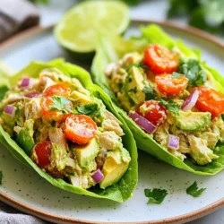 Für die Avocado Chicken Salad Lettuce Wraps benötigst du diese Zutaten: - 2 Tassen gekochte Hähnchenbrust, zerrupft - 1 reife Avocado, püriert - 1/4 Tasse griechischer Joghurt - 1 Esslöffel Dijon-Senf - 1 kleine rote Zwiebel, fein gewürfelt - 1/2 Tasse Cherrytomaten, geviertelt - 1/4 Tasse Koriander, gehackt - 1 Esslöffel Limettensaft - Salz und Pfeffer nach Geschmack - 8 große Blätter Romaine-Salat Jede Zutat bringt ihren eigenen Geschmack und Nährstoffe in das Gericht. Die Kombination von Hähnchen und Avocado sorgt für Proteine und gesunde Fette. Eine Portion dieser Wraps hat etwa 350 Kalorien. Sie sind reich an Eiweiß und Ballaststoffen. So ist jede Portion gut für deine Ernährung. Es gibt etwa 4 Portionen in diesem Rezept. Wenn du eine Diät machst oder Allergien hast, gibt es Alternativen: - Ersetze Hähnchen durch Tofu für eine vegetarische Option. - Verwende pflanzlichen Joghurt für eine vegane Variante. - Nutze einen anderen Salat, wie Eisbergsalat, wenn du Romaine nicht magst. Diese Substitutionen machen das Rezept vielseitig und anpassbar für alle Diäten. {{ingredient_image_2}} Zuerst benötigen Sie 2 Tassen gekochte Hähnchenbrust. Diese sollten Sie zerrupfen. Nehmen Sie dann eine reife Avocado und pürieren Sie sie. Die Avocado muss weich sein, um gut zu vermengen. Diese beiden Zutaten sind die Grundlage Ihres Salats. Geben Sie die zerrupfte Hähnchenbrust und die pürierte Avocado in eine große Schüssel. Fügen Sie 1/4 Tasse griechischen Joghurt und 1 Esslöffel Dijon-Senf hinzu. Diese Zutaten sorgen für eine cremige Textur. Rühren Sie gut um, bis alles gut vermischt ist. Danach fügen Sie 1 kleine rote Zwiebel, 1/2 Tasse Cherrytomaten und 1/4 Tasse Koriander hinzu. Diese Zutaten bringen Farbe und Frische. Beträufeln Sie die Mischung mit 1 Esslöffel Limettensaft. Schmecken Sie die Mischung mit Salz und Pfeffer ab. Rühren Sie vorsichtig, sodass die Tomaten nicht zerdrückt werden. Nehmen Sie ein großes Blatt Romaine-Salat. Geben Sie etwa 1/4 Tasse der Avocado-Hähnchen-Salat-Mischung in die Mitte. Falten Sie die Seiten des Salatblattes über die Füllung. Rollen Sie das Blatt auf, um einen Wrap zu formen. Wiederholen Sie den Vorgang mit den weiteren Blättern und der Füllung. Arrangieren Sie die Lettuce Wraps auf einer Servierplatte. Garnieren Sie sie nach Wunsch mit zusätzlichem Koriander und Limettenspalten. Um die perfekte Konsistenz zu erreichen, püriere die Avocado gut. Sie sollte cremig, aber nicht zu flüssig sein. Die Hähnchenbrust muss zerrupft werden, nicht gewürfelt. Dadurch integriert sie sich besser mit den anderen Zutaten. Füge den griechischen Joghurt nach und nach hinzu. So kannst du die gewünschte Cremigkeit bestimmen. Für mehr Geschmack kannst du zusätzlich Gewürze wie Paprika oder Knoblauchpulver verwenden. Auch Jalapeños bringen eine scharfe Note. Experimentiere mit verschiedenen Kräutern. Petersilie oder Dill passen gut. Wenn du es süßer magst, füge ein paar gewürfelte Äpfel oder Trauben hinzu. Ein einfaches Dressing aus Limettensaft und Olivenöl passt gut. Du kannst auch eine scharfe Sauce oder eine Mischung aus Joghurt und Senf verwenden. Diese Optionen geben deinem Salat einen besonderen Kick. Wenn du mehr Frische möchtest, probiere ein Joghurt-Dressing mit frischen Kräutern. Pro Tipps Frische Zutaten wählen: Verwenden Sie die frischesten Zutaten, um den besten Geschmack zu erzielen. Reife Avocados und knackige Romaine-Blätter sind entscheidend. Variation der Gewürze: Experimentieren Sie mit verschiedenen Kräutern und Gewürzen, um Ihrem Avocado-Hähnchen-Salat eine persönliche Note zu verleihen. Paprika oder Kreuzkümmel können interessante Aromen hinzufügen. Vorbereitung im Voraus: Bereiten Sie die Füllung im Voraus zu und bewahren Sie sie im Kühlschrank auf. So sparen Sie Zeit, wenn Sie die Wraps servieren möchten. Servieren mit Dips: Servieren Sie die Lettuce Wraps mit einem Joghurt- oder Avocado-Dip für zusätzlichen Geschmack und eine cremige Textur. {{image_4}} Für eine leckere, vegetarische Option kann man Tofu oder Hülsenfrüchte verwenden. Tofu muss fest sein und gut gewürzt werden. Einfach den Tofu anbraten, bis er goldbraun ist. Dann zerkleinern und mit der Avocado-Mischung vermengen. Für Hülsenfrüchte, wie Kichererbsen oder schwarze Bohnen, einfach abtropfen und zerdrücken. Diese Zutaten geben der Mischung einen tollen Biss. Wenn du es scharf magst, füge scharfe Zutaten hinzu. Ein Teelöffel Sriracha oder eine Prise Cayennepfeffer bringt einen feurigen Kick. Du kannst auch gewürfelte Jalapeños einmischen. Diese Gewürze harmonieren gut mit der Cremigkeit der Avocado und dem Hähnchen. Probiere es aus, um den perfekten Schärfegrad zu finden! Du kannst die Gemüsesorten in deinem Salat leicht variieren. Füge gewürfelte Paprika, Gurken oder Sellerie hinzu. Diese Gemüse bringen zusätzliche Frische und Knackigkeit. Auch Avocado schmeckt gut mit Spinat oder Rucola. Experimentiere mit deinem Lieblingsgemüse, um verschiedene Geschmackskombinationen zu entdecken. Bewahre die Reste in einem luftdichten Behälter auf. So bleibt der Geschmack frisch. Du kannst die Mischung auch in Portionen aufteilen. Lege die Lettuce Wraps getrennt von der Füllung auf. So wird der Salat nicht matschig. Verwende frische Zutaten, um den besten Geschmack zu erhalten. Wähle reife Avocados, die leicht drücken. Lagere die Cherrytomaten an einem kühlen Ort. Du kannst die Zwiebel und den Koriander auch vorher schneiden. Halte sie dann in einem luftdichten Behälter. Die Avocado Chicken Salad Mischung hält sich 2-3 Tage im Kühlschrank. Die Lettuce Wraps sollten frisch gegessen werden. Wenn du sie länger aufbewahren willst, lagere die Mischung und Blätter getrennt. So bleibt alles frisch und lecker. Die Lettuce Wraps sind frisch am besten. Sie halten etwa 1 bis 2 Tage im Kühlschrank. Nach dieser Zeit können die Blätter weich werden. Lagern Sie die Wraps in einem luftdichten Behälter. So bleiben sie länger frisch. Ja, die Mischung ist gut im Voraus zubereitet. Stellen Sie sie in den Kühlschrank. Sie bleibt bis zu 3 Tage frisch. Achten Sie darauf, die Mischung gut abzudecken. So verhindern Sie, dass sie braun wird. Die besten Beilagen sind leicht und frisch. Einige gute Optionen sind: - Ein einfacher grüner Salat - Karottensticks mit Hummus - Gurkenscheiben mit Joghurt-Dip - Eine fruchtige Salsa Diese Beilagen ergänzen das Gericht gut und bringen frische Aromen. Avocado Chicken Salad Lettuce Wraps sind einfach und lecker. Wir haben die Hauptzutaten, Nährwerte und Anpassungen für spezielle Diäten betrachtet. Die Schritt-für-Schritt-Anleitung hilft dir, den Salat perfekt zuzubereiten. Tipps und Variationen geben dir kreative Ideen. Richtig lagern ist wichtig, damit die Reste frisch bleiben. Am Ende sind diese Wraps eine gesunde und kreative Speiseoption. Probiere verschiedene Versionen aus und finde deinen Favoriten!