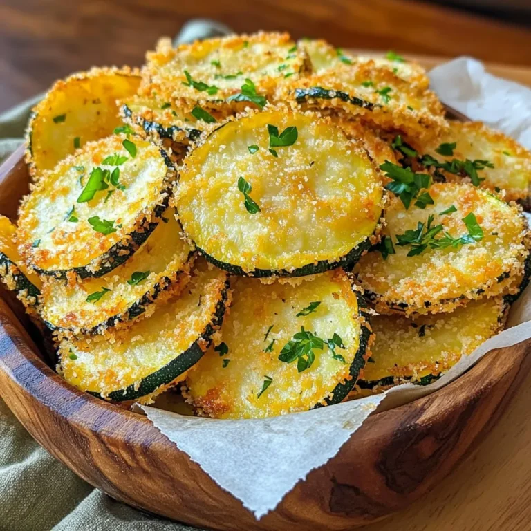 Für die Parmesan-Kruste Zucchini-Chips brauchst du folgende Zutaten: - 2 mittelgroße Zucchini, in dünne Runden geschnitten - 1 Tasse geriebener Parmesan-Käse - 1 Tasse Semmelbrösel (am besten Vollkorn) - 1 Teelöffel Knoblauchpulver - 1 Teelöffel Zwiebelpulver - 1 Teelöffel geräuchertes Paprika-Pulver - Salz und Pfeffer nach Geschmack - 2 große Eier - 1 Esslöffel Olivenöl - Frische Petersilie, gehackt (zum Garnieren) Diese Zutaten ergeben einen tollen Snack. Sie sind einfach zu finden und machen große Freude. Ich empfehle, mittelgroße Zucchini zu wählen. Sie sind saftig und haben einen milden Geschmack. Kleinere Zucchini können auch gut sein, aber sie enthalten oft weniger Fruchtfleisch. Vermeide große Zucchini, da sie oft bitter sind und mehr Samen enthalten. Achte darauf, dass die Zucchini frisch aussieht. Der Glanz der Haut zeigt oft die Frische an. Wenn du keinen Parmesan magst oder eine andere Wahl treffen möchtest, gibt es Alternativen. Du kannst Pecorino oder einen veganen Käse verwenden. Für die Semmelbrösel kannst du auch Mandelmehl oder Haferflocken nutzen. Diese Alternativen geben den Chips andere Geschmäcker und Texturen. Probiere es aus und finde deine Lieblingskombination. {{ingredient_image_2}} Um die Zucchini-Chips perfekt zu machen, fangen wir mit der Zucchini an. Nehmen Sie zwei mittelgroße Zucchini. Diese sollten frisch und fest sein. Schneiden Sie die Zucchini in dünne Runden, etwa 0,5 cm dick. Je dünner die Scheiben, desto knuspriger werden die Chips. Legen Sie die geschnittenen Zucchini auf ein Küchentuch. So nehmen Sie überschüssige Feuchtigkeit auf. Dies hilft, die Zucchini knusprig zu halten. Jetzt kommen wir zur Panade. In einer flachen Schüssel vermischen Sie die trockenen Zutaten. Nehmen Sie eine Tasse geriebenen Parmesan, eine Tasse Semmelbrösel, einen Teelöffel Knoblauchpulver, einen Teelöffel Zwiebelpulver und einen Teelöffel geräuchertes Paprika-Pulver. Fügen Sie Salz und Pfeffer nach Geschmack hinzu. Mischen Sie alles gut. In einer anderen Schüssel schlagen Sie zwei große Eier auf und verrühren sie. Diese Eier sorgen dafür, dass die Panade an der Zucchini haftet. Jetzt ist es Zeit, die Chips zu backen. Heizen Sie den Ofen auf 220°C vor und legen Sie ein Backblech mit Backpapier aus. Tauchen Sie jede Zucchinischeibe zuerst in die Eier und dann in die Panade. Achten Sie darauf, dass die Panade gleichmäßig haftet. Legen Sie die panierten Chips auf das Backblech. Lassen Sie genug Platz zwischen den Chips, damit sie gut backen können. Beträufeln Sie die Chips mit etwas Olivenöl für extra Knusprigkeit. Backen Sie die Chips 20-25 Minuten, bis sie goldbraun sind. Drehen Sie die Chips in der Mitte der Backzeit um. Nach dem Backen lassen Sie die Chips kurz abkühlen und garnieren sie mit frischer Petersilie. Um perfekte, knusprige Zucchini-Chips zu machen, achte auf die folgenden Punkte: - Zucchini richtig schneiden: Die Zucchini sollten gleichmäßig in dünne Runden geschnitten werden. Dünne Scheiben backen besser und werden knuspriger. - Trocknen: Tupfe die Zucchini-Scheiben vor dem Panieren mit einem Küchentuch ab. Weniger Feuchtigkeit hilft, die Chips knusprig zu machen. - Olivenöl: Ein leichter Spritzer Olivenöl hilft, die Chips zu bräunen und knusprig zu werden. Verwende nicht zu viel, sonst werden sie weich. - Backofen: Stelle sicher, dass dein Ofen richtig vorgeheizt ist. Eine hohe Hitze von 220°C (425°F) sorgt für die beste Textur. Bei der Zubereitung dieser Chips gibt es einige häufige Fehler. Hier sind einige Tipps, um sie zu vermeiden: - Zu dicke Scheiben: Vermeide dicke Zucchini-Scheiben. Dicke Scheiben garen länger und werden nicht knusprig. - Überladen des Backblechs: Lege die Zucchini-Chips in einer einzigen Schicht auf das Blech. Wenn sie übereinander liegen, dämpfen sie und werden weich. - Nicht wenden: Drehe die Chips zur Halbzeit. So garen sie gleichmäßig und werden auf beiden Seiten knusprig. Serviere deine Parmesan-Kruste Zucchini-Chips auf eine ansprechende Weise: - Rustikale Holzschale: Eine Holzschale mit Backpapier sorgt für einen tollen Look. - Dips: Stelle eine kleine Schale mit Marinara- oder Ranch-Dip bereit. Das gibt zusätzlichen Geschmack. - Garnierung: Frische Petersilie verleiht dem Gericht Farbe und Frische. Streue sie vor dem Servieren über die Chips. Mit diesen Tipps und Tricks machst du knusprige Zucchini-Chips, die jeder lieben wird! Pro Tipps Die richtige Zucchini wählen: Wählen Sie festere, kleinere Zucchini für die besten Ergebnisse. Diese haben weniger Wassergehalt und bleiben während des Backens knusprig. Variationen der Panade: Experimentieren Sie mit verschiedenen Käsesorten oder Gewürzen in der Panade, um einzigartige Geschmacksrichtungen zu erzielen. Feta oder Cheddar können interessante Alternativen sein. Für extra Knusprigkeit: Lassen Sie die panierten Zucchini-Chips vor dem Backen etwa 10 Minuten ruhen. Dadurch kann die Panade besser haften und wird beim Backen knuspriger. Serviertipps: Servieren Sie die Zucchini-Chips warm mit verschiedenen Dips, um das Geschmackserlebnis zu erweitern. Marinara, Ranch oder sogar Hummus passen hervorragend dazu. {{image_4}} Du kannst die Aromen deiner Parmesan-Kruste Zucchini-Chips leicht verändern. Füge zum Beispiel italienische Kräuter wie Oregano oder Basilikum hinzu. Ein Teelöffel getrockneter Thymian kann auch gut passen. Wenn du es schärfer magst, probiere rote Paprika oder Cayennepfeffer. Diese Gewürze bringen mehr Geschmack und Abwechslung in das Rezept. Wenn du eine spezielle Diät befolgst, kannst du das Rezept anpassen. Für glutenfreie Chips nimm glutenfreie Semmelbrösel oder Mandelmehl. Um die Chips vegan zu machen, ersetze die Eier durch eine Mischung aus Leinsamen und Wasser. Dies gibt dir eine ähnliche Konsistenz zum Panieren. So kannst du alle genießen, unabhängig von ihren Diäten. Zucchini sind nicht die einzige Wahl. Du kannst auch Auberginen oder Süßkartoffeln verwenden. Schneide sie in dünne Scheiben wie die Zucchini. Die Backzeit bleibt gleich, aber die Aromen ändern sich. Diese Variationen bringen Farbe und Geschmack auf deinen Teller. Experimentiere mit verschiedenen Gemüsesorten, um deine Lieblingskombination zu finden. Um die Zucchini-Chips frisch zu halten, sollten Sie sie in einem luftdichten Behälter aufbewahren. Lassen Sie die Chips vollständig abkühlen, bevor Sie sie lagern. Das verhindert, dass sie weich werden. Legen Sie ein Stück Papiertuch zwischen die Chips, um Feuchtigkeit zu absorbieren. So bleiben sie länger knusprig. Lagern Sie die Chips an einem kühlen, trockenen Ort. Wenn Ihre Chips weich werden, können Sie sie leicht wieder aufknuspern. Heizen Sie den Ofen auf 180°C vor. Legen Sie die Chips auf ein Backblech und backen Sie sie für 5 bis 10 Minuten. Achten Sie darauf, sie regelmäßig zu wenden, damit sie gleichmäßig knusprig werden. Alternativ können Sie auch eine Heißluftfritteuse verwenden. Das macht sie schnell wieder knusprig. Zucchini-Chips sind am besten innerhalb von 2 bis 3 Tagen zu genießen. Nach dieser Zeit verlieren sie an Geschmack und Knusprigkeit. Wenn Sie Reste haben, können Sie diese auch in Salaten verwenden. Zerbrechen Sie die Chips und streuen Sie sie über einen frischen Salat. So geben sie einen tollen Crunch und zusätzlichen Geschmack. Um die Zucchini-Chips vegan zu machen, ersetzen Sie die Eier. Nutzen Sie einen Esslöffel Leinsamenmehl mit drei Esslöffeln Wasser. Lassen Sie die Mischung einige Minuten stehen, bis sie dick wird. Diese Mischung kann die Eier gut ersetzen. Verwenden Sie veganen Käse anstelle von Parmesan. So bleiben die Chips knusprig und lecker. Zu den Zucchini-Chips passen viele Dips. Ich empfehle Marinara-Sauce oder Ranch-Dressing. Auch Hummus ist eine gute Wahl. Diese Dips erhöhen den Geschmack und machen das Essen noch besser. Sie können auch einen Joghurt-Dip mit frischen Kräutern probieren. Das gibt den Chips eine frische Note. Ja, diese Zucchini-Chips sind eine gesunde Snack-Option. Zucchini ist kalorienarm und reich an Vitaminen. Parmesan liefert Eiweiß und Calcium. Vollkorn-Semmelbrösel sind besser als weiße Brösel. Sie enthalten mehr Ballaststoffe. Achten Sie jedoch auf die Menge des verwendeten Öls und der Gewürze. So bleibt der Snack gesund und knusprig. Zusammenfassend haben wir die besten Zutaten für Zucchini-Chips durchlaufen. Wir haben die besten Zucchini, die Zubereitung und die Backmethoden besprochen. Einige Tipps helfen dir, die perfekte Knusprigkeit zu erreichen. Ich habe Variationen und Anpassungen für spezielle Diäten gezeigt. Du kannst die Chips auch leicht aufbewahren und wieder aufknuspern. Zucchini-Chips sind einfach, lecker und vielseitig. Probier es selbst aus und entdecke deinen neuen Snack!