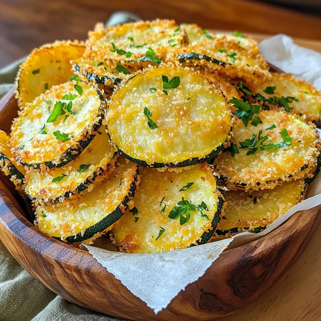 Für die Parmesan-Kruste Zucchini-Chips brauchst du folgende Zutaten: - 2 mittelgroße Zucchini, in dünne Runden geschnitten - 1 Tasse geriebener Parmesan-Käse - 1 Tasse Semmelbrösel (am besten Vollkorn) - 1 Teelöffel Knoblauchpulver - 1 Teelöffel Zwiebelpulver - 1 Teelöffel geräuchertes Paprika-Pulver - Salz und Pfeffer nach Geschmack - 2 große Eier - 1 Esslöffel Olivenöl - Frische Petersilie, gehackt (zum Garnieren) Diese Zutaten ergeben einen tollen Snack. Sie sind einfach zu finden und machen große Freude. Ich empfehle, mittelgroße Zucchini zu wählen. Sie sind saftig und haben einen milden Geschmack. Kleinere Zucchini können auch gut sein, aber sie enthalten oft weniger Fruchtfleisch. Vermeide große Zucchini, da sie oft bitter sind und mehr Samen enthalten. Achte darauf, dass die Zucchini frisch aussieht. Der Glanz der Haut zeigt oft die Frische an. Wenn du keinen Parmesan magst oder eine andere Wahl treffen möchtest, gibt es Alternativen. Du kannst Pecorino oder einen veganen Käse verwenden. Für die Semmelbrösel kannst du auch Mandelmehl oder Haferflocken nutzen. Diese Alternativen geben den Chips andere Geschmäcker und Texturen. Probiere es aus und finde deine Lieblingskombination. {{ingredient_image_2}} Um die Zucchini-Chips perfekt zu machen, fangen wir mit der Zucchini an. Nehmen Sie zwei mittelgroße Zucchini. Diese sollten frisch und fest sein. Schneiden Sie die Zucchini in dünne Runden, etwa 0,5 cm dick. Je dünner die Scheiben, desto knuspriger werden die Chips. Legen Sie die geschnittenen Zucchini auf ein Küchentuch. So nehmen Sie überschüssige Feuchtigkeit auf. Dies hilft, die Zucchini knusprig zu halten. Jetzt kommen wir zur Panade. In einer flachen Schüssel vermischen Sie die trockenen Zutaten. Nehmen Sie eine Tasse geriebenen Parmesan, eine Tasse Semmelbrösel, einen Teelöffel Knoblauchpulver, einen Teelöffel Zwiebelpulver und einen Teelöffel geräuchertes Paprika-Pulver. Fügen Sie Salz und Pfeffer nach Geschmack hinzu. Mischen Sie alles gut. In einer anderen Schüssel schlagen Sie zwei große Eier auf und verrühren sie. Diese Eier sorgen dafür, dass die Panade an der Zucchini haftet. Jetzt ist es Zeit, die Chips zu backen. Heizen Sie den Ofen auf 220°C vor und legen Sie ein Backblech mit Backpapier aus. Tauchen Sie jede Zucchinischeibe zuerst in die Eier und dann in die Panade. Achten Sie darauf, dass die Panade gleichmäßig haftet. Legen Sie die panierten Chips auf das Backblech. Lassen Sie genug Platz zwischen den Chips, damit sie gut backen können. Beträufeln Sie die Chips mit etwas Olivenöl für extra Knusprigkeit. Backen Sie die Chips 20-25 Minuten, bis sie goldbraun sind. Drehen Sie die Chips in der Mitte der Backzeit um. Nach dem Backen lassen Sie die Chips kurz abkühlen und garnieren sie mit frischer Petersilie. Um perfekte, knusprige Zucchini-Chips zu machen, achte auf die folgenden Punkte: - Zucchini richtig schneiden: Die Zucchini sollten gleichmäßig in dünne Runden geschnitten werden. Dünne Scheiben backen besser und werden knuspriger. - Trocknen: Tupfe die Zucchini-Scheiben vor dem Panieren mit einem Küchentuch ab. Weniger Feuchtigkeit hilft, die Chips knusprig zu machen. - Olivenöl: Ein leichter Spritzer Olivenöl hilft, die Chips zu bräunen und knusprig zu werden. Verwende nicht zu viel, sonst werden sie weich. - Backofen: Stelle sicher, dass dein Ofen richtig vorgeheizt ist. Eine hohe Hitze von 220°C (425°F) sorgt für die beste Textur. Bei der Zubereitung dieser Chips gibt es einige häufige Fehler. Hier sind einige Tipps, um sie zu vermeiden: - Zu dicke Scheiben: Vermeide dicke Zucchini-Scheiben. Dicke Scheiben garen länger und werden nicht knusprig. - Überladen des Backblechs: Lege die Zucchini-Chips in einer einzigen Schicht auf das Blech. Wenn sie übereinander liegen, dämpfen sie und werden weich. - Nicht wenden: Drehe die Chips zur Halbzeit. So garen sie gleichmäßig und werden auf beiden Seiten knusprig. Serviere deine Parmesan-Kruste Zucchini-Chips auf eine ansprechende Weise: - Rustikale Holzschale: Eine Holzschale mit Backpapier sorgt für einen tollen Look. - Dips: Stelle eine kleine Schale mit Marinara- oder Ranch-Dip bereit. Das gibt zusätzlichen Geschmack. - Garnierung: Frische Petersilie verleiht dem Gericht Farbe und Frische. Streue sie vor dem Servieren über die Chips. Mit diesen Tipps und Tricks machst du knusprige Zucchini-Chips, die jeder lieben wird! Pro Tipps Die richtige Zucchini wählen: Wählen Sie festere, kleinere Zucchini für die besten Ergebnisse. Diese haben weniger Wassergehalt und bleiben während des Backens knusprig. Variationen der Panade: Experimentieren Sie mit verschiedenen Käsesorten oder Gewürzen in der Panade, um einzigartige Geschmacksrichtungen zu erzielen. Feta oder Cheddar können interessante Alternativen sein. Für extra Knusprigkeit: Lassen Sie die panierten Zucchini-Chips vor dem Backen etwa 10 Minuten ruhen. Dadurch kann die Panade besser haften und wird beim Backen knuspriger. Serviertipps: Servieren Sie die Zucchini-Chips warm mit verschiedenen Dips, um das Geschmackserlebnis zu erweitern. Marinara, Ranch oder sogar Hummus passen hervorragend dazu. {{image_4}} Du kannst die Aromen deiner Parmesan-Kruste Zucchini-Chips leicht verändern. Füge zum Beispiel italienische Kräuter wie Oregano oder Basilikum hinzu. Ein Teelöffel getrockneter Thymian kann auch gut passen. Wenn du es schärfer magst, probiere rote Paprika oder Cayennepfeffer. Diese Gewürze bringen mehr Geschmack und Abwechslung in das Rezept. Wenn du eine spezielle Diät befolgst, kannst du das Rezept anpassen. Für glutenfreie Chips nimm glutenfreie Semmelbrösel oder Mandelmehl. Um die Chips vegan zu machen, ersetze die Eier durch eine Mischung aus Leinsamen und Wasser. Dies gibt dir eine ähnliche Konsistenz zum Panieren. So kannst du alle genießen, unabhängig von ihren Diäten. Zucchini sind nicht die einzige Wahl. Du kannst auch Auberginen oder Süßkartoffeln verwenden. Schneide sie in dünne Scheiben wie die Zucchini. Die Backzeit bleibt gleich, aber die Aromen ändern sich. Diese Variationen bringen Farbe und Geschmack auf deinen Teller. Experimentiere mit verschiedenen Gemüsesorten, um deine Lieblingskombination zu finden. Um die Zucchini-Chips frisch zu halten, sollten Sie sie in einem luftdichten Behälter aufbewahren. Lassen Sie die Chips vollständig abkühlen, bevor Sie sie lagern. Das verhindert, dass sie weich werden. Legen Sie ein Stück Papiertuch zwischen die Chips, um Feuchtigkeit zu absorbieren. So bleiben sie länger knusprig. Lagern Sie die Chips an einem kühlen, trockenen Ort. Wenn Ihre Chips weich werden, können Sie sie leicht wieder aufknuspern. Heizen Sie den Ofen auf 180°C vor. Legen Sie die Chips auf ein Backblech und backen Sie sie für 5 bis 10 Minuten. Achten Sie darauf, sie regelmäßig zu wenden, damit sie gleichmäßig knusprig werden. Alternativ können Sie auch eine Heißluftfritteuse verwenden. Das macht sie schnell wieder knusprig. Zucchini-Chips sind am besten innerhalb von 2 bis 3 Tagen zu genießen. Nach dieser Zeit verlieren sie an Geschmack und Knusprigkeit. Wenn Sie Reste haben, können Sie diese auch in Salaten verwenden. Zerbrechen Sie die Chips und streuen Sie sie über einen frischen Salat. So geben sie einen tollen Crunch und zusätzlichen Geschmack. Um die Zucchini-Chips vegan zu machen, ersetzen Sie die Eier. Nutzen Sie einen Esslöffel Leinsamenmehl mit drei Esslöffeln Wasser. Lassen Sie die Mischung einige Minuten stehen, bis sie dick wird. Diese Mischung kann die Eier gut ersetzen. Verwenden Sie veganen Käse anstelle von Parmesan. So bleiben die Chips knusprig und lecker. Zu den Zucchini-Chips passen viele Dips. Ich empfehle Marinara-Sauce oder Ranch-Dressing. Auch Hummus ist eine gute Wahl. Diese Dips erhöhen den Geschmack und machen das Essen noch besser. Sie können auch einen Joghurt-Dip mit frischen Kräutern probieren. Das gibt den Chips eine frische Note. Ja, diese Zucchini-Chips sind eine gesunde Snack-Option. Zucchini ist kalorienarm und reich an Vitaminen. Parmesan liefert Eiweiß und Calcium. Vollkorn-Semmelbrösel sind besser als weiße Brösel. Sie enthalten mehr Ballaststoffe. Achten Sie jedoch auf die Menge des verwendeten Öls und der Gewürze. So bleibt der Snack gesund und knusprig. Zusammenfassend haben wir die besten Zutaten für Zucchini-Chips durchlaufen. Wir haben die besten Zucchini, die Zubereitung und die Backmethoden besprochen. Einige Tipps helfen dir, die perfekte Knusprigkeit zu erreichen. Ich habe Variationen und Anpassungen für spezielle Diäten gezeigt. Du kannst die Chips auch leicht aufbewahren und wieder aufknuspern. Zucchini-Chips sind einfach, lecker und vielseitig. Probier es selbst aus und entdecke deinen neuen Snack!