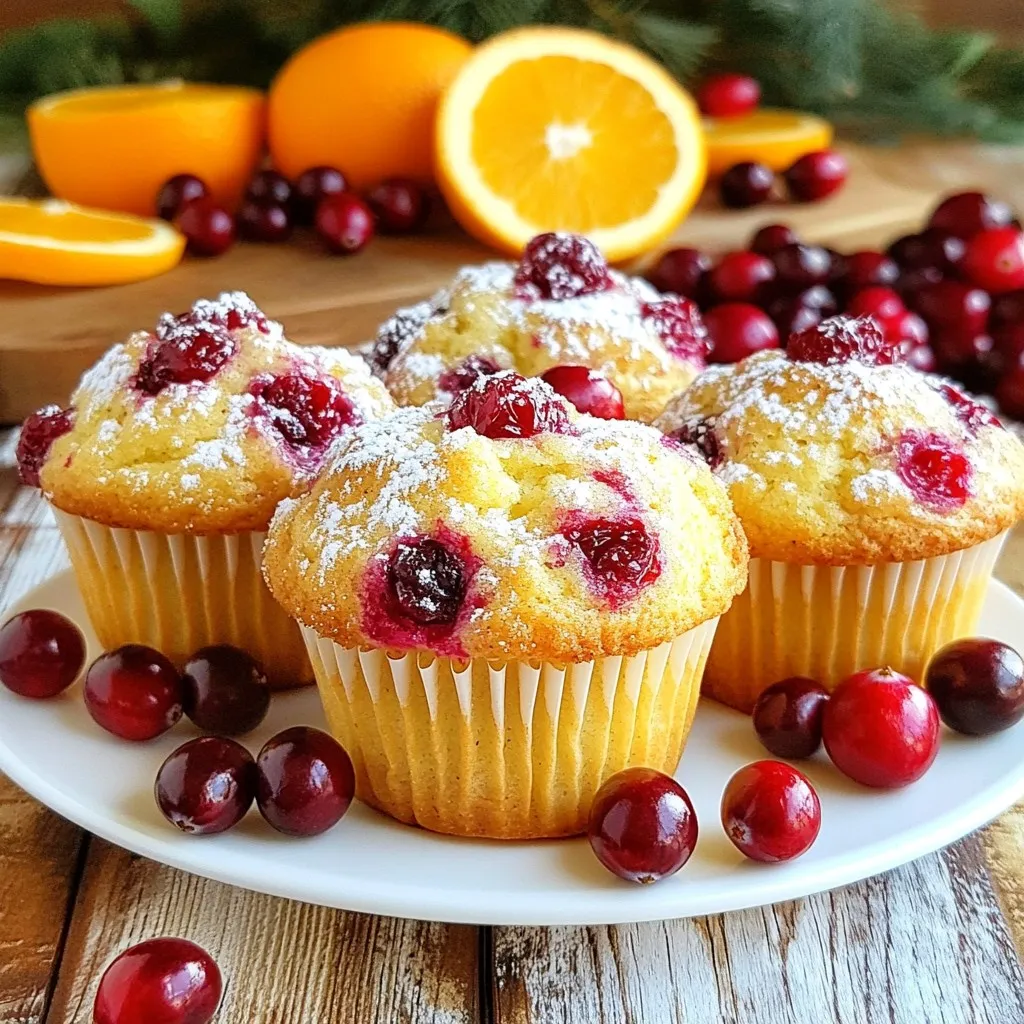 Für die Cranberry Orange Muffins brauchst du folgende Zutaten: - 1 ½ Tassen Allzweckmehl - ½ Tasse Kristallzucker - ½ Tasse brauner Zucker, gepackt - 2 Teelöffel Backpulver - ½ Teelöffel Natron - ½ Teelöffel Salz - 1 Teelöffel gemahlener Zimt - 1 großes Ei - ¾ Tasse Buttermilch (oder Milch mit 1 Esslöffel Essig) - ⅓ Tasse Pflanzenöl - Abrieb von 1 Orange - 1 Tasse frische Preiselbeeren, grob gehackt - ½ Tasse gehackte Walnüsse (optional) Diese Zutaten machen die Muffins saftig und aromatisch. Wenn du einige Zutaten nicht hast, gibt es gute Alternativen: - Verwende statt Allzweckmehl Dinkelmehl für einen nussigen Geschmack. - Statt Buttermilch kannst du Joghurt nehmen, gemischt mit Wasser. - Gefrorene Preiselbeeren sind auch eine gute Option. - Für eine nussfreie Variante lasse die Walnüsse einfach weg. Diese Alternativen helfen dir, die Muffins trotzdem lecker zu machen. Achte darauf, frische Zutaten zu wählen. Das macht einen großen Unterschied im Geschmack. - Wenn du die Muffins süßer magst, füge mehr Kristallzucker hinzu. - Der Orangenabrieb gibt den Muffins einen frischen Kick. - Die Walnüsse bringen einen schönen Crunch, wenn du sie hinzufügst. Mit diesen Tipps kannst du die perfekten Cranberry Orange Muffins zubereiten. {{ingredient_image_2}} Heize deinen Ofen auf 190°C (375°F) vor. Dies sorgt für die richtige Hitze. Lege ein Muffinblech mit Papierförmchen aus oder sprühe es mit Antihaftspray ein. So bleiben die Muffins nicht kleben. Nimm eine große Schüssel. Gib das Allzweckmehl, Kristallzucker, braunen Zucker, Backpulver, Natron, Salz und gemahlenen Zimt hinein. Mische alles gut. Achte darauf, dass keine Klumpen bleiben. Diese Mischung gibt den Muffins Struktur und Geschmack. In einer separaten Schüssel verquirlst du das Ei. Füge die Buttermilch, das Pflanzenöl und den Orangenabrieb hinzu. Schlage alles gut durch. Die Mischung sollte glatt sein. Diese Zutaten machen die Muffins saftig und aromatisch. Gieße die flüssigen Zutaten in die Schüssel mit den trockenen. Füge alles vorsichtig zusammen. Nutze einen Teigschaber oder Holzlöffel. Mische nur so lange, bis alles gerade vermengt ist. Es ist okay, wenn noch etwas Mehl sichtbar ist. Füge die gehackten Preiselbeeren und Walnüsse hinzu. Fülle jeden Muffinbecher zu etwa ¾ mit dem Teig. Backe die Muffins 18-20 Minuten. Prüfe mit einem Zahnstocher, ob sie fertig sind. Der Zahnstocher sollte sauber herauskommen. Nimm die Muffins aus dem Ofen. Lass sie 5 Minuten in der Form abkühlen. Danach lege sie auf ein Kuchengitter. So können sie vollständig abkühlen. Dieser Schritt ist wichtig für die perfekte Konsistenz. Wenn du Muffins machst, ist es wichtig, den Teig nicht zu übermischen. Mische die trockenen Zutaten und die feuchten Zutaten einfach so lange, bis sie sich verbinden. Das bedeutet, dass kleine Klumpen im Teig in Ordnung sind. Übermischter Teig macht die Muffins hart. Du willst, dass sie weich und fluffig bleiben. Die Backzeit ist entscheidend für perfekte Muffins. Backe sie bei 190°C für 18 bis 20 Minuten. Überprüfe die Muffins mit einem Zahnstocher. Wenn er sauber herauskommt, sind sie fertig. Zu langes Backen macht sie trocken, also behalte sie gut im Auge. Frische Zutaten machen einen großen Unterschied. Verwende frische Preiselbeeren, wenn möglich. Sie geben den Muffins einen tollen Geschmack. Frischer Orangenabrieb bringt die Frische der Zitrusfrucht hervor. Wenn du frische Zutaten nutzt, werden deine Muffins noch leckerer. Pro Tipps Frische Preiselbeeren: Wenn möglich, verwende frische Preiselbeeren für den besten Geschmack und die beste Textur. Sie sind saftiger und bringen ein lebendiges Aroma in die Muffins. Buttermilch selbst machen: Falls du keine Buttermilch hast, kannst du einfach 1 Esslöffel Essig in ¾ Tasse Milch geben und einige Minuten stehen lassen, bis sie leicht dicklich wird. Teig nicht übermischen: Achte darauf, den Teig nur so lange zu mischen, bis alles gerade vermengt ist. Übermischung kann zu zähen Muffins führen. Variationen hinzufügen: Fühle dich frei, die Walnüsse durch andere Nüsse oder sogar Schokoladenstückchen zu ersetzen, um verschiedene Geschmacksrichtungen zu kreieren. {{image_4}} Du kannst die Cranberry Orange Muffins leicht anpassen. Eine tolle Idee ist, weitere Früchte hinzuzufügen. Zum Beispiel passen Äpfel oder Birnen gut. Schneide sie in kleine Stücke und mische sie mit den Preiselbeeren. Auch gefrorene Früchte sind eine gute Wahl. Sie geben den Muffins eine saftige Note. Probiere auch Mango oder Pfirsich für einen tropischen Twist. Für glutenfreie Muffins nutze einfach glutenfreies Mehl. Achte darauf, eine Mischung zu wählen, die für Backwaren geeignet ist. Oft findest du solche Mehle in Supermärkten. Du kannst auch Mandelmehl verwenden, das einen tollen Geschmack gibt. Die Struktur könnte etwas anders sein, aber die Muffins bleiben lecker und feucht. Um die Muffins vegan zu machen, ersetze das Ei durch einen Esslöffel Chiasamen. Mische die Samen mit drei Esslöffeln Wasser und lasse sie kurz stehen. Auch die Buttermilch kannst du ersetzen. Nimm pflanzliche Milch und füge einen Esslöffel Essig hinzu. So schmecken die Muffins genauso gut und sind für Veganer geeignet. Cranberry Orange Muffins bleiben bei Raumtemperatur sehr gut. Bewahre sie in einem luftdichten Behälter auf. So bleiben sie frisch und saftig. Wenn du sie richtig lagerst, halten sie etwa 2 bis 3 Tage. Du kannst sie auch in ein sauberes Tuch wickeln. Das hilft, die Feuchtigkeit zu halten. Wenn du die Muffins länger aufbewahren möchtest, kannst du sie auch im Kühlschrank lagern. In einem luftdichten Behälter halten sie bis zu einer Woche. Für eine längere Lagerung friere die Muffins ein. Wickele jeden Muffin in Frischhaltefolie. Lege sie dann in einen Gefrierbeutel. So bleiben sie bis zu 3 Monate frisch. Zum Auftauen lege die Muffins einfach bei Raumtemperatur für ein paar Stunden. Die Haltbarkeit der Cranberry Orange Muffins ist gut, wenn du sie richtig lagerst. Bei Raumtemperatur halten sie 2 bis 3 Tage. Im Kühlschrank sind sie bis zu einer Woche genießbar. Wenn du sie einfrierst, bleiben sie bis zu 3 Monate frisch. Überprüfe die Muffins vor dem Essen auf Anzeichen von Schimmel. Achte auch auf den Geruch. Wenn sie komisch riechen, wirf sie weg. Die Muffins backen etwa 18 bis 20 Minuten im Ofen. Du kannst die Zeit anpassen, wenn du mehr oder weniger Backwaren machst. Überprüfe die Muffins nach 18 Minuten. Ein Zahnstocher sollte sauber herauskommen. So weißt du, dass sie fertig sind. Ja, du kannst gefrorene Preiselbeeren verwenden. Achte darauf, sie vorher nicht aufzutauen. So bleibt der Teig nicht zu feucht. Füge sie einfach direkt zum Teig hinzu. Sie bringen einen tollen Geschmack in die Muffins. Du kannst Milch mit einem Esslöffel Essig verwenden. Lass die Mischung einige Minuten stehen. Dadurch entsteht eine ähnliche Säure wie in Buttermilch. Das hilft, die Muffins fluffig zu machen. Alternativ kannst du auch Joghurt verwenden. Um die Muffins glutenfrei zu machen, verwende glutenfreies Mehl. Achte darauf, dass es für Backen geeignet ist. Manchmal musst du auch etwas mehr Backpulver hinzufügen. Das sorgt für den nötigen Auftrieb. Probiere verschiedene Marken aus, um den besten Geschmack zu finden. Du kannst den Muffins mehr Geschmack verleihen, indem du Gewürze hinzufügst. Zum Beispiel, ein bisschen Muskatnuss oder Ingwer passt gut zu Orange. Auch Schokoladenstückchen oder Nüsse bringen mehr Textur. Experimentiere mit verschiedenen Zutaten, um deine perfekte Mischung zu finden. Cranberry Orange Muffins sind leicht zu machen und sehr lecker. Wir haben die besten Zutaten besprochen und Alternativen genannt. Auch die Schritt-für-Schritt-Anleitung macht das Backen ganz einfach. Die Tipps helfen dir, perfekte Muffins zu erhalten. Denk an Variationen, um neue Geschmäcker zu entdecken. Und die Lagerung sorgt dafür, dass sie frisch bleiben. Mit den FAQ findest du schnell Antworten. Jetzt bist du bereit, deine eigenen Muffins zu backen und zu genießen!
