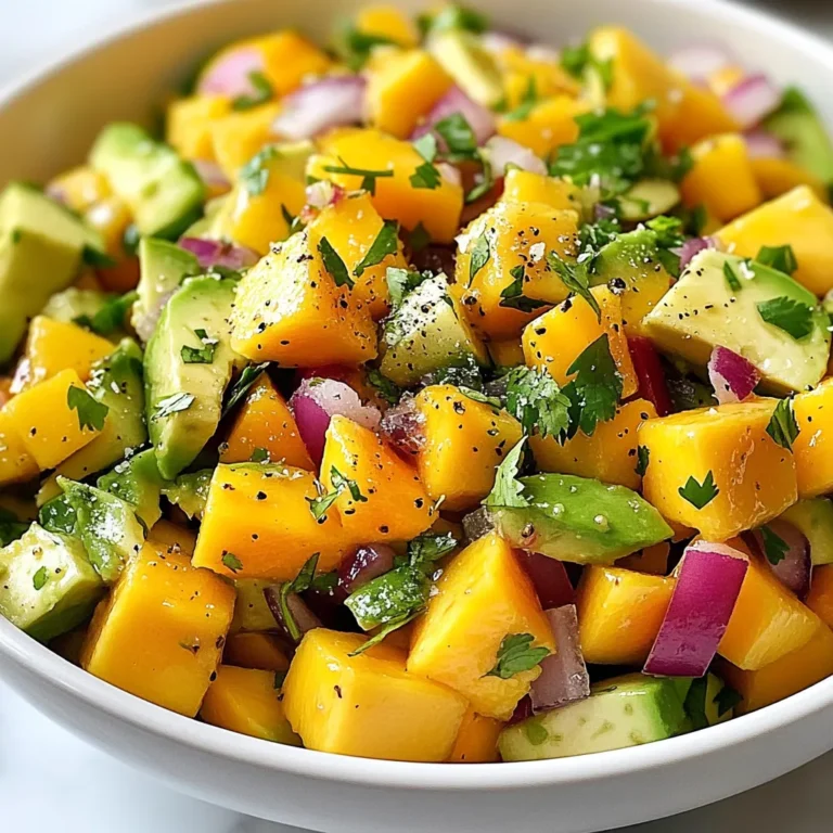 - Mango: Für die Salsa benötigen wir zwei reife Mangos. Die besten Mangos haben eine goldgelbe Farbe. Sie sollen leicht weich sein, wenn man sie drückt. Achten Sie darauf, dass sie aromatisch riechen. Das zeigt, dass sie reif sind. - Avocado: Auch hier sind zwei reife Avocados nötig. Eine gute Avocado hat eine grüne Haut und gibt leicht nach, wenn man sie drückt. Vermeiden Sie harte oder überreife Früchte. Diese können bitter oder matschig sein. - Weitere wichtige Zutaten: - 1 mittelgroße rote Zwiebel, fein gehackt - 1 rote Paprika, gewürfelt - 1 Jalapeño, entkernt und fein gehackt Die Zwiebel gibt der Salsa einen tollen Biss. Die rote Paprika bringt Farbe und Süße. Die Jalapeño fügt eine leichte Schärfe hinzu. Diese drei Zutaten machen die Salsa frisch und lecker. {{ingredient_image_2}} Zuerst würfeln Sie die reifen Mango und die Avocado. Wählen Sie frische, süße Mango für den besten Geschmack. Achten Sie darauf, die Avocado sanft zu schneiden, damit sie nicht zerdrückt. Als Nächstes hacken Sie die Zwiebel, die Paprika und die Jalapeño. Schneiden Sie die Zwiebel in feine Stücke, um einen sanften Geschmack zu erzielen. Die rote Paprika bringt Farbe und Süße in die Salsa. Die Jalapeño fügt eine leichte Schärfe hinzu. Jetzt bringen Sie alle Zutaten in einer großen Schüssel zusammen. Fügen Sie die Mango, Avocado, Zwiebel, Paprika und Jalapeño hinzu. Um das Aroma zu verstärken, geben Sie den frischen Koriander dazu. Gießen Sie dann den Limettensaft gleichmäßig über die Mischung. Der Limettensaft sorgt für Frische und hilft, die Farben lebendig zu halten. Würzen Sie die Salsa mit Salz und Pfeffer. Dies hebt den Geschmack der Zutaten hervor. Rühren Sie sanft um, um alles gut zu vermischen, ohne die Avocados zu zerdrücken. Lassen Sie die Salsa vor dem Servieren für etwa 10 bis 15 Minuten ruhen. So können sich die Aromen verbinden und intensivieren. Servieren Sie die Salsa in einer schönen Schüssel. Sie sieht toll aus mit frischen Korianderzweigen oder Limettenscheiben obendrauf. Genießen Sie sie mit Tortilla-Chips oder auf gegrilltem Hähnchen. - Überreife Zutaten erkennen: Wähle Mango und Avocado, die leicht nachgeben. Sie sollten nicht zu weich sein. Überreife Früchte schmälern den Geschmack und die Textur. Achte auf Flecken oder Druckstellen. Diese zeigen an, dass die Früchte nicht mehr frisch sind. - Zu starkes Rühren der Avocados vermeiden: Sei vorsichtig beim Mischen. Avocados zerdrücken schnell. Mische die Zutaten sanft, um die Stücke ganz zu lassen. So bleibt die Salsa knackig und sieht gut aus. - Vorschläge für zusätzliche Kräuter: Probier frischen Basilikum oder Minze. Diese Kräuter bringen eine neue Frische. Sie ergänzen die Süße der Mango und die Cremigkeit der Avocado. Ein bisschen frischer Oregano kann auch gut passen. - Optimale Gewürzmischungen: Verwende Limettenschale für mehr Frische. Ein Hauch von Kreuzkümmel gibt der Salsa Tiefe. Für etwas Schärfe füge mehr Jalapeño hinzu. Achte darauf, dass die Gewürze die anderen Aromen nicht überdecken. Pro Tipps Frische Zutaten verwenden: Verwenden Sie reife und frische Mango und Avocado für den besten Geschmack und die beste Textur. Limettensaft nicht vergessen: Der Limettensaft sorgt nicht nur für Geschmack, sondern hilft auch, dass die Avocados nicht braun werden. Würze anpassen: Probieren Sie die Salsa, bevor Sie sie servieren, und passen Sie die Gewürze nach Ihrem Geschmack an. Aromen verbinden lassen: Lassen Sie die Salsa vor dem Servieren etwa 10-15 Minuten ruhen, damit sich die Aromen optimal entfalten können. {{image_4}} Um die Mango Avocado Salsa noch spannender zu machen, können Sie zusätzliche Zutaten hinzufügen. Ananas bringt eine süße Note. Sie können auch Gurkenwürfel für zusätzliche Frische nutzen. Bohnen sind eine tolle Option für mehr Protein. Diese Zutaten machen die Salsa nahrhafter und bunter. Ein weiterer Tipp ist, alternative Zitrusfrüchte zu verwenden. Grapefruit oder Orange können neue Geschmäcker hinzufügen. Diese Früchte bringen eine erfrischende Säure in die Mischung. Salsa eignet sich perfekt als Dip. Servieren Sie sie mit knusprigen Tortilla-Chips. Jeder Biss wird ein Genuss. Eine andere Möglichkeit ist, die Salsa als Topping für Grillgerichte zu nutzen. Sie passt gut zu gegrilltem Hähnchen oder Fisch. Das frische Aroma hebt die Aromen der Speisen hervor. Probieren Sie es aus, um Ihre Grillabende aufzupeppen! Um die Frische deiner Mango-Avocado-Salsa zu erhalten, bewahre sie in einem luftdichten Behälter auf. Das schützt die Aromen und hält die Zutaten knackig. Du solltest die Salsa innerhalb von 2 bis 3 Tagen essen. Nach dieser Zeit könnte die Avocado braun werden. Wenn du die Salsa länger aufbewahren möchtest, kannst du sie einfrieren. Fülle die Salsa in einen gefrierfesten Behälter. Lass etwas Platz für die Ausdehnung. So bleibt die Salsa frisch. Die beste Verwendung nach dem Auftauen ist in der nächsten Woche. Achte darauf, sie im Kühlschrank aufzutauen, um die Textur zu bewahren. Mango Avocado Salsa bleibt frisch für etwa 2 bis 3 Tage im Kühlschrank. Die Avocado kann jedoch schnell braun werden. Um die Frische zu erhalten, bewahre die Salsa in einem luftdichten Behälter auf. Lege ein Stück Frischhaltefolie direkt auf die Salsa, um den Kontakt mit Luft zu minimieren. So bleibt die Farbe und der Geschmack länger erhalten. Ja, du kannst die Salsa im Voraus zubereiten. Es ist am besten, die Salsa einen Tag vorher zu machen. So haben die Aromen Zeit, sich zu vermischen. Mische alle Zutaten, außer die Avocado, bevor du die Salsa kühlst. Füge die Avocado erst kurz vor dem Servieren hinzu. So bleibt sie frisch und grün. Die Schärfe kann leicht angepasst werden. Die Jalapeño sorgt für eine milde Schärfe. Wenn du es schärfer magst, lass die Kerne dran oder füge mehr Jalapeño hinzu. Für weniger Schärfe kannst du die Jalapeño ganz weglassen. Alternativ kannst du süße Paprika verwenden. So bleibt die Salsa mild und fruchtig. Diese Anleitung zeigt dir, wie du eine köstliche Mango-Avocado-Salsa zubereitest. Du hast gelernt, welche Zutaten wichtig sind und wie du sie richtig vorbereitest. Ich hoffe, die Tipps helfen dir, häufige Fehler zu vermeiden. Vergiss nicht, die Salsa mit frischen Kräutern zu verfeinern und kreativ zu sein! Sie eignet sich bestens als Dip oder Topping. Mit diesen einfachen Schritten kannst du die perfekte Salsa zaubern, die jedem schmeckt. Viel Spaß beim Ausprobieren!