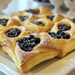 Für die perfekte Blueberry Cream Cheese Danish brauchst du einige Hauptzutaten: - 1 Blatt Blätterteig (aufgetaut) - 1 Tasse frische Heidelbeeren (oder gefrorene) - 115 g Frischkäse (weich) - 30 g Puderzucker - 1 Teelöffel Vanilleextrakt - 1 Ei (verquirlt, als Eigelb-Waschmittel) - Schale von 1 Zitrone - 1 Esslöffel Speisestärke - 1 Esslöffel Zitronensaft - 1 Esslöffel Kristallzucker (zum Bestreuen) Diese Zutaten sorgen für einen leckeren, fruchtigen Geschmack und eine tolle Textur. Wenn du etwas Abwechslung willst, probiere diese Alternativen: - Verwende andere Beeren wie Himbeeren oder Erdbeeren. - Nutze griechischen Joghurt anstelle von Frischkäse für weniger Fett. - Füge Nüsse hinzu, um einen Crunch zu schaffen. - Nutze Honig statt Puderzucker für einen anderen Süßungsgrad. Diese Alternativen bringen neue Geschmäcker und Texturen in dein Rezept. Achte darauf, frische Zutaten zu wählen. Hier sind einige Tipps: - Wähle Heidelbeeren, die fest und dunkelblau sind. - Der Frischkäse sollte weich und cremig sein, um gut zu mischen. - Verwende frischen Zitronensaft für den besten Geschmack. - Überprüfe das Haltbarkeitsdatum der Zutaten, besonders bei Frischkäse. Mit diesen Tipps wählst du die besten Zutaten für deine Danishes. {{ingredient_image_2}} Um die Heidelbeerfüllung zu machen, nimm einen kleinen Kochtopf. Gib die Heidelbeeren, den Zitronensaft, die Speisestärke und den Kristallzucker hinein. Stelle den Herd auf mittlere Hitze. Rühre die Mischung gut um. Lass sie etwa 5-7 Minuten kochen. Die Heidelbeeren sollten weich werden. Die Mischung dickt leicht ein. Nimm den Topf vom Herd und lass die Füllung abkühlen. Für die Frischkäsefüllung nimm eine Rührschüssel. Gib den weichen Frischkäse, Puderzucker, Vanilleextrakt und die Zitronenschale hinein. Rühre alles gut zusammen, bis die Mischung glatt und cremig ist. Stelle die Schüssel beiseite, während du den Blätterteig vorbereitest. Heize deinen Ofen auf 200°C vor. Nimm das aufgetaute Blatt Blätterteig und rolle es auf einer leicht bemehlten Fläche aus. Schneide den Teig in Quadrate von etwa 10x10 cm. In die Mitte jedes Quadrats gibst du einen Esslöffel der Frischkäsemischung. Darauf kommt ein Esslöffel der Heidelbeerfüllung. Falten die Ecken des Blätterteigs über der Füllung zusammen, um eine Rautenform zu machen. Drücke die Ecken gut zusammen, damit sie verschlossen sind. Bestreiche die Oberseiten leicht mit dem verquirlten Ei. Streue einen Hauch Kristallzucker über die Oberseiten. Der Zucker gibt den Danishes eine süße, knusprige Kruste. Backe die Danishes im vorgeheizten Ofen für 15-20 Minuten. Sie sollten goldbraun und blättrig sein. Lass die Danishes ein paar Minuten auf einem Kuchengitter abkühlen. Serviere sie warm und genieße den köstlichen Geschmack! Ein häufiger Fehler ist, die Heidelbeeren zu lange zu kochen. Sie sollten weich, aber nicht zerfallen sein. Achte darauf, den Zucker und Zitronensaft gut zu mischen, damit die Füllung nicht zu süß wird. Ein weiterer Fehler ist, den Blätterteig nicht genug zu kühlen. Wenn der Teig warm ist, wird er beim Backen nicht schön blättrig. Die Textur der Füllung ist wichtig. Der Frischkäse muss weich sein. Rühre ihn gut mit dem Puderzucker und dem Vanilleextrakt. So wird die Mischung cremig. Die Heidelbeerfüllung sollte dickflüssig, aber noch leicht sein. Speisestärke hilft dabei, die perfekte Konsistenz zu erreichen. Um Zeit zu sparen, bereite die Füllungen vor. Du kannst die Heidelbeerfüllung im Voraus machen und im Kühlschrank aufbewahren. Der Blätterteig kann ebenfalls vorbereitet werden. Halte ihn bis zur Verwendung im Kühlschrank. So hast du alles bereit, wenn du die Danishes backen möchtest. Pro Tipps Blätterteig richtig behandeln: Achten Sie darauf, den Blätterteig nicht zu überarbeiten, da dies die Schichten beeinträchtigen kann. Arbeiten Sie schnell und halten Sie ihn kühl, um die beste Textur zu erreichen. Frische Heidelbeeren verwenden: Wenn möglich, verwenden Sie frische Heidelbeeren für einen besseren Geschmack und eine schönere Textur. Gefrorene Beeren können mehr Flüssigkeit abgeben, was die Füllung wässrig machen kann. Variationen der Füllungen: Experimentieren Sie mit verschiedenen Früchten wie Himbeeren oder Äpfeln oder fügen Sie etwas Zimt zu der Frischkäsemischung hinzu, um neue Geschmacksrichtungen zu kreieren. Perfekte Backzeit: Behalten Sie die Danishes während des Backens im Auge, da die Backzeit je nach Ofen variieren kann. Sie sollten goldbraun und blättrig sein, bevor Sie sie herausnehmen. {{image_4}} Wenn du etwas Neues probieren möchtest, gibt es viele Füllungen für deine Danishes. Anstelle von Heidelbeeren kannst du Erdbeeren, Himbeeren oder Äpfel verwenden. Die Zubereitung bleibt gleich. Du kannst auch Nüsse oder Schokolade hinzufügen. Denke daran, die Süße je nach Obst anzupassen. Toppings machen deine Danishes noch leckerer. Du kannst sie mit frischen Früchten, Puderzucker oder einer Glasur aus Puderzucker und Wasser garnieren. Ein Spritzer Zitrone gibt einen frischen Kick. Experimentiere mit verschiedenen Toppings für mehr Abwechslung. Wenn du glutenfrei kochen möchtest, nutze glutenfreien Blätterteig. Achte darauf, dass die anderen Zutaten auch glutenfrei sind. Diese Option schmeckt genauso gut und ist für alle geeignet. So können alle die Danishes genießen, ohne sich Sorgen zu machen. Um die Frische der Blueberry Cream Cheese Danishes zu bewahren, lagern Sie sie in einem luftdichten Behälter. So bleiben sie weich und lecker. Achten Sie darauf, die Danishes nicht zu lange offen stehen zu lassen. Die Luft kann sie austrocknen und die Textur beeinflussen. Die Danishes können bis zu drei Tage im Kühlschrank aufbewahrt werden. Legen Sie sie in einen Behälter mit Deckel. Vor dem Servieren können Sie die Danishes kurz im Ofen aufwärmen. So werden sie wieder schön knusprig. Wenn Sie die Danishes länger aufbewahren möchten, frieren Sie sie ein. Wickeln Sie sie einzeln in Frischhaltefolie und legen Sie sie in einen Gefrierbeutel. Sie bleiben bis zu drei Monate frisch. Zum Auftauen legen Sie sie einfach über Nacht in den Kühlschrank. Erwärmen Sie sie dann im Ofen für die beste Textur. Die Danishes sind in einem luftdichten Behälter bis zu drei Tage haltbar. Nach dem Backen sollten sie abkühlen, bevor sie gelagert werden. Im Kühlschrank bleiben sie frisch, aber die Textur kann weicher werden. Wenn du die knusprige Kruste magst, genieße sie frisch. Ja, du kannst die Füllung im Voraus zubereiten. Die Heidelbeer- und Frischkäsefüllungen lassen sich gut im Kühlschrank aufbewahren. Bereite sie bis zu zwei Tage vorher vor. Achte darauf, sie in einem luftdichten Behälter zu lagern. So sparst du Zeit, wenn du die Danishes backen möchtest. Für die perfekte Beilage empfehle ich frisches Obst oder eine Kugel Vanilleeis. Auch eine Tasse Kaffee oder Tee passt hervorragend dazu. Du kannst die Danishes auch mit etwas Puderzucker bestreuen oder mit Schlagsahne servieren. So machst du dein Frühstück noch leckerer! Um es zusammenzufassen: Wir haben die besten Zutaten für Blueberry Cream Cheese Danish besprochen. Ich habe viele Tipps gegeben, wie Sie häufige Fehler vermeiden und die perfekte Textur erreichen. Außerdem gab es Ideen für Variationen, wie andere Füllungen und glutenfreie Optionen. Diese Danishes sind einfach und lecker. Sie eignen sich toll für jede Gelegenheit. Mit der richtigen Lagerung bleiben sie frisch. Probieren Sie diese Rezepte und genießen Sie die Vielfalt!