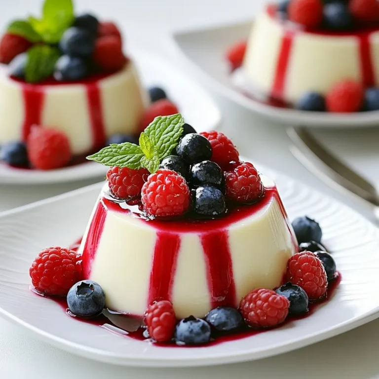 Für die Panna Cotta benötigst du diese Zutaten: - 2 Tassen Schlagsahne - 1 Tasse Vollmilch - 1/2 Tasse Zucker - 1 Vanilleschote (aufgeschnitten und das Mark herausgeschabt) - 2 1/2 Teelöffel Gelatinepulver - 3 Esslöffel kaltes Wasser - Eine Prise Salz Diese Zutaten bilden die Basis für eine cremige, köstliche Panna Cotta. Die Kombination aus Sahne und Milch gibt einen reichhaltigen Geschmack. Die Vanilleschote sorgt für das besondere Aroma. Für die Beerensauce brauchst du: - 2 Tassen gemischte Beeren (Erdbeeren, Heidelbeeren, Himbeeren) - 2 Esslöffel Honig - 1 Esslöffel Zitronensaft Die Beeren bringen Frische und eine fruchtige Süße in dein Dessert. Honig verstärkt den Geschmack der Beeren. Zitronensaft sorgt für einen kleinen, aber wichtigen Säurekick. Du kannst die Zutaten nach deinem Geschmack anpassen. Wenn du eine andere Süße willst, nimm Agavendicksaft oder Ahornsirup. Für die Beeren kannst du auch andere Sorten wie Brombeeren oder Kirschen verwenden. Experimentiere mit verschiedenen Aromen, wie etwa einer Prise Zimt oder einer anderen Frucht. So machst du das Rezept einzigartig. {{ingredient_image_2}} Um die Panna Cotta zuzubereiten, beginne mit einem mittelgroßen Topf. Vermenge darin die Schlagsahne, Vollmilch, Zucker und das Vanillemark. Wärme die Mischung bei mittlerer Hitze, bis sie heiß ist, aber nicht kocht. Rühre dabei um, damit sich der Zucker auflöst. Nimm den Topf vom Herd und lasse die Mischung 15 Minuten ziehen. So entfalten sich die Aromen gut. In einer kleinen Schüssel streue das Gelatinepulver gleichmäßig über das kalte Wasser. Lass es 5 Minuten quellen, bis es fest wird. Entferne die Vanilleschote aus der Sahnemischung und werfe sie weg. Rühre die aufgequollene Gelatine in die Mischung, bis sie sich vollständig auflöst. Füge eine Prise Salz hinzu und vermenge alles gut. Teile die Mischung gleichmäßig auf 6 Ramekins oder kleine Schälchen auf. Decke sie mit Frischhaltefolie ab und stelle sie mindestens 4 Stunden in den Kühlschrank, bis sie fest ist. Während die Panna Cotta im Kühlschrank ist, kannst du die Beerensauce zubereiten. Nimm einen kleinen Topf und kombiniere die gemischten Beeren, Honig und den Zitronensaft. Koche die Mischung bei mittlerer Hitze für 5 bis 7 Minuten. Die Beeren sollten weich werden und ihren Saft abgeben. Nimm den Topf vom Herd und lasse die Sauce abkühlen. Sobald die Panna Cotta fest geworden ist, kannst du sie servieren. Nimm ein Messer und fahre vorsichtig entlang des Randes jedes Ramekins. So löst du die Panna Cotta. Schüttle die Ramekins leicht, während du sie auf Servierteller stürzt. Ein Löffel Beerensauce über die Panna Cotta gibt einen tollen Geschmack. Garniere sie nach Belieben mit frischen Beeren. Für eine schöne Präsentation kannst du einen Zweig frischer Minze hinzufügen. Um die perfekte Konsistenz für deine Panna Cotta zu erreichen, ist die richtige Gelatinemenge wichtig. Zu viel Gelatine macht die Panna Cotta fest, zu wenig macht sie wässrig. Ich empfehle 2 1/2 Teelöffel, wie im Rezept. Achte darauf, die Mischung langsam zu erwärmen. So bleiben die Aromen stark. Lass die Mischung nach dem Kochen für 15 Minuten ziehen. Diese Zeit hilft, die Aromen zu intensivieren. Schließlich kühle die Panna Cotta mindestens vier Stunden. So erhält sie die gewünschte Cremigkeit. Für dieses Rezept verwende ich Gelatinepulver. Du kannst auch Blattgelatine verwenden. Wenn du Blattgelatine verwendest, weiche sie in kaltem Wasser ein, bevor du sie hinzufügst. Achte darauf, dass die Gelatine ganz aufgelöst ist, wenn du sie in die Mischung gibst. Das sorgt für eine glatte Textur. Wenn du die Gelatine gut in die Mischung einarbeitest, wird deine Panna Cotta schön fest und cremig. Es gibt viele Möglichkeiten, den Geschmack deiner Panna Cotta zu variieren. Du kannst zum Beispiel andere Aromen hinzufügen. Probiere etwas Karamell oder Schokolade für eine andere Note. Auch Zitrusfrüchte wie Limette oder Orange passen gut. Für eine exotische Note füge etwas Kokosnussmilch hinzu. Achte darauf, die Zucker Menge anzupassen, wenn du neue Aromen hinzufügst. Das macht die Panna Cotta noch spannender und leckerer! Pro Tipps Die richtige Gelatine verwenden: Achte darauf, dass du hochwertiges Gelatinepulver verwendest, um die beste Textur für deine Panna Cotta zu erzielen. Die Mischung abkühlen lassen: Lass die Sahnemischung nach dem Kochen etwas abkühlen, bevor du die Gelatine hinzufügst. So verhinderst du, dass die Gelatine ihre Wirkung verliert. Variationen ausprobieren: Experimentiere mit verschiedenen Aromen, indem du statt Vanille z.B. Karamell oder Zitrusfrüchte verwendest, um neue Geschmacksrichtungen zu kreieren. Perfekte Serviertemperatur: Serviere die Panna Cotta leicht gekühlt, aber nicht zu kalt, um das volle Aroma und die cremige Textur zu genießen. {{image_4}} Wenn du die Beerensauce ändern möchtest, gibt es viele Optionen. Du kannst auch andere Früchte nutzen. Zum Beispiel passen Kirschen oder Pfirsiche gut zur Panna Cotta. Ein einfaches Rezept könnte aus pürierten Kirschen, Zucker und etwas Zitronensaft bestehen. Probier auch eine Mischung aus tropischen Früchten. Mango oder Ananas geben einen frischen Geschmack. Die Panna Cotta lässt sich leicht anpassen. Wenn du keine Vanille magst, probiere andere Aromen. Schokolade ist eine beliebte Wahl. Füge geschmolzene Schokolade in die Sahnemischung hinzu, um eine schokoladige Panna Cotta zu machen. Auch Kaffee oder Matcha sind interessante Optionen. Diese Aromen bringen Abwechslung auf den Tisch. Um die Panna Cotta besonders zu präsentieren, kannst du sie auf eleganten Tellern anrichten. Ein Zweig frischer Minze macht das Dessert noch schöner. Du kannst auch essbare Blumen verwenden. Sie sehen toll aus und schmecken gut. Für Feiern serviere die Panna Cotta in kleinen Gläsern. Das macht sie noch ansprechender und perfekt für jeden Anlass. Die Panna Cotta ist ein zartes Dessert. Du solltest sie im Kühlschrank aufbewahren. Lege die Ramekins einfach in den Kühlschrank. Decke sie mit Frischhaltefolie ab. So bleibt die Panna Cotta frisch und lecker. Im Kühlschrank hält die Panna Cotta bis zu fünf Tage. Achte darauf, dass sie gut abgedeckt ist. Wenn du sie länger aufbewahren möchtest, friere sie ein. Beachte, dass die Textur sich leicht ändern kann. Wenn du die Panna Cotta wieder aufwärmen möchtest, mache es sanft. Erhitze sie in der Mikrowelle bei niedriger Leistung. Das hilft, die Struktur zu bewahren. Du kannst auch frische Beeren oder neue Saucen hinzufügen. Das bringt neuen Geschmack. Die Panna Cotta braucht mindestens 4 Stunden im Kühlschrank, um fest zu werden. Ich empfehle, sie über Nacht stehen zu lassen. So wird sie perfekt fest und hat die richtige Konsistenz. Wenn du ungeduldig bist, kannst du sie nach 4 Stunden testen. Sie sollte fest, aber noch leicht wackelig sein. Ja, du kannst frische Sahne durch eine pflanzliche Alternative ersetzen. Ich empfehle, Kokoscreme oder Sojasahne zu verwenden. Diese Optionen geben der Panna Cotta einen feinen Geschmack. Achte darauf, dass die pflanzliche Sahne gut aufschäumt. So erhältst du die gewünschte Konsistenz. Die Beerensauce ist sehr anpassungsfähig. Du kannst verschiedene Beeren verwenden, wie Brombeeren oder Kirschen. Wenn du einen intensiveren Geschmack möchtest, füge einen Schuss Likör hinzu. Auch Kräuter wie Minze oder Basilikum passen gut dazu. Experimentiere mit der Süße, indem du mehr oder weniger Honig hinzufügst. Panna Cotta ist ein einfaches, leckeres Dessert. Du hast die Hauptzutaten und die Beerensauce gelernt. Ich habe auch Tipps gegeben, wie du die perfekte Konsistenz erreichst. Variationen für besondere Anlässe machen es noch spannender. Achte auf die Aufbewahrung, damit sie frisch bleibt. Denke daran, dass Panna Cotta Spaß macht. Probiere verschiedene Aromen und Saucen. So machst du es einzigartig. Viel Spaß beim Ausprobieren!