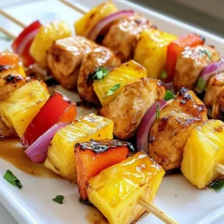 - 450 g Hähnchenbrust, in 2,5 cm große Würfel geschnitten - 1 Tasse frische Ananas, in 2,5 cm große Würfel geschnitten - 1 Paprika (rot oder gelb), in 2,5 cm große Stücke geschnitten - 1/2 rote Zwiebel, in Spalten geschnitten Die Hauptzutaten sind einfach zu finden. Frisches Hähnchen bringt viel Geschmack mit. Ananas fügt eine süße Note hinzu. Paprika bringt Farbe und Knackigkeit in die Spieße. Rote Zwiebel sorgt für einen tollen Biss. Diese Zutaten ergeben zusammen eine köstliche Kombination. - 60 ml Sojasoße - 60 ml Honig - 30 ml Reisessig - 1 Esslöffel frisch geriebener Ingwer - 2 Knoblauchzehen, fein gehackt - 1 Esslöffel Sesamöl Die Marinade ist der Schlüssel zu guten Aromen. Sojasoße gibt den salzigen Geschmack. Honig bringt eine süße Note. Reisessig sorgt für die Säure. Ingwer und Knoblauch geben eine würzige Tiefe. Sesamöl rundet alles ab und gibt ein nussiges Aroma. Diese Marinade macht das Hähnchen zart und saftig. - Salz und Pfeffer - Spieße (Holz oder Metall) Salz und Pfeffer sind wichtig, um den Geschmack zu verstärken. Wählen Sie Holzspieße für den Grill. Wenn Sie Metallspieße verwenden, brauchen Sie kein Einweichen. Diese kleinen Details helfen, die besten Spieße zu machen. {{ingredient_image_2}} Um die Marinade zu machen, nehme eine Schüssel. Füge 60 ml Sojasoße, 60 ml Honig, 30 ml Reisessig, einen Esslöffel frisch geriebenen Ingwer, zwei fein gehackte Knoblauchzehen und einen Esslöffel Sesamöl hinzu. Rühre alles gut um. Diese Mischung wird den Spießen einen tollen Geschmack geben. Jetzt ist es Zeit für das Hähnchen. Schneide 450 g Hähnchenbrust in 2,5 cm große Würfel. Gib die Hähnchenwürfel in die Marinade. Stelle sicher, dass jedes Stück gut bedeckt ist. Decke die Schüssel ab und stelle sie für mindestens 30 Minuten in den Kühlschrank. Du kannst das Hähnchen auch bis zu zwei Stunden marinieren. So wird der Geschmack intensiver. Während das Hähnchen mariniert, bereite die Spieße vor. Wenn du Holzspieße verwendest, weiche sie 30 Minuten in Wasser ein. Das verhindert, dass sie beim Grillen verbrennen. Nach dem Einweichen sind die Spieße bereit für die Zutaten. Stecke abwechselnd das marinierte Hähnchen, frische Ananas, Paprika und rote Zwiebel auf die Spieße. Heize den Grill auf mittelhohe Hitze vor. Sobald der Grill heiß ist, lege die Spieße darauf. Lasse sie für 10 bis 12 Minuten grillen. Wende die Spieße gelegentlich. Das Hähnchen sollte gut durchgegart sein und eine schöne Grillmarkierung haben. Die Innentemperatur des Hähnchens sollte 75°C erreichen. Wenn du magst, kannst du in den letzten Minuten etwas von der übrigen Marinade auf die Spieße pinseln, um mehr Geschmack zu bekommen. Um den besten Geschmack zu bekommen, marinieren Sie das Hähnchen für mindestens 30 Minuten. Wenn Sie mehr Zeit haben, lassen Sie es bis zu 2 Stunden im Kühlschrank. So zieht die Marinade besser ein und das Hähnchen wird saftiger. Die Mischung aus Sojasoße, Honig und Ingwer gibt dem Fleisch einen süßen und herzhaften Geschmack. Achten Sie darauf, den Grill auf mittelhohe Hitze vorzuheizen. Eine gute Temperatur hilft, das Hähnchen gleichmäßig zu garen. Wenden Sie die Spieße regelmäßig, damit sie nicht anbrennen. Überprüfen Sie die Innentemperatur des Hähnchens. Sie sollte 75°C erreichen. So ist das Hähnchen perfekt durchgegart. Servieren Sie die Spieße auf einem großen Teller. Garnieren Sie sie mit frischen Korianderblättern. Eine weitere Ananas- oder Paprikascheibe macht das Gericht bunt und einladend. Das Auge isst mit! Profi Tipps Marinieren für mehr Geschmack: Lassen Sie das Hähnchen mindestens 30 Minuten, idealerweise bis zu 2 Stunden marinieren, um die Aromen optimal aufzunehmen. Spieße einweichen: Wenn Sie Holzspieße verwenden, weichen Sie diese 30 Minuten in Wasser ein, um ein Verbrennen beim Grillen zu verhindern. Grilltemperatur überprüfen: Stellen Sie sicher, dass der Grill auf mittelhohe Hitze vorgeheizt ist, um eine gleichmäßige Garung und schöne Grillmarkierungen zu erzielen. Zusätzlicher Geschmack: Pinseln Sie die Spieße in den letzten Minuten des Grillens mit etwas übrig gebliebener Marinade, um den Geschmack zu intensivieren. {{image_4}} Du kannst Tofu oder Gemüse verwenden, um die Spieße vegetarisch zu machen. Tofu bietet eine tolle Textur und nimmt die Marinade gut auf. Schneide den Tofu in gleichmäßige Würfel, ähnlich wie das Hähnchen. Zucchini, Auberginen oder Pilze sind ebenfalls gute Optionen. Du kannst auch eine Mischung aus Gemüse für mehr Farbe und Geschmack verwenden. Wenn du Spaß am Experimentieren hast, probiere verschiedene Marinaden. Eine süße BBQ-Sauce kann eine neue Note bringen. Du kannst auch eine scharfe Chilipaste hinzufügen, um etwas Würze zu bekommen. Diese Variationen machen die Spieße besonders und spannend. Du kannst sogar eine Honig-Senf-Marinade ausprobieren für einen anderen Geschmack. Zu den Spießen passen viele Beilagen. Reis mit Kokosmilch ist eine gute Wahl. Es ergänzt die süßen und salzigen Aromen der Spieße. Eine frische Salatbeilage ist ebenfalls lecker. Du kannst auch gegrilltes Gemüse als Beilage servieren. Denke an Maiskolben oder einen bunten Gemüsesalat. Diese Kombinationen machen dein Gericht rundum perfekt. Du kannst die Spieße im Kühlschrank oder in der Gefriertruhe aufbewahren. Wenn du sie im Kühlschrank lagerst, lege sie in einen luftdichten Behälter. So bleiben sie frisch. Du kannst die Spieße bis zu drei Tage im Kühlschrank aufbewahren. Für längere Haltbarkeit lege sie in die Gefriertruhe. Sie halten bis zu drei Monate dort. Mit übrig gebliebenen Spießen kannst du viele leckere Gerichte zaubern. Hier sind ein paar Ideen: - Mache einen bunten Salat mit den Hähnchenspießen und frischem Gemüse. - Schneide die Spieße klein und füge sie zu einem Wrap hinzu. - Verwende die Reste in einem Reisgericht oder einer Pfanne. Die Spieße sind frisch, solange sie richtig gelagert werden. Im Kühlschrank sind sie bis zu drei Tage genießbar. In der Gefriertruhe bleiben sie bis zu drei Monate gut. Überprüfe immer, ob sie noch frisch riechen oder aussehen, bevor du sie isst. Die optimale Marinierzeit für Hähnchen ist mindestens 30 Minuten. Du kannst es auch bis zu 2 Stunden marinieren, wenn du einen intensiveren Geschmack möchtest. Je länger das Hähnchen in der Marinade ist, desto mehr Aromen nimmt es auf. Achte darauf, es gut abzudecken, damit die Marinade nicht austrocknet. Ja, du kannst die Spieße auch im Ofen zubereiten. Lege die Spieße auf ein Backblech und grille sie im Ofen bei 200 Grad Celsius. Drehe sie nach der Hälfte der Garzeit, damit sie gleichmäßig garen. Diese Methode ist einfach und funktioniert gut, wenn du keinen Grill hast. Teriyaki-Sauce kann vegan sein, aber das hängt von den Zutaten ab. Viele Rezepte verwenden Honig, der nicht vegan ist. Wenn du eine vegane Variante suchst, nutze Agavendicksaft oder einen anderen Süßstoff. Prüfe auch die Zutatenlisten auf Sojasauce, die oft vegan ist. Zusammenfassend haben wir die besten Zutaten für köstliche Hähnchenspieße erkundet. Wir haben die Marinade, den Grillprozess und nützliche Tipps behandelt. Variationen, Vegetarisches und Aufbewahrungsempfehlungen helfen dir, Abwechslung in deine Küche zu bringen. Du kannst die Reste kreativ verwenden und lange Freude an deinen Spießen haben. Nutze diese Tipps, um schmackhafte Gerichte zu zaubern und deine Gäste zu beeindrucken. Mit der richtigen Technik wird jedes Grillfest zum Erfolg!