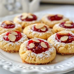 Für diese köstlichen Kekse benötigst du: - 1 Tasse ungesalzene Butter, weich - 1 Tasse Kristallzucker - 1 großes Ei - 1 Teelöffel Vanilleextrakt - 3 Tassen Weizenmehl - ½ Teelöffel Backpulver - ½ Teelöffel Salz - ½ Tasse Mandelmehl - ½ Tasse Himbeermarmelade - Geröstete Mandelblättchen zur Dekoration Diese Zutaten sind einfach zu finden und machen die Kekse besonders lecker. Die Butter sollte weich sein. Das hilft, eine luftige Mischung zu bekommen. Kristallzucker sorgt für die richtige Süße. Das Ei bindet die Zutaten und macht den Teig geschmeidig. Vanilleextrakt fügt einen tollen Geschmack hinzu. Das Weizenmehl gibt Struktur. Das Backpulver lässt die Kekse schön aufgehen. Salz verstärkt die Aromen. Mandelmehl bringt einen nussigen Geschmack und eine feine Textur. Himbeermarmelade gibt den Keksen einen fruchtigen Kick und die Mandelblättchen sorgen für den letzten Schliff. Wenn du Allergien hast, gibt es Alternativen. Du kannst die Butter durch Kokosöl ersetzen. Nutze dann die gleiche Menge. Für das Ei kannst du eine Banane oder Apfelmus verwenden. Ein Esslöffel Apfelmus ist ein guter Ersatz. Wenn du Gluten vermeiden möchtest, probiere glutenfreies Mehl. Für die Himbeermarmelade kannst du auch andere Fruchtaufstriche verwenden, wie Erdbeer- oder Aprikosenmarmelade. Nüsse sind oft ein Problem. Verwende Sonnenblumenkerne oder Kürbiskerne, wenn du Nüsse nicht essen kannst. So kannst du trotzdem leckere Kekse genießen! {{ingredient_image_2}} Heize deinen Ofen auf 175 °C vor. Lege zwei Backbleche mit Backpapier aus. Das Backpapier hilft, die Kekse nicht festzukleben. So bleiben sie schön und rund. Nimm eine große Rührschüssel. Gib die weiche Butter und den Kristallzucker hinein. Mit einem Handmixer oder einer Küchenmaschine rührst du, bis die Mischung leicht und luftig wird. Das dauert etwa zwei Minuten. Füge dann das Ei und den Vanilleextrakt hinzu. Mische alles gut durch, bis es gleichmäßig aussieht. In einer separaten Schüssel vermischst du das Weizenmehl, Backpulver, Salz und Mandelmehl. Rühre die trockenen Zutaten dann nach und nach in die feuchte Mischung ein. Nutze einen Holzlöffel oder eine Teigklinge. Rühre weiter, bis ein weicher Teig entsteht. Es ist wichtig, nicht zu lange zu mixen. Jetzt formst du kleine Kugeln aus dem Teig. Jede Kugel sollte etwa 2,5 cm im Durchmesser sein. Setze die Kugeln gleichmäßig auf die Backbleche. Drücke mit deinem Daumen oder einem kleinen Löffel eine Vertiefung in jede Kugel. Fülle diese Vertiefungen mit etwa ½ Teelöffel Himbeermarmelade. Für einen schönen Look kannst du einige Mandelblättchen um die Marmelade andrücken. Backe die Kekse 12 bis 15 Minuten. Die Ränder sollten leicht goldbraun sein. Nimm die Kekse aus dem Ofen und lasse sie einige Minuten auf den Blechen abkühlen. Danach kannst du sie auf ein Kuchengitter legen, um vollständig abzukühlen. So bleiben sie knusprig und lecker. Der Teig ist der Schlüssel zu tollen Keksen. Achte darauf, dass die Butter weich ist. Dies hilft, eine luftige Mischung zu kreieren. Rühre die Butter und den Zucker gut zusammen. Dies gibt den Keksen eine tolle Textur. Mische die trockenen Zutaten gut. So vermeidest du Klumpen im Teig. Wenn du alles gut vermischt, wird der Teig schön geschmeidig. Heize den Ofen immer zuerst auf 175 °C vor. Verwende Backpapier, um ein Ankleben der Kekse zu verhindern. Achte darauf, die Kekse gleichmäßig auf dem Blech zu verteilen. Lass genug Platz zwischen den Keksen, damit sie beim Backen nicht zusammenkleben. Kontrolliere die Kekse nach 12 Minuten. Sie sollten leicht goldbraun sein. Lass sie ein paar Minuten auf dem Blech ruhen, bevor du sie umlegst. Die Präsentation macht einen großen Unterschied. Arrangiere die Kekse auf einem schönen Teller. Bestreue sie leicht mit Puderzucker für einen eleganten Look. Frische Himbeeren sind ein toller Akzent. Du kannst auch die Mandelblättchen um die Marmelade anbringen. Dies sieht nicht nur gut aus, sondern gibt auch einen extra Crunch! Pro Tipps Butter richtig weich: Stelle sicher, dass die Butter Zimmertemperatur hat, bevor du sie mit dem Zucker vermischst, damit die Kekse schön luftig werden. Teig nicht übermischen: Rühre die trockenen Zutaten nur so lange unter, bis sie gerade vermischt sind, um zähe Kekse zu vermeiden. Backzeit im Auge behalten: Die Kekse sollten leicht goldbraun an den Rändern sein; nimm sie rechtzeitig aus dem Ofen, um eine perfekte Konsistenz zu erreichen. Variationen ausprobieren: Experimentiere mit verschiedenen Marmeladensorten oder Nüssen, um deinem Keksrezept eine persönliche Note zu verleihen. {{image_4}} Wenn du auf Gluten verzichten möchtest, kannst du das Weizenmehl ersetzen. Nutze einfach eine glutenfreie Mehlmischung. Diese Mischungen bestehen oft aus Reis- und Kartoffelmehl. Achte darauf, dass das Mehl gut bindet. So bleiben die Kekse weich und lecker. Himbeermarmelade ist toll, aber du kannst auch andere Füllungen ausprobieren. Nutze Erdbeermarmelade für einen süßen Geschmack oder Aprikosenmarmelade für einen fruchtigen Twist. Nutella passt auch gut. So variierst du den Geschmack und bleibst kreativ. Mandelmehl gibt den Keksen einen tollen Geschmack. Du kannst aber auch andere Nüsse verwenden. Walnüsse oder Haselnüsse bringen neue Aromen. Hacke sie grob und mische sie in den Teig. So wird jeder Keks einzigartig. Probier es aus und finde deine Lieblingskombination! Um die Himbeer-Mandel-Daumenprint-Kekse frisch zu halten, lagere sie in einem luftdichten Behälter. Du kannst einen Keksbehälter oder eine Glasdose verwenden. Achte darauf, dass die Kekse vollständig abgekühlt sind, bevor du sie wegpackst. So vermeidest du Feuchtigkeit, die die Kekse weich machen könnte. Bei Raumtemperatur bleiben die Kekse etwa eine Woche frisch. Stelle sicher, dass sie kühl und trocken sind. Im Kühlschrank halten sie sich bis zu zwei Wochen. Der Kühlschrank kann die Kekse etwas fester machen, aber sie schmecken immer noch lecker. Wenn die Kekse nach ein paar Tagen etwas trocken sind, kannst du sie einfach aufbacken. Heize deinen Ofen auf 150 °C vor. Lege die Kekse für zwei bis drei Minuten in den Ofen. So werden sie wieder warm und weich. Du kannst auch ein feuchtes Papiertuch in den Behälter legen, um die Kekse wieder frisch zu halten. Daumenprint-Kekse sind kleine, weiche Kekse mit einer besonderen Vertiefung. Diese Vertiefung füllt man meist mit Marmelade. In diesem Rezept verwenden wir Himbeermarmelade und Mandelmehl. Dadurch bekommen die Kekse einen tollen Geschmack. Die Form erinnert an einen Daumenabdruck, was den Keksen ihren Namen gibt. Sie sind perfekt für jeden Anlass und einfach zu machen. Ja, du kannst die Kekse im Voraus backen. Sie bleiben frisch, wenn du sie richtig lagerst. Backe sie einfach und lasse sie abkühlen. Danach kannst du sie in einem luftdichten Behälter aufbewahren. So haben sie eine gute Haltbarkeit von bis zu einer Woche. Wenn du für eine Feier backst, ist dies eine super Idee! Um die Kekse weniger süß zu machen, reduziere den Zucker. Du kannst den Kristallzucker um ein Drittel verringern. Eine weitere Möglichkeit ist, die Marmelade mit weniger Zucker zu wählen. Suche nach einer zuckerfreien oder zuckerreduzierten Marmelade. So behältst du den guten Geschmack, aber mit weniger Süße. Ja, diese Kekse eignen sich gut zum Einfrieren. Stelle sicher, dass sie ganz abgekühlt sind. Lege sie in einen Gefrierbeutel oder Behälter. Du kannst sie bis zu drei Monate einfrieren. Wenn du sie essen möchtest, lasse sie einfach bei Raumtemperatur auftauen. So bleiben sie frisch und lecker! Zusammenfassend haben wir die wichtigsten Zutaten für Himbeer-Mandel-Daumenprint-Kekse betrachtet. Wir haben gelernt, wie man die Kekse Schritt für Schritt zubereitet und erhalten hilfreiche Backtipps. Variationen, wie glutenfreie Optionen und alternative Füllungen, bieten viele kreative Möglichkeiten. Auch die richtige Lagerung und Haltbarkeit haben wir thematisiert. Ich hoffe, du findest Freude beim Backen dieser leckeren Kekse! Experimentiere ruhig mit den Zutaten und genieße das Ergebnis.