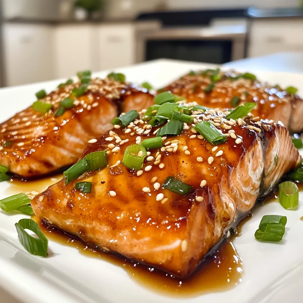 Für dieses köstliche Gericht benötigen Sie: - 4 Lachsfilets (je etwa 170 g) - 60 ml Sojasauce (am besten mit niedrigem Natriumgehalt) - 30 ml Honig oder Ahornsirup - 30 ml Reisessig - 10 ml Sesamöl - 1 Esslöffel frischer Ingwer, gerieben - 2 Knoblauchzehen, zerdrückt - 1 Esslöffel Maisstärke - 15 ml Wasser - 1 Esslöffel Sesamsamen (zum Garnieren) - Gehackte Frühlingszwiebeln (zum Garnieren) Um Teriyaki Glasierten Lachs zuzubereiten, brauchen Sie: - Eine große Schüssel - Einen Schneebesen - Ein Backblech - Backpapier - Ein kleiner Topf - Eine separate Schüssel für die Maisstärke Um den besten Geschmack zu erzielen, beachten Sie folgende Punkte: - Wählen Sie frische Lachsfilets, die fest und glänzend sind. - Verwenden Sie Sojasauce mit niedrigem Natriumgehalt, um den Salzgehalt zu reduzieren. - Achten Sie darauf, frischen Ingwer und Knoblauch zu verwenden. Sie geben mehr Aroma als getrocknete Varianten. - Sesamöl sollte von guter Qualität sein, da es das Gericht bereichert. - Wenn Sie Honig verwenden, wählen Sie eine Sorte ohne Zusatzstoffe, um die Reinheit zu gewährleisten. Mit diesen Zutaten und Tipps wird Ihr Teriyaki Glasierten Lachs ein Hit! {{ingredient_image_2}} Um den Lachs richtig zu marinieren, mische zuerst die Zutaten. Nimm eine Schüssel und gebe die Sojasauce, den Honig oder Ahornsirup, den Reisessig, das Sesamöl, den geriebenen Ingwer und den zerdrückten Knoblauch hinein. Rühre alles gut mit einem Schneebesen. Lege die Lachsfilets in eine flache Schale. Gieße die Marinade gleichmäßig über die Filets. Decke die Schale ab und stelle sie für mindestens 30 Minuten in den Kühlschrank. So nimmt der Lachs die köstlichen Aromen auf. Heize deinen Ofen auf 200 °C vor. Während der Ofen aufheizt, nimm die Lachsfilets aus der Marinade. Gieße die restliche Marinade in einen kleinen Topf und bringe sie bei mittlerer Hitze zum Kochen. In einer separaten Schüssel rühre die Maisstärke mit Wasser glatt. Gib diese Mischung in die kochende Marinade, um sie zu verdicken. Koche alles 1-2 Minuten weiter, bis die Marinade die Rückseite eines Löffels überzieht. Lege die Lachsfilets mit der Hautseite nach unten auf ein mit Backpapier ausgelegtes Blech. Bestreiche die Filets großzügig mit der eingedickten Marinade. Backe den Lachs 12-15 Minuten lang. Der Lachs ist fertig, wenn er sich leicht mit einer Gabel zerteilen lässt. Schalte in den letzten 2 Minuten den Grill ein. So erhält der Lachs eine schöne Glasur. Achte darauf, dass er nicht verbrennt. Nimm den Lachs aus dem Ofen und träufle die restliche Marinade darüber. Garniere den Lachs mit Sesamsamen und gehackten Frühlingszwiebeln. Um den perfekten Lachs zu garen, achte auf die Zeit und die Temperatur. Der ideale Garpunkt liegt bei 55 bis 60 °C. Dies ergibt einen saftigen und zarten Lachs. Nutze ein Fleischthermometer, um das zu testen. Bei 200 °C backen Lachsfilets etwa 12 bis 15 Minuten. Sie sollten sich leicht mit einer Gabel zerteilen lassen. Ein häufiger Fehler ist das Übermarinieren. Lasse den Lachs nicht länger als 30 Minuten in der Marinade. Dadurch wird der Fisch zu salzig. Ein anderer Fehler ist das Ignorieren der Haut. Lass die Haut beim Backen dran. So bleibt der Lachs saftig. Achte auch darauf, dass der Lachs nicht zu nah am Grillrost ist. Das kann dazu führen, dass er verbrennt. Du kannst die Marinade leicht anpassen. Füge mehr Honig hinzu, wenn du es süßer magst. Frischer Zitronensaft sorgt für eine frische Note. Probiere auch andere Öle wie Erdnussöl. Das gibt einen neuen Geschmack. Für mehr Schärfe kannst du ein wenig Chili oder Sriracha hinzufügen. Experimentiere ruhig mit verschiedenen Zutaten, um deine perfekte Marinade zu finden. Pro Tipps Frische Zutaten verwenden: Achten Sie darauf, frischen Lachs und frische Gewürze zu verwenden, um den besten Geschmack zu erzielen. Marinierzeit verlängern: Marinieren Sie den Lachs länger als 30 Minuten, um ein intensiveres Aroma zu erhalten. Übernacht im Kühlschrank ist ideal. Ofentemperatur überprüfen: Jeder Ofen ist anders. Achten Sie darauf, den Lachs im Auge zu behalten, um sicherzustellen, dass er nicht übergart wird. Variationen ausprobieren: Fügen Sie andere Gewürze oder Zutaten wie Chili oder Zitrusfrüchte zur Marinade hinzu, um den Geschmack zu variieren. {{image_4}} Eine tolle Idee ist, den Teriyaki-glasierten Lachs mit Gemüse zu kombinieren. Du kannst zum Beispiel Brokkoli, Paprika und Karotten verwenden. Diese Gemüse sind bunt und gesund. Einfach die Gemüse in einer Pfanne mit etwas Öl anbraten, bis sie weich sind. Dann kannst du sie zusammen mit dem Lachs servieren. Die Aromen der Marinade passen perfekt zu den frischen Gemüsesorten. Wenn du eine vegetarische Option suchst, probiere Tofu oder Tempeh. Diese sind großartige Proteinquellen. Marinier sie einfach wie den Lachs. Die Marinade aus Sojasauce, Honig und Ingwer funktioniert auch hier gut. Brate den Tofu oder Tempeh in einer Pfanne an. So wird er schön knusprig. Du kannst auch Gemüsebrühe anstelle von Sojasauce verwenden, um den Geschmack zu variieren. Serviere den Lachs auf einem Bett aus Reis oder Quinoa. Beides passt hervorragend zu den süßen Noten der Teriyaki-Soße. Du kannst auch einen frischen Salat dazu reichen. Ein einfacher grüner Salat mit Gurken und Avocado ist eine gute Wahl. Das sorgt für einen frischen Kontrast. Du wirst die Kombination lieben! Um übrig gebliebenen Lachs frisch zu halten, lege ihn in einen luftdichten Behälter. So bleibt der Geschmack erhalten. Stelle sicher, dass der Lachs abgekühlt ist, bevor du ihn lagerst. Du kannst ihn im Kühlschrank für bis zu drei Tage aufbewahren. Wenn du ihn länger aufbewahren möchtest, ist das Einfrieren die beste Option. Um Teriyaki Glasierten Lachs einzufrieren, lasse ihn zuerst abkühlen. Wickele die Filets fest in Frischhaltefolie und lege sie dann in einen Gefrierbeutel. Achte darauf, so viel Luft wie möglich zu entfernen. So bleibt der Lachs bis zu drei Monate frisch. Wenn du ihn auftauen möchtest, lege ihn über Nacht in den Kühlschrank. Wenn du deinen Lachs wieder aufwärmen möchtest, mache das sanft. Heize deinen Ofen auf 150 °C vor. Lege den Lachs in eine Auflaufform und decke ihn mit Alufolie ab. Erhitze ihn etwa 10 bis 15 Minuten lang. So bleibt der Lachs saftig und zart. Du kannst auch die Mikrowelle nutzen, aber achte darauf, ihn nicht zu überhitzen. Marinieren Sie den Lachs mindestens 30 Minuten. So nimmt der Fisch die Aromen gut auf. Länger marinieren macht den Geschmack noch tiefer. Aber 4 Stunden sind das Maximum. Dann wird der Fisch zu salzig. Ja, Sie können andere Fischsorten nutzen. Forelle oder Makrele passen gut. Diese Fische haben einen ähnlichen Geschmack. Aber denken Sie daran, die Garzeit kann variieren. Achten Sie darauf, den Fisch nicht zu lange zu backen. Anstelle von Sojasauce können Sie Tamari verwenden. Tamari ist glutenfrei und hat einen ähnlichen Geschmack. Eine andere Option ist Kokosnussaminos. Diese sind süßer und milder. Experimentieren Sie mit diesen Alternativen, um neue Aromen zu entdecken. Teriyaki-glasierten Lachs zuzubereiten ist einfach. Du brauchst nur die richtigen Zutaten, die passenden Geräte und ein paar Tipps. Wir haben besprochen, wie du den Lachs marinierst, backst und grillst. Außerdem haben wir die besten Garpunkte und Fehler erörtert, die du vermeiden solltest. Variationen und Aufbewahrungstipps helfen dir, das Gericht zu genießen. Du kannst auch andere Fischsorten verwenden oder die Marinade anpassen. Mit diesen Ideen wird dein Gericht immer ein Hit. Probier es aus und genieße jeden Bissen!