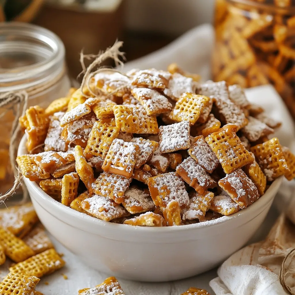 - 4 Tassen Reis-Chex-Cereal - 2 Tassen Mini-Pretzels - 1 Tasse semi-süße Schokoladenstückchen Die Hauptzutaten sind die Basis für unseren Karamell-Pretzel-Puppy-Chow. Reis-Chex-Cereal bringt eine knusprige Textur. Mini-Pretzels fügen einen salzigen Crunch hinzu. Die semi-süßen Schokoladenstückchen sorgen für eine leckere Süße. - 1/2 Tasse cremige Erdnussbutter - 1/4 Tasse ungesalzene Butter - 1 Tasse Karamellsauce Cremige Erdnussbutter macht die Mischung reichhaltig und cremig. Ungesalzene Butter hilft, alles gut zu vermischen. Karamellsauce ist der Star dieser Rezeptur und macht es unwiderstehlich süß. - 1 Tasse Puderzucker - 1/2 Teelöffel Meersalz - 1/2 Teelöffel Vanilleextrakt Puderzucker sorgt für eine süße, pudrige Schicht. Meersalz hebt den Geschmack hervor und gibt einen tollen Kontrast zur Süße. Vanilleextrakt bringt einen warmen, aromatischen Geschmack. {{ingredient_image_2}} - Vermengen der Cereals und Pretzels: Nimm eine große Schüssel. Gib die 4 Tassen Reis-Chex-Cereal und die 2 Tassen Mini-Pretzels hinein. Mische alles vorsichtig. Achte darauf, dass die Pretzels gleichmäßig verteilt sind. Beiseite stellen, während du die Schokolade schmilzt. - Schmelzen der Schokoladenmischung: Nimm eine mikrowellengeeignete Schüssel. Gib die 1 Tasse semi-süße Schokoladenstückchen, 1/2 Tasse cremige Erdnussbutter und 1/4 Tasse ungesalzene Butter hinein. Erhitze die Mischung in der Mikrowelle. Mach das in 30-Sekunden-Intervallen. Rühre zwischendurch um, bis alles glatt ist. - Hinzufügen der Karamellsauce und des Vanilleextrakts: Nimm die geschmolzene Schokoladenmischung. Gib 1 Tasse Karamellsauce und 1/2 Teelöffel Vanilleextrakt dazu. Rühre alles gut um, bis es gleichmäßig verteilt ist. - Unterheben der Cereals und Pretzels: Gieße die Schokoladenmischung über die Cereals und Pretzels. Mische vorsichtig, damit alles gut beschichtet ist. Streue 1/2 Teelöffel Meersalz darüber und hebe es erneut unter. - Abkühlen lassen und mit Puderzucker bestäuben: Lege die Mischung auf ein Backblech mit Backpapier. Verteile sie gleichmäßig. Lass alles etwa 10-15 Minuten abkühlen. Sobald es abgekühlt ist, gib die Mischung in eine große Schüssel. Bestäube alles mit 1 Tasse Puderzucker. Mische gut, bis alle Teile bedeckt sind. Um die Schokolade perfekt zu schmelzen, nutze die Mikrowelle. Erhitze die Mischung in 30-Sekunden-Intervallen. Rühre nach jedem Intervall um. So wird die Schokolade schön glatt und gleichmäßig. Du kannst auch weiße Schokolade oder Milchschokolade verwenden, wenn du eine andere Note magst. Um deinen Karamell-Pretzel-Puppy-Chow spannend zu gestalten, füge verschiedene Zutaten hinzu. Nüsse bringen Crunch und Geschmack. Du kannst auch andere Süßigkeiten wie M&Ms oder Schokoladenstückchen nutzen. Diese machen den Snack noch lustiger und bunter. Die Präsentation macht viel aus. Serviere den Puppy Chow in rustikalen Papiertüten oder klaren Glasbehältern. Binde sie mit einem schönen Twine. Das sieht toll aus und macht Spaß. Außerdem kannst du ein paar zerstoßene Pretzels oben drauf streuen. Das sorgt für einen extra Crunch und sieht ansprechend aus. Pro Tipps Verwende hochwertige Schokolade: Die Qualität der Schokolade hat einen großen Einfluss auf den Geschmack. Wähle semi-süße Schokoladenstückchen von guter Qualität für das beste Ergebnis. Variiere die Nüsse: Experimentiere mit verschiedenen Nüssen wie Mandeln oder Walnüssen, um zusätzliche Textur und Geschmack hinzuzufügen. Karamellsauce selbst machen: Für einen intensiveren Geschmack kannst du die Karamellsauce selbst zubereiten. Das verleiht deinem Puppy Chow eine persönliche Note. Für mehr Crunch: Füge zerstoßene Pretzels oder Nüsse als Topping hinzu, bevor du den Puderzucker darüber streust. Das sorgt für zusätzlichen Biss. {{image_4}} Du kannst mit verschiedenen Schokoladensorten spielen. Probiere Zartbitterschokolade oder weiße Schokolade. Jede Variante bringt einen neuen Geschmack. Wenn du Karamell magst, kannst du auch Honig oder Sirup verwenden. Das gibt deiner Mischung eine süße Note und macht sie besonders. Falls du Erdnüsse meiden musst, verwende Mandelbutter oder Sonnenblumenbutter. Diese sind lecker und sicher für Allergiker. Für eine glutenfreie Version nimm glutenfreie Cerealien und Pretzels. So kann jeder mitessen und genießen! Füge etwas Zimt oder Muskatnuss hinzu, um mehr Geschmack zu erhalten. Auch ein paar Tropfen Vanilleextrakt können die Mischung aufpeppen. Für eine besondere Note kannst du geröstete Kokosnuss oder Nüsse einstreuen. So wird dein Karamell-Pretzel-Puppy-Chow noch leckerer! Um deinen Karamell-Pretzel-Puppy-Chow frisch zu halten, wähle einen luftdichten Behälter. Kunststoffbehälter oder Glasbehälter sind ideal. Lagere den Behälter an einem kühlen, trockenen Ort. Vermeide Sonnenlicht, da dies die Frische beeinträchtigen kann. Dein Snack bleibt bis zu einer Woche bei Raumtemperatur frisch. Wenn du ihn länger aufbewahren möchtest, friere ihn ein. Gebe ihn in einen gefriergeeigneten Behälter und lagere ihn bis zu drei Monate im Gefrierfach. So bleibt der Geschmack erhalten. Achte auf Anzeichen für Verderb. Wenn der Snack weich wird oder einen seltsamen Geruch hat, ist es Zeit, ihn zu entsorgen. Um die Frische wiederherzustellen, lege den Snack für kurze Zeit in den Ofen bei niedriger Temperatur. So wird er wieder knusprig. Um Caramel Pretzel Puppy Chow vegan zu machen, verwende pflanzliche Zutaten. Ersetze die Erdnussbutter durch eine vegane Marke. Nutze pflanzliche Butter oder Kokosöl anstelle von ungesalzener Butter. Verwendest du vegane Schokoladenstückchen, bleibt die Mischung komplett vegan. Achte darauf, auch vegane Karamellsauce zu wählen. So bleibt der Snack lecker und tierfrei. Ja, du kannst andere Cerealien verwenden. Einige gute Alternativen sind Corn Chex oder Puffreis. Diese Optionen bieten eine andere Textur, aber der Geschmack bleibt toll. Experimentiere mit verschiedenen Cerealien, um neue Geschmäcker zu entdecken. Achte darauf, dass die Cerealien keine starken Aromen haben. So bleibt der Karamellgeschmack im Vordergrund. Ja, dieser Snack ist für Kinder geeignet. Achte jedoch auf die Zutaten. Halte die Karamellsauce und Schokoladenstückchen fern von kleinen Kindern, um Verschlucken zu vermeiden. Wenn du allergische Zutaten hast, wie Erdnüsse, ersetze sie durch Alternativen. Lass die Kinder beim Mischen helfen, das macht Spaß. Überwache sie beim Essen, um sicherzustellen, dass sie sicher genießen. Diese Anleitung zeigt, wie man Caramel Pretzel Puppy Chow zubereitet. Sie benötigt einfache Zutaten wie Reis-Chex-Cereal, Mini-Pretzels und cremige Erdnussbutter. Wichtig sind die Schritte zur perfekten Schmelze der Schokolade und die Karamellschicht. Variationen bieten kreativen Spielraum für individuelle Geschmäcker und Allergien. Mit den richtigen Lagerhinweisen bleibt der Snack frisch. Experimentiere mit Zutaten und präsentiere dein Ergebnis ansprechend. Es macht Spaß, neue Rezepte auszuprobieren und diese Leckerei mit Freunden zu teilen. Viel Spaß beim Kochen!