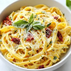 Für dieses einfache Rezept benötigst du folgende Hauptzutaten: - 225 g Pasta (Fettuccine oder Penne) - 250 ml in Öl eingelegte getrocknete Tomaten, abgetropft und grob gehackt - 250 ml Schlagsahne - 50 g frisch geriebener Parmesan - 2 Knoblauchzehen, fein gehackt - 1 Teelöffel italienische Kräuter - Salz und Pfeffer nach Geschmack - 2 Esslöffel Olivenöl - Frische Basilikumblätter zur Garnitur Die Pasta ist die Basis und gibt dem Gericht seinen Charakter. Die getrockneten Tomaten bringen viel Geschmack. Die Schlagsahne macht die Sauce schön cremig. Du kannst einige optionale Zutaten hinzufügen, um das Gericht zu verfeinern: - Chili-Flocken für einen scharfen Kick - Geröstete Pinienkerne für Crunch - Spinat für zusätzliche Frische - Oliven für eine salzige Note Diese Zutaten bringen neue Geschmäcker und Texturen in dein Gericht. Sie machen die Pasta noch spannender. Wenn du einige Zutaten nicht hast, gibt es Alternativen: - Anstelle von Schlagsahne kannst du auch Kokosmilch verwenden. - Parmesan kann durch einen anderen Hartkäse ersetzt werden. - Für glutenfreie Varianten nutze glutenfreie Pasta. Diese Alternativen passen gut zu deinem Gericht. Sie helfen dir, das Rezept nach deinem Geschmack anzupassen. {{ingredient_image_2}} Um die Pasta zu kochen, bringe zuerst einen großen Topf mit gesalzenem Wasser zum Kochen. Füge dann 225 g Pasta, wie Fettuccine oder Penne, hinzu. Koche die Pasta nach der Packungsanleitung bis sie al dente ist. Achte darauf, 120 ml vom Nudelwasser aufzuheben, bevor du die Pasta abgießt. Lass die Pasta kurz beiseite. Erhitze 2 Esslöffel Olivenöl in einer großen Pfanne bei mittlerer Hitze. Füge 2 fein gehackte Knoblauchzehen hinzu und brate sie für etwa 1 Minute an, bis sie duften. Jetzt kommt der spannende Teil: Rühre 250 ml grob gehackte, in Öl eingelegte getrocknete Tomaten ein. Brate alles für weitere 2 bis 3 Minuten, bis sich die Aromen gut verbinden. Reduziere die Hitze und gieße 250 ml Schlagsahne in die Pfanne. Rühre ständig, bis die Sahne anfängt zu köcheln. Nun füge 50 g frisch geriebenen Parmesan und 1 Teelöffel italienische Kräuter hinzu. Lass alles unter Rühren schmelzen, bis die Sauce eindickt, das dauert etwa 3 bis 5 Minuten. Ist die Sauce zu dick? Dann kannst du etwas vom reservierten Nudelwasser hinzufügen, um die perfekte Konsistenz zu erreichen. Um die perfekte Konsistenz der Sauce zu erreichen, ist es wichtig, die Sahne langsam zu erhitzen. Gießen Sie die Schlagsahne in die Pfanne und rühren Sie ständig um. So vermeiden Sie, dass die Sauce zu dick wird. Wenn die Sauce zu dick ist, fügen Sie etwas vom reservierten Nudelwasser hinzu. Das Wasser gibt der Sauce einen schönen Glanz und hilft, die Textur zu verbessern. - Do: Kochen Sie die Pasta in gut gesalzenem Wasser. Salz verbessert den Geschmack der Pasta. - Do: Achten Sie darauf, die Pasta al dente zu kochen. So hat sie einen schönen Biss. - Don't: Lassen Sie die Pasta nicht zu lange kochen. Sie wird matschig und verliert ihren Geschmack. - Don't: Spülen Sie die Pasta nicht nach dem Kochen ab. Das entfernt die Stärke, die die Sauce hält. Für dieses Rezept benötigen Sie einige wichtige Utensilien: - Ein großer Topf für die Pasta - Eine große Pfanne für die Sauce - Ein Schneidebrett zum Hacken der Zutaten - Ein scharfes Messer für den Knoblauch und die Tomaten - Eine Kelle oder Zange, um die Pasta zu servieren Mit diesen Tipps und Tricks wird Ihre cremige Sun-Dried Tomato Pasta zu einem echten Genuss! Pro Tipps Wassertemperatur beachten: Stellen Sie sicher, dass das Wasser zum Kochen kommt, bevor Sie die Pasta hinzufügen. So bleibt die Pasta schön al dente. Frische Zutaten verwenden: Für noch mehr Geschmack können Sie frische Tomaten anstelle von getrockneten verwenden. Diese bringen zusätzliche Frische in das Gericht. Variieren Sie die Kräuter: Experimentieren Sie mit verschiedenen Kräutern wie frischem Oregano oder Thymian, um den Geschmack nach Ihrem Belieben anzupassen. Sauce richtig abschmecken: Warten Sie mit dem Würzen der Sauce, bis Sie die Pasta hinzugefügt haben. So können Sie die Aromen besser anpassen. {{image_4}} Für eine vegane Version der cremigen Pasta können Sie die Schlagsahne durch Kokosmilch ersetzen. Sie gibt einen leichten, süßen Geschmack. Für den Käse verwenden Sie eine vegane Käsealternative. Achten Sie darauf, dass auch die getrockneten Tomaten ohne tierische Produkte sind. Diese Anpassungen machen das Gericht für Veganer lecker und befriedigend. Wenn Sie etwas mehr Kick möchten, fügen Sie Chili-Flocken oder frische, gehackte Chilis hinzu. Starten Sie mit einer kleinen Menge und probieren Sie es aus. Sie können den Schärfegrad leicht anpassen. Ein Spritzer Zitronensaft kann ebenfalls helfen, die Aromen zu entfalten und das Gericht aufzupeppen. Sie können das Rezept leicht anpassen. Fügen Sie Spinat oder Erbsen für mehr Farbe und Nährstoffe hinzu. Wenn Sie glutenfrei essen, verwenden Sie glutenfreie Pasta. Für eine Proteinquelle können Sie gebratene Hähnchenstücke oder Garnelen hinzufügen. Diese Variationen machen das Gericht vielseitig und anpassbar an viele Diäten. Um die Reste deiner cremigen Pasta mit getrockneten Tomaten gut zu lagern, starte mit einem luftdichten Behälter. Lass die Pasta zuerst auf Raumtemperatur abkühlen. Fülle dann den Behälter und schließe ihn gut. So bleibt die Pasta frisch und lecker. Wenn du die Pasta wieder aufwärmen möchtest, nutze eine Pfanne. Füge etwas Olivenöl oder Butter hinzu. Erhitze die Pasta bei mittlerer Hitze. Rühre oft um, damit sie gleichmäßig warm wird. Du kannst auch etwas Sahne oder Nudelwasser hinzufügen, um die Sauce wieder cremig zu machen. Im Kühlschrank hält sich die Pasta etwa 3 bis 4 Tage. Achte darauf, sie gut zu lagern. Im Gefrierfach kann die Pasta bis zu 3 Monate bleiben. Stelle sicher, dass du sie in einem geeigneten Behälter aufbewahrst. Wenn du die Reste aufwärmst, achte darauf, dass sie gut durchgeheizt werden. Die Zubereitung dauert etwa 25 Minuten. Die Pasta selbst braucht etwa 10 Minuten zum Kochen. In der Zwischenzeit kannst du die Sauce zubereiten. Das macht alles schnell und einfach. Du hast in kurzer Zeit ein leckeres Gericht. Ja, du kannst frische Tomaten verwenden. Frische Tomaten bringen einen anderen Geschmack. Du solltest sie jedoch vorher blanchieren und schälen. Das ist wichtig, damit sie gut in die Sauce passen. Denke daran, die frischen Tomaten gut zu würzen. Zu dieser Pasta passen viele Beilagen. Hier sind einige Ideen: - Ein frischer grüner Salat - Geröstetes Gemüse - Knoblauchbrot - Ein leichter Weißwein Diese Beilagen ergänzen die cremige Pasta perfekt. Sie bringen mehr Geschmack auf den Tisch. Cremige Pasta ist einfach zuzubereiten und macht viel Spaß. Wir haben die besten Zutaten, eine Schritt-für-Schritt-Anleitung und wertvolle Tipps besprochen. Du kannst Variationen für jeden Geschmack ausprobieren. Reste lassen sich gut lagern und schnell wieder aufwärmen. Ich hoffe, diese Tipps helfen dir, deine Pasta-Gerichte zu verbessern und frisch zu halten. Koche, genieße und experimentiere!