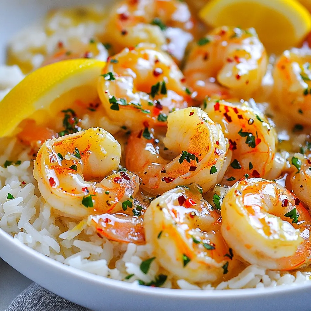 Für dein Zitronen-Knoblauch-Butter-Shrimps-Gericht brauchst du folgende Hauptzutaten: - 450 g große Shrimps, geschält und entdarmt - 60 g ungesalzene Butter - 4 Zehen Knoblauch, fein gehackt - Schale und Saft von 1 Zitrone - 1 Teelöffel rote Pfefferflocken (nach Geschmack anpassen) Diese Zutaten bilden die Basis für einen tollen Geschmack. Achte darauf, frische Shrimps zu wählen. Sie sind saftiger und haben einen besseren Geschmack als tiefgefrorene. Um das Gericht abzurunden, verwende diese Gewürze und Kräuter: - Salz und schwarzer Pfeffer nach Geschmack - 1/4 Tasse frische Petersilie, gehackt - 1/2 Teelöffel geräuchertes Paprikapulver (optional) Die Petersilie sorgt für frische und Farbe. Das geräucherte Paprikapulver bringt ein wenig Tiefe in den Geschmack. Du kannst die Zitronen-Knoblauch-Butter-Shrimps mit gekochtem Reis oder Pasta servieren. Beide Optionen sind lecker und passen gut zu der sauce. Reis ist eine leichtere Wahl, während Pasta mehr Fülle gibt. Wähle das, was dir besser gefällt! {{ingredient_image_2}} Zuerst bereiten wir die Shrimps vor. Verwende große, frische Shrimps. Diese sind saftiger. Du musst die Schale entfernen und den Darm herausnehmen. Spüle die Shrimps dann unter kaltem Wasser ab. Trockne sie mit einem Küchentuch. So bleibt das Gericht nicht zu wässrig. Jetzt kommen Butter und Knoblauch. Nimm eine große Pfanne und schmelze 30 g der Butter bei mittlerer Hitze. Füge die fein gehackten Knoblauchzehen hinzu. Brate sie 1-2 Minuten lang an. Du willst, dass der Knoblauch duftet, aber nicht verbrennt. Wenn er bräunlich wird, schmeckt es bitter. Erhöhe die Hitze auf mittelhoch. Gib die vorbereiteten Shrimps in die Pfanne. Würze sie mit Salz, Pfeffer und optionalem Paprikapulver. Achte darauf, die roten Pfefferflocken nach deinem Geschmack anzupassen. Gar die Shrimps 2-3 Minuten auf einer Seite. Sie sollten rosa werden und leicht krümelig aussehen. Wende die Shrimps dann und füge die Zitronenschale und den Zitronensaft hinzu. Zum Schluss gib die restliche Butter in die Pfanne. Rühre sanft um, um die Aromen zu kombinieren. Gar die Shrimps 1-2 Minuten weiter. Sie sind fertig, wenn sie durchgegart sind und die Sauce sie umhüllt. Nimm die Pfanne vom Herd. Mische die gehackte Petersilie unter. Diese bringt Frische ins Gericht. Serviere die Shrimps über gekochtem Reis oder Pasta. Träufle die restliche Sauce darüber. Um zu verhindern, dass der Knoblauch verbrennt, gilt es, auf die Hitze zu achten. Ich empfehle, die Pfanne auf mittlerer Hitze zu verwenden. Schmelzen Sie die Butter langsam und fügen Sie den Knoblauch hinzu, sobald die Butter geschmolzen ist. Rühren Sie den Knoblauch ständig um und achten Sie darauf, dass er nicht zu dunkel wird. Ein guter Trick ist, den Knoblauch nur etwa 1-2 Minuten zu braten, bis er duftet. Wenn er goldbraun ist, ist er perfekt! Um die Shrimps zart und saftig zu halten, ist Timing wichtig. Überkochen Sie die Shrimps nicht! Kochen Sie sie nur 2-3 Minuten auf einer Seite, bis sie rosa werden. Wenden Sie sie vorsichtig und fügen Sie dann die Zitronenbutter hinzu. Die Resthitze sorgt dafür, dass die Shrimps zart bleiben. Wenn Sie frische Shrimps verwenden, sind sie meist saftiger. Achten Sie darauf, die Shrimps nicht länger als nötig zu garen. Fügen Sie frische Kräuter wie Basilikum oder Oregano hinzu, um mehr Geschmack zu erhalten. Sie können auch ein wenig Weißwein in die Pfanne geben, nachdem der Knoblauch gebraten ist. Dies verleiht der Sauce eine zusätzliche Tiefe. Wenn Sie es schärfer mögen, probieren Sie mehr rote Pfefferflocken oder frische Chilis. Gemüse wie Spargel oder Paprika passen auch gut dazu und bringen Farbe auf den Teller. Pro Tipps Frische Shrimps: Verwenden Sie immer frische oder tiefgefrorene Shrimps, um den besten Geschmack zu erzielen. Achten Sie darauf, dass sie gut geschält und entdarmt sind. Knoblauch nicht verbrennen: Braten Sie den Knoblauch nur kurz an, bis er duftet. Übermäßiges Braten kann ihn bitter machen und den gesamten Geschmack des Gerichts beeinträchtigen. Würze anpassen: Passen Sie die Menge der roten Pfefferflocken an Ihren persönlichen Schärfewunsch an. Beginnen Sie mit weniger und fügen Sie nach Bedarf mehr hinzu. Sauce nicht reduzieren: Stellen Sie sicher, dass Sie die Shrimps nur so lange garen, bis sie rosa und fest sind. Überkochen macht sie zäh und die Sauce bleibt cremig. {{image_4}} Für eine mediterrane Note kannst du frische Tomaten und Oliven hinzufügen. Diese Zutaten bringen Farbe und Geschmack. Du kannst auch etwas Weißwein in die Pfanne geben. Das gibt der Sauce mehr Tiefe. Vergiss nicht, die Zitrone und den Knoblauch beizubehalten. Sie sind die Stars des Gerichts. Wenn du die Shrimps ersetzen möchtest, sind Blumenkohl und Pilze tolle Optionen. Blumenkohl hat eine feste Textur und nimmt die Aromen gut auf. Pilze bringen einen herzhaften Geschmack. Du kannst beide Zutaten einfach in der Pfanne anbraten. Folge dem gleichen Rezept und genieße die neue Variante. Für schärfere Shrimps kannst du die Menge der roten Pfefferflocken erhöhen. Probiere es mit frischen Chilis für zusätzlichen Kick. Wenn du es milder magst, reduziere die Pfefferflocken. So kannst du das Gericht an deinen Geschmack anpassen. Schärfe macht das Essen aufregender! Es ist wichtig, die Shrimps richtig zu lagern. Lassen Sie die Reste zuerst abkühlen. Dann legen Sie die Shrimps in einen luftdichten Behälter. Sie können sie im Kühlschrank aufbewahren. Achten Sie darauf, sie innerhalb von zwei Tagen zu essen. Zum Aufwärmen können Sie die Shrimps in einer Pfanne auf mittlerer Hitze erhitzen. Fügen Sie ein wenig Butter oder Öl hinzu. So bleibt der Geschmack frisch. Um den Geschmack der Reste zu erhalten, vermeiden Sie direkte Hitze. Erwärmen Sie die Shrimps sanft, um Trockenheit zu verhindern. Eine weitere Möglichkeit ist, einen Spritzer Zitronensaft hinzuzufügen. Das bringt den frischen Geschmack zurück. Wenn möglich, halten Sie die Sauce separat. So bleibt alles saftig und lecker. Die Shrimps sind im Kühlschrank für maximal zwei Tage gut. Nach dieser Zeit können sie verderben. Achten Sie darauf, dass sie nicht unangenehm riechen oder eine andere Farbe haben. Wenn Sie die Shrimps länger aufbewahren möchten, können Sie sie einfrieren. So halten sie sich bis zu drei Monate. Achten Sie darauf, sie in einem gefrierfesten Behälter zu lagern. Das Garen der Shrimps dauert nur etwa 5 Minuten. Zuerst braten Sie sie 2-3 Minuten auf einer Seite. Dann drehen Sie sie um und fügen Zitronensaft und Butter hinzu. Lassen Sie sie weitere 1-2 Minuten garen, bis sie rosa und fest sind. So werden die Shrimps zart und saftig. Ja, gefrorene Shrimps sind eine gute Wahl. Lassen Sie sie vorher auftauen. Am besten legen Sie sie über Nacht in den Kühlschrank. Wenn Sie es eilig haben, können Sie sie kurz in kaltem Wasser auftauen. Achten Sie darauf, die Shrimps gut abzutrocknen, bevor Sie sie in die Pfanne geben. Wenn Sie keine Butter verwenden möchten, probieren Sie Olivenöl oder Margarine. Diese Optionen geben dem Gericht einen anderen Geschmack, aber sie funktionieren gut. Sie können auch Kokosöl verwenden, um eine neue Note zu erreichen. Wählen Sie das, was Ihnen am besten schmeckt! Zitronen-Knoblauch-Butter-Shrimps sind einfach und lecker. Wir haben die Hauptzutaten, Gewürze und die besten Servieroptionen besprochen. Die Schritt-für-Schritt-Anleitung macht das Kochen leicht. Tipps und Tricks helfen dir, perfekte Shrimps zu bekommen. Du kannst Variationen ausprobieren, um neue Geschmäcker zu erleben. Denk daran, die Reste richtig zu lagern, damit sie frisch bleiben. Mit diesem Wissen bist du bereit, ein köstliches Gericht zu zaubern, das jedem schmeckt. Viel Spaß beim Kochen!